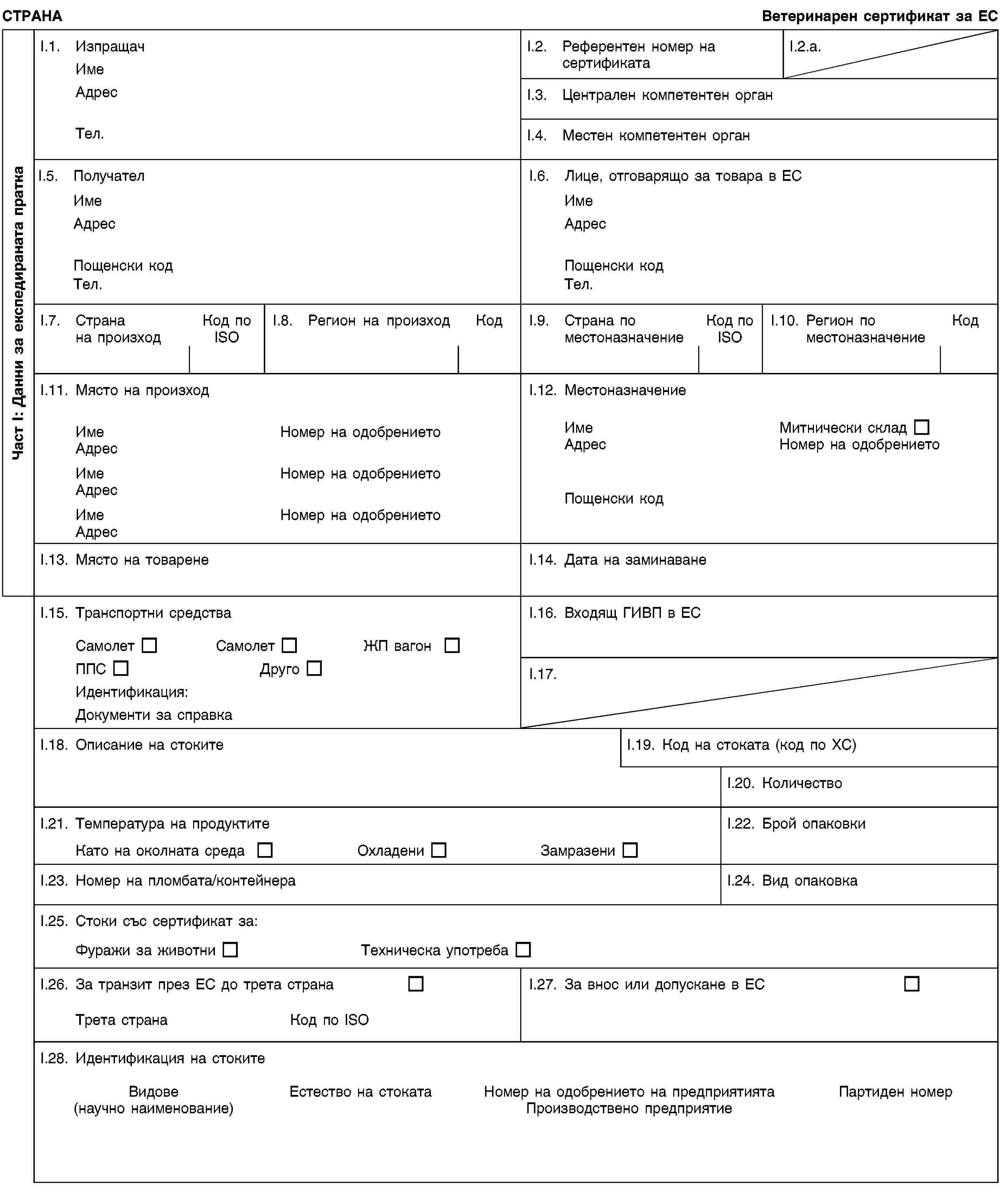 Част I: Данни за експедираната праткаСТРАНАВетеринарен сертификат за ЕСI.1. ИзпращачИмеАдресТел.I.2. Референтен номер на сертификатаI.2.a.I.3. Централен компетентен органI.4. Местен компетентен органI.5. ПолучателИмеАдресПощенски кодТел.I.6. Лице, отговарящо за товара в ЕСИмеАдресПощенски кодТел.I.7. Страна на произходКод по ISOI.8. Регион на произходКодI.9. Страна по местоназначениеКод по ISOI.10. Регион по местоназначениеКодI.11. Място на произходИмеНомер на одобрениетоАдресИмеНомер на одобрениетоАдресИмеНомер на одобрениетоАдресI.12. МестоназначениеИмеМитнически складАдресНомер на одобрениетоПощенски кодI.13. Място на товаренеI.14. Дата на заминаванеI.15. Транспортни средстваСамолетСамолетЖП вагонППСДругоИдентификация:Документи за справкаI.16. Входящ ГИВП в ЕСI.17.I.18. Описание на стокитеI.19. Код на стоката (код по ХС)I.20. КоличествоI.21. Температура на продуктитеКато на околната средаОхладениЗамразениI.22. Брой опаковкиI.23. Номер на пломбата/контейнераI.24. Вид опаковкаI.25. Стоки със сертификат за:Фуражи за животниТехническа употребаI.26. За транзит през ЕС до трета странаТрета странаКод по ISOI.27. За внос или допускане в ЕСI.28. Идентификация на стокитеВидове(научно наименование)Естество на стокатаНомер на одобрението на предприятиятаПроизводствено предприятиеПартиден номер
