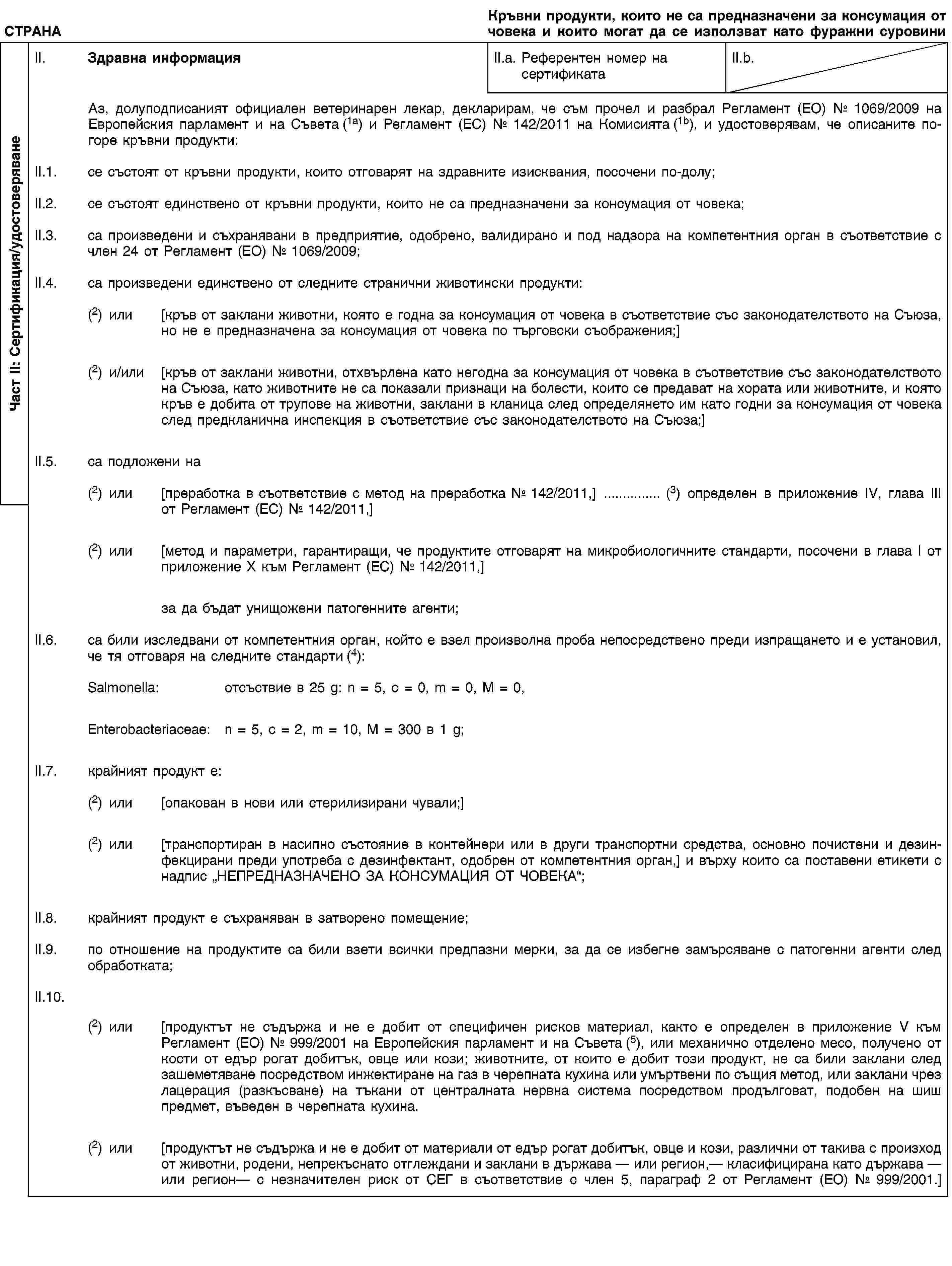 Част II: Сертификация/удостоверяванеСТРАНАКръвни продукти, които не са предназначени за консумация от човека и които могат да се използват като фуражни суровиниII. Здравна информацияII.a. Референтен номер на сертификатаII.b.Аз, долуподписаният официален ветеринарен лекар, декларирам, че съм прочел и разбрал Регламент (ЕО) № 1069/2009 на Европейския парламент и на Съвета (1a) и Регламент (ЕС) № 142/2011 на Комисията (1b), и удостоверявам, че описаните по-горе кръвни продукти:II.1. се състоят от кръвни продукти, които отговарят на здравните изисквания, посочени по-долу;II.2. се състоят единствено от кръвни продукти, които не са предназначени за консумация от човека;II.3. са произведени и съхранявани в предприятие, одобрено, валидирано и под надзора на компетентния орган в съответствие с член 24 от Регламент (ЕО) № 1069/2009;II.4. са произведени единствено от следните странични животински продукти:(2) или [кръв от заклани животни, която е годна за консумация от човека в съответствие със законодателството на Съюза, но не е предназначена за консумация от човека по търговски съображения;](2) и/или [кръв от заклани животни, отхвърлена като негодна за консумация от човека в съответствие със законодателството на Съюза, като животните не са показали признаци на болести, които се предават на хората или животните, и която кръв е добита от трупове на животни, заклани в кланица след определянето им като годни за консумация от човека след предкланична инспекция в съответствие със законодателството на Съюза;]II.5. са подложени на(2) или [преработка в съответствие с метод на преработка № 142/2011,] … (3) определен в приложение IV, глава III от Регламент (ЕС) № 142/2011,](2) или [метод и параметри, гарантиращи, че продуктите отговарят на микробиологичните стандарти, посочени в глава I от приложение X към Регламент (ЕС) № 142/2011,]за да бъдат унищожени патогенните агенти;II.6. са били изследвани от компетентния орган, който е взел произволна проба непосредствено преди изпращането и е установил, че тя отговаря на следните стандарти (4):Salmonella: отсъствие в 25 g: n = 5, c = 0, m = 0, M = 0,Enterobacteriaceae: n = 5, c = 2, m = 10, M = 300 в 1 g;II.7. крайният продукт е:(2) или [опакован в нови или стерилизирани чували;](2) или [транспортиран в насипно състояние в контейнери или в други транспортни средства, основно почистени и дезинфекцирани преди употреба с дезинфектант, одобрен от компетентния орган,] и върху които са поставени етикети с надпис „НЕПРЕДНАЗНАЧЕНО ЗА КОНСУМАЦИЯ ОТ ЧОВЕКА“;II.8. крайният продукт е съхраняван в затворено помещение;II.9. по отношение на продуктите са били взети всички предпазни мерки, за да се избегне замърсяване с патогенни агенти след обработката;II.10.(2) или [продуктът не съдържа и не е добит от специфичен рисков материал, както е определен в приложение V към Регламент (ЕО) № 999/2001 на Европейския парламент и на Съвета (5), или механично отделено месо, получено от кости от едър рогат добитък, овце или кози; животните, от които е добит този продукт, не са били заклани след зашеметяване посредством инжектиране на газ в черепната кухина или умъртвени по същия метод, или заклани чрез лацерация (разкъсване) на тъкани от централната нервна система посредством продълговат, подобен на шиш предмет, въведен в черепната кухина.(2) или [продуктът не съдържа и не е добит от материали от едър рогат добитък, овце и кози, различни от такива с произход от животни, родени, непрекъснато отглеждани и заклани в държава — или регион,— класифицирана като държава — или регион— с незначителен риск от СЕГ в съответствие с член 5, параграф 2 от Регламент (ЕО) № 999/2001.]