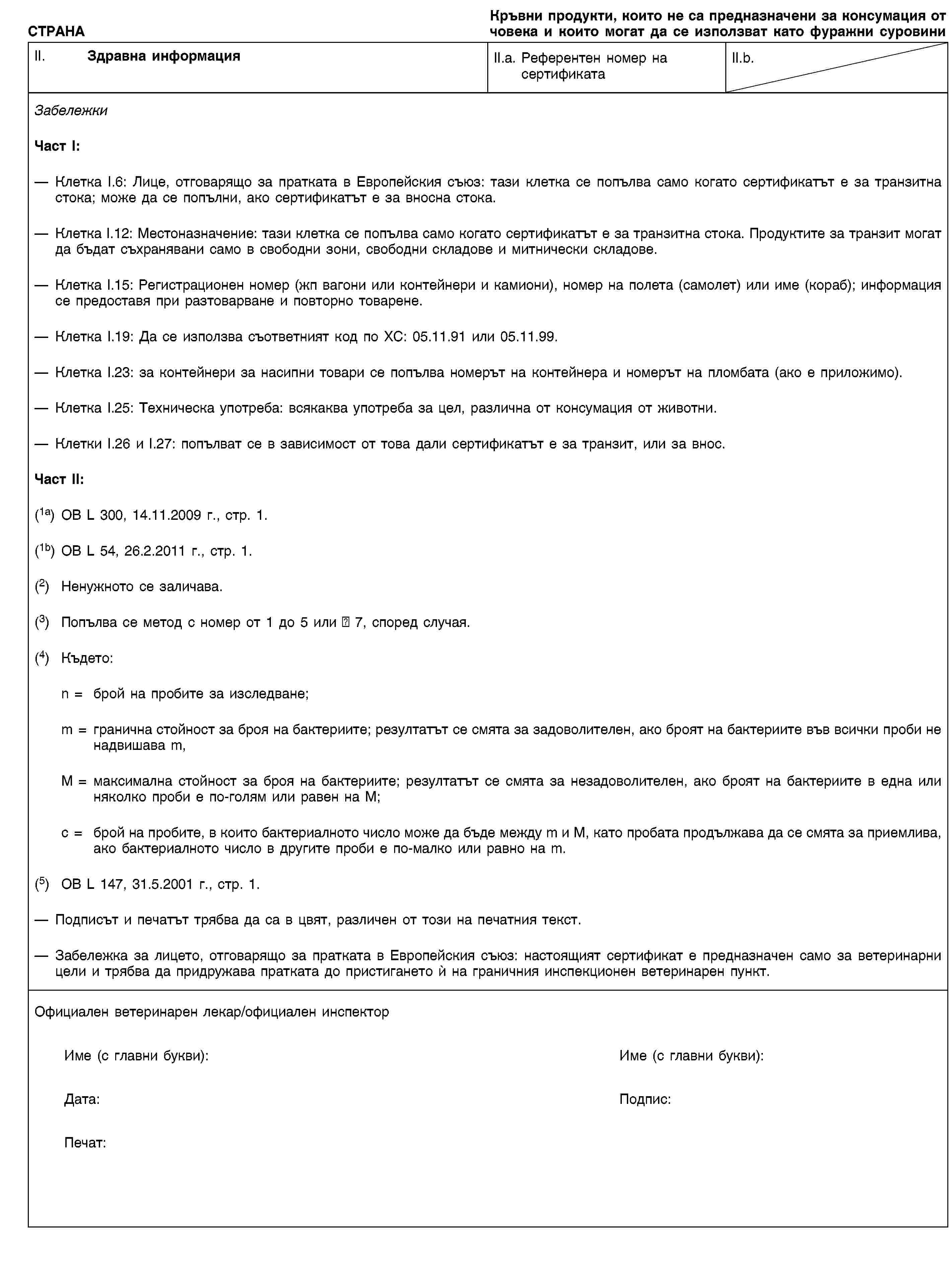 СТРАНАКръвни продукти, които не са предназначени за консумация от човека и които могат да се използват като фуражни суровиниII. Здравна информацияII.a. Референтен номер на сертификатаII.b.ЗабележкиЧаст I:Клетка I.6: Лице, отговарящо за пратката в Европейския съюз: тази клетка се попълва само когато сертификатът е за транзитна стока; може да се попълни, ако сертификатът е за вносна стока.Клетка I.12: Местоназначение: тази клетка се попълва само когато сертификатът е за транзитна стока. Продуктите за транзит могат да бъдат съхранявани само в свободни зони, свободни складове и митнически складове.Клетка I.15: Регистрационен номер (жп вагони или контейнери и камиони), номер на полета (самолет) или име (кораб); информация се предоставя при разтоварване и повторно товарене.Клетка I.19: Да се използва съответният код по ХС: 05.11.91 или 05.11.99.Клетка I.23: за контейнери за насипни товари се попълва номерът на контейнера и номерът на пломбата (ако е приложимо).Клетка I.25: Техническа употреба: всякаква употреба за цел, различна от консумация от животни.Клетки I.26 и I.27: попълват се в зависимост от това дали сертификатът е за транзит, или за внос.Част II:(1a) ОВ L 300, 14.11.2009 г., стр. 1.(1b) ОВ L 54, 26.2.2011 г., стр. 1.(2) Ненужното се заличава.(3) Попълва се метод с номер от 1 до 5 или № 7, според случая.(4) Където:n = брой на пробите за изследване;m = гранична стойност за броя на бактериите; резултатът се смята за задоволителен, ако броят на бактериите във всички проби не надвишава m,M = максимална стойност за броя на бактериите; резултатът се смята за незадоволителен, ако броят на бактериите в една или няколко проби е по-голям или равен на M;c = брой на пробите, в които бактериалното число може да бъде между m и M, като пробата продължава да се смята за приемлива, ако бактериалното число в другите проби е по-малко или равно на m.(5) ОВ L 147, 31.5.2001 г., стр. 1.Подписът и печатът трябва да са в цвят, различен от този на печатния текст.Забележка за лицето, отговарящо за пратката в Европейския съюз: настоящият сертификат е предназначен само за ветеринарни цели и трябва да придружава пратката до пристигането ѝ на граничния инспекционен ветеринарен пункт.Официален ветеринарен лекар/официален инспекторИме (с главни букви):Име (с главни букви):Дата:Подпис:Печат: