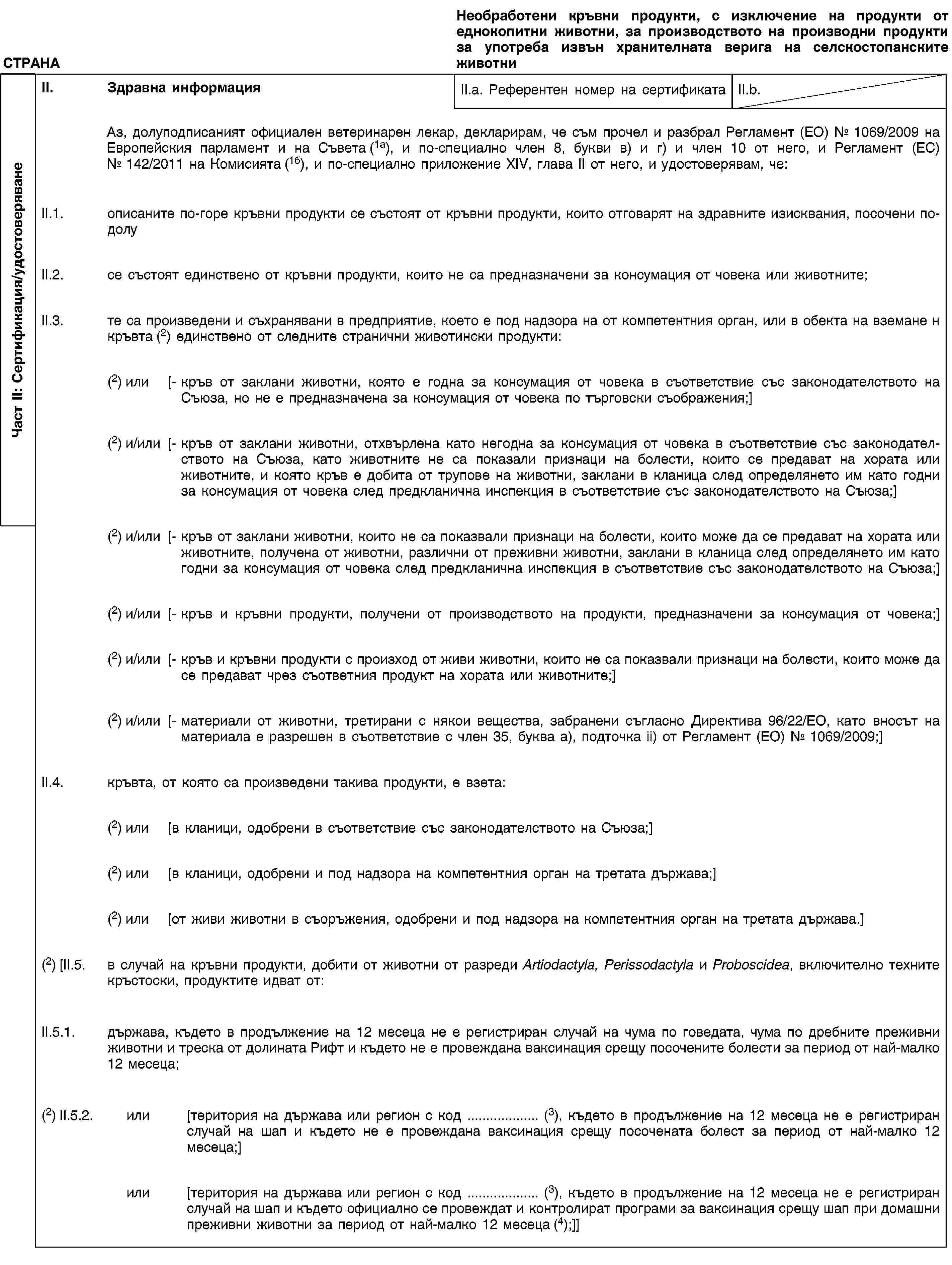 Част II: Сертификация/удостоверяванеСТРАНАНеобработени кръвни продукти, с изключение на продукти от еднокопитни животни, за производството на производни продукти за употреба извън хранителната верига на селскостопанските животниII. Здравна информацияII.a. Референтен номер на сертификатаII.b.Аз, долуподписаният официален ветеринарен лекар, декларирам, че съм прочел и разбрал Регламент (ЕО) № 1069/2009 на Европейския парламент и на Съвета (1а), и по-специално член 8, букви в) и г) и член 10 от него, и Регламент (ЕС) № 142/2011 на Комисията (1б), и по-специално приложение XIV, глава II от него, и удостоверявам, че:II.1. описаните по-горе кръвни продукти се състоят от кръвни продукти, които отговарят на здравните изисквания, посочени по-долуII.2. се състоят единствено от кръвни продукти, които не са предназначени за консумация от човека или животните;II.3. те са произведени и съхранявани в предприятие, което е под надзора на от компетентния орган, или в обекта на вземане н кръвта (2) единствено от следните странични животински продукти:(2) или [- кръв от заклани животни, която е годна за консумация от човека в съответствие със законодателството на Съюза, но не е предназначена за консумация от човека по търговски съображения;](2) и/или [- кръв от заклани животни, отхвърлена като негодна за консумация от човека в съответствие със законодателството на Съюза, като животните не са показали признаци на болести, които се предават на хората или животните, и която кръв е добита от трупове на животни, заклани в кланица след определянето им като годни за консумация от човека след предкланична инспекция в съответствие със законодателството на Съюза;](2) и/или [- кръв от заклани животни, които не са показвали признаци на болести, които може да се предават на хората или животните, получена от животни, различни от преживни животни, заклани в кланица след определянето им като годни за консумация от човека след предкланична инспекция в съответствие със законодателството на Съюза;](2) и/или [- кръв и кръвни продукти, получени от производството на продукти, предназначени за консумация от човека;](2) и/или [- кръв и кръвни продукти с произход от живи животни, които не са показвали признаци на болести, които може да се предават чрез съответния продукт на хората или животните;](2) и/или [- материали от животни, третирани с някои вещества, забранени съгласно Директива 96/22/ЕО, като вносът на материала е разрешен в съответствие с член 35, буква а), подточка ii) от Регламент (ЕО) № 1069/2009;]II.4. кръвта, от която са произведени такива продукти, е взета:(2) или [в кланици, одобрени в съответствие със законодателството на Съюза;](2) или [в кланици, одобрени и под надзора на компетентния орган на третата държава;](2) или [от живи животни в съоръжения, одобрени и под надзора на компетентния орган на третата държава.](2) [II.5. в случай на кръвни продукти, добити от животни от разреди Artiodactyla, Perissodactyla и Proboscidea, включително техните кръстоски, продуктите идват от:II.5.1. държава, където в продължение на 12 месеца не е регистриран случай на чума по говедата, чума по дребните преживни животни и треска от долината Рифт и където не е провеждана ваксинация срещу посочените болести за период от най-малко 12 месеца;(2) II.5.2. или [територия на държава или регион с код … (3), където в продължение на 12 месеца не е регистриран случай на шап и където не е провеждана ваксинация срещу посочената болест за период от най-малко 12 месеца;]или [територия на държава или регион с код … (3), където в продължение на 12 месеца не е регистриран случай на шап и където официално се провеждат и контролират програми за ваксинация срещу шап при домашни преживни животни за период от най-малко 12 месеца (4);]]