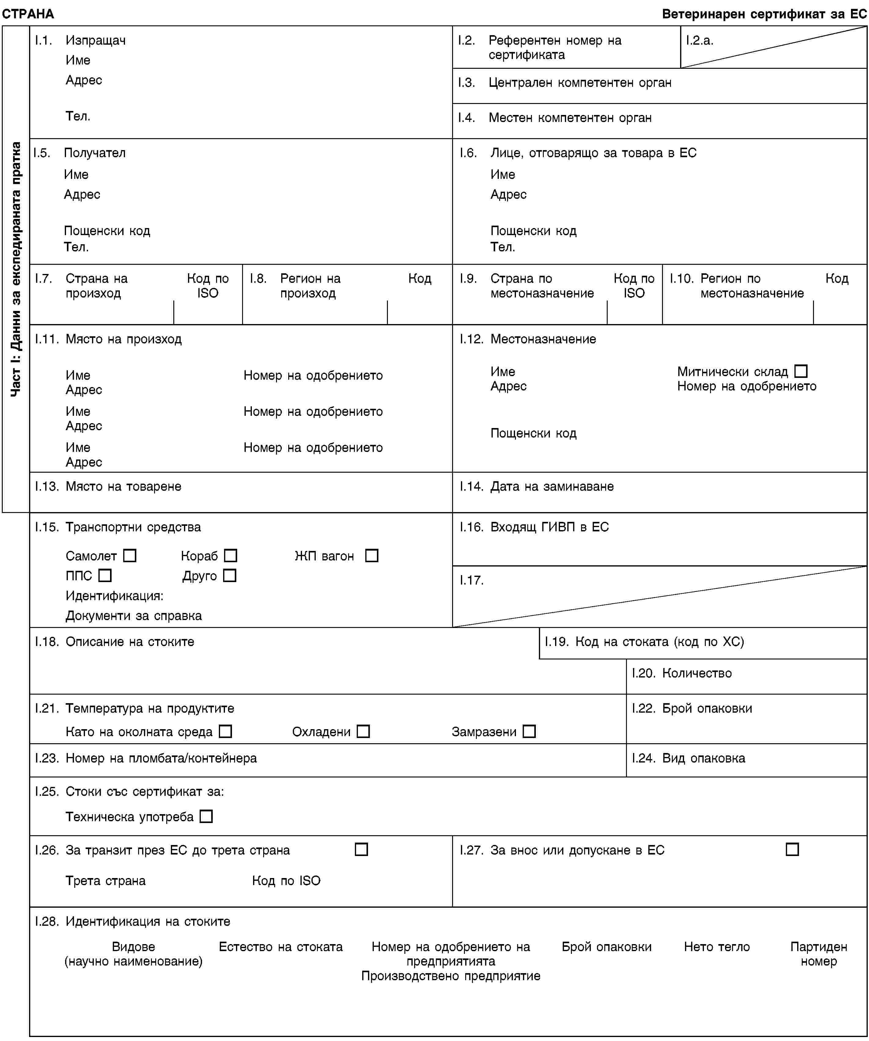 Част I: Данни за експедираната праткаСТРАНАВетеринарен сертификат за ЕСI.1. ИзпращачИмеАдресТел.I.2. Референтен номер на сертификатаI.2.a.I.3. Централен компетентен органI.4. Местен компетентен органI.5. ПолучателИмеАдресПощенски кодТел.I.6. Лице, отговарящо за товара в ЕСИмеАдресПощенски кодТел.I.7. Страна на произходКод по ISOI.8. Регион на произходКодI.9. Страна по местоназначениеКод по ISOI.10. Регион по местоназначениеКодI.11. Място на произходИмеНомер на одобрениетоАдресИмеНомер на одобрениетоАдресИмеНомер на одобрениетоАдресI.12. МестоназначениеИмеМитнически складАдресНомер на одобрениетоПощенски кодI.13. Място на товаренеI.14. Дата на заминаванеI.15. Транспортни средстваСамолетКорабЖП вагонППСДругоИдентификация:Документи за справкаI.16. Входящ ГИВП в ЕСI.17.I.18. Описание на стокитеI.19. Код на стоката (код по ХС)I.20. КоличествоI.21. Температура на продуктитеКато на околната средаОхладениЗамразениI.22. Брой опаковкиI.23. Номер на пломбата/контейнераI.24. Вид опаковкаI.25. Стоки със сертификат за:Техническа употребаI.26. За транзит през ЕС до трета странаТрета странаКод по ISOI.27. За внос или допускане в ЕСI.28. Идентификация на стокитеВидове(научно наименование)Естество на стокатаНомер на одобрението на предприятиятаПроизводствено предприятиеБрой опаковкиНето теглоПартиден номер