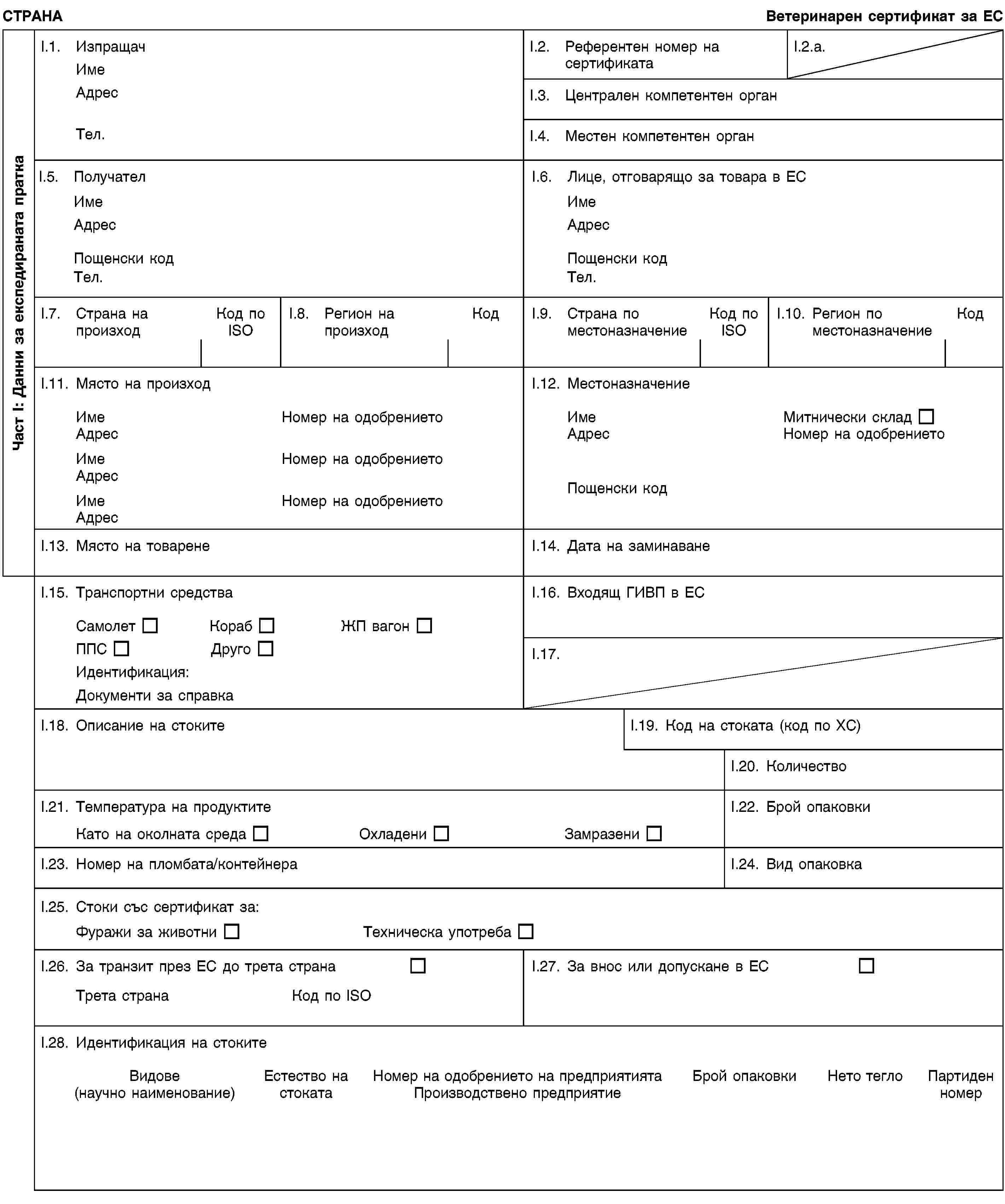 Част I: Данни за експедираната праткаСТРАНАВетеринарен сертификат за ЕСI.1. ИзпращачИмеАдресТел.I.2. Референтен номер на сертификатаI.2.a.I.3. Централен компетентен органI.4. Местен компетентен органI.5. ПолучателИмеАдресПощенски кодТел.I.6. Лице, отговарящо за товара в ЕСИмеАдресПощенски кодТел.I.7. Страна на произходКод по ISOI.8. Регион на произходКодI.9. Страна по местоназначениеКод по ISOI.10. Регион по местоназначениеКодI.11. Място на произходИмеНомер на одобрениетоАдресИмеНомер на одобрениетоАдресИмеНомер на одобрениетоАдресI.12. МестоназначениеИмеМитнически складАдресНомер на одобрениетоПощенски кодI.13. Място на товаренеI.14. Дата на заминаванеI.15. Транспортни средстваСамолетКорабЖП вагонППСДругоИдентификация:Документи за справкаI.16. Входящ ГИВП в ЕСI.17.I.18. Описание на стокитеI.19. Код на стоката (код по ХС)I.20. КоличествоI.21. Температура на продуктитеКато на околната средаОхладениЗамразениI.22. Брой опаковкиI.23. Номер на пломбата/контейнераI.24. Вид опаковкаI.25. Стоки със сертификат за:Фуражи за животниТехническа употребаI.26. За транзит през ЕС до трета странаТрета странаКод по ISOI.27. За внос или допускане в ЕСI.28. Идентификация на стокитеВидове(научно наименование)Естество на стокатаНомер на одобрението на предприятиятаПроизводствено предприятиеБрой опаковкиНето теглоПартиден номер