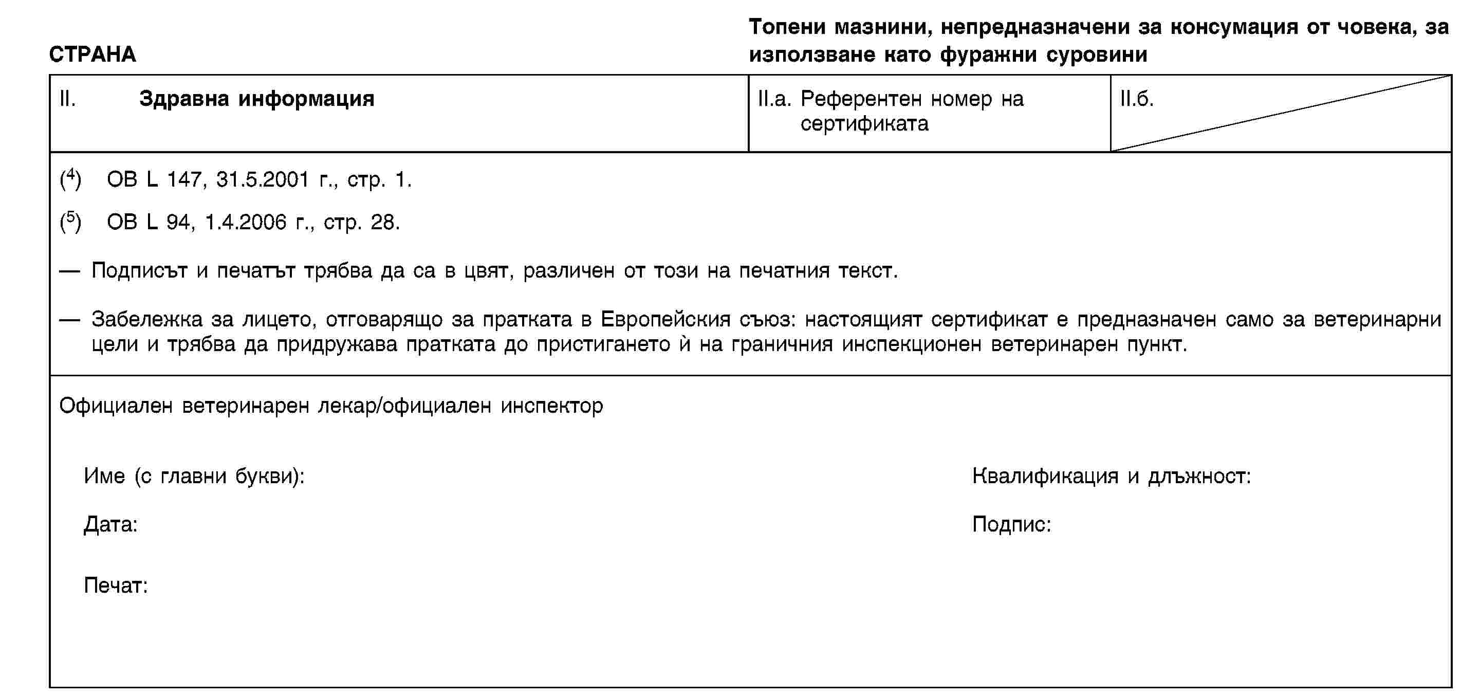 СТРАНАТопени мазнини, непредназначени за консумация от човека, за използване като фуражни суровиниII. Здравна информацияII.a. Референтен номер на сертификатаII.б.(4) ОВ L 147, 31.5.2001 г., стр. 1.(5) ОВ L 94, 1.4.2006 г., стр. 28.Подписът и печатът трябва да са в цвят, различен от този на печатния текст.Забележка за лицето, отговарящо за пратката в Европейския съюз: настоящият сертификат е предназначен само за ветеринарни цели и трябва да придружава пратката до пристигането ѝ на граничния инспекционен ветеринарен пункт.Официален ветеринарен лекар/официален инспекторИме (с главни букви):Квалификация и длъжност:Дата:Подпис:Печат: