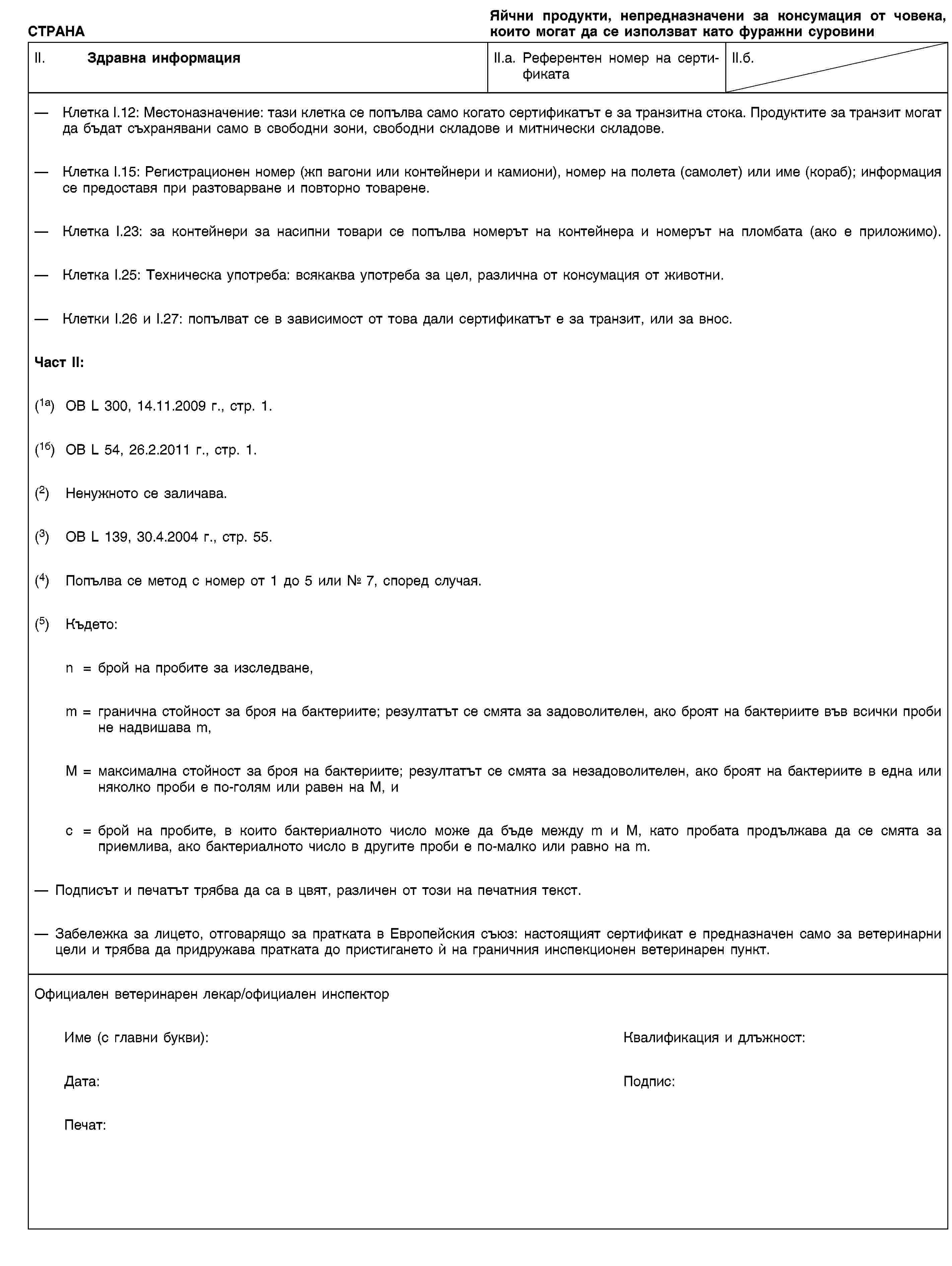 СТРАНАЯйчни продукти, непредназначени за консумация от човека, които могат да се използват като фуражни суровиниII. Здравна информацияII.a. Референтен номер на сертификатаII.б.Клетка I.12: Местоназначение: тази клетка се попълва само когато сертификатът е за транзитна стока. Продуктите за транзит могат да бъдат съхранявани само в свободни зони, свободни складове и митнически складове.Клетка I.15: Регистрационен номер (жп вагони или контейнери и камиони), номер на полета (самолет) или име (кораб); информация се предоставя при разтоварване и повторно товарене.Клетка I.23: за контейнери за насипни товари се попълва номерът на контейнера и номерът на пломбата (ако е приложимо).Клетка I.25: Техническа употреба: всякаква употреба за цел, различна от консумация от животни.Клетки I.26 и I.27: попълват се в зависимост от това дали сертификатът е за транзит, или за внос.Част II:(1a) ОВ L 300, 14.11.2009 г., стр. 1.(1б) ОВ L 54, 26.2.2011 г., стр. 1.(2) Ненужното се заличава.(3) ОВ L 139, 30.4.2004 г., стр. 55.(4) Попълва се метод с номер от 1 до 5 или № 7, според случая.(5) Където:n = брой на пробите за изследване,m = гранична стойност за броя на бактериите; резултатът се смята за задоволителен, ако броят на бактериите във всички проби не надвишава m,M = максимална стойност за броя на бактериите; резултатът се смята за незадоволителен, ако броят на бактериите в една или няколко проби е по-голям или равен на M, иc = брой на пробите, в които бактериалното число може да бъде между m и M, като пробата продължава да се смята за приемлива, ако бактериалното число в другите проби е по-малко или равно на m.Подписът и печатът трябва да са в цвят, различен от този на печатния текст.Забележка за лицето, отговарящо за пратката в Европейския съюз: настоящият сертификат е предназначен само за ветеринарни цели и трябва да придружава пратката до пристигането ѝ на граничния инспекционен ветеринарен пункт.Официален ветеринарен лекар/официален инспекторИме (с главни букви):Квалификация и длъжност:Дата:Подпис:Печат: