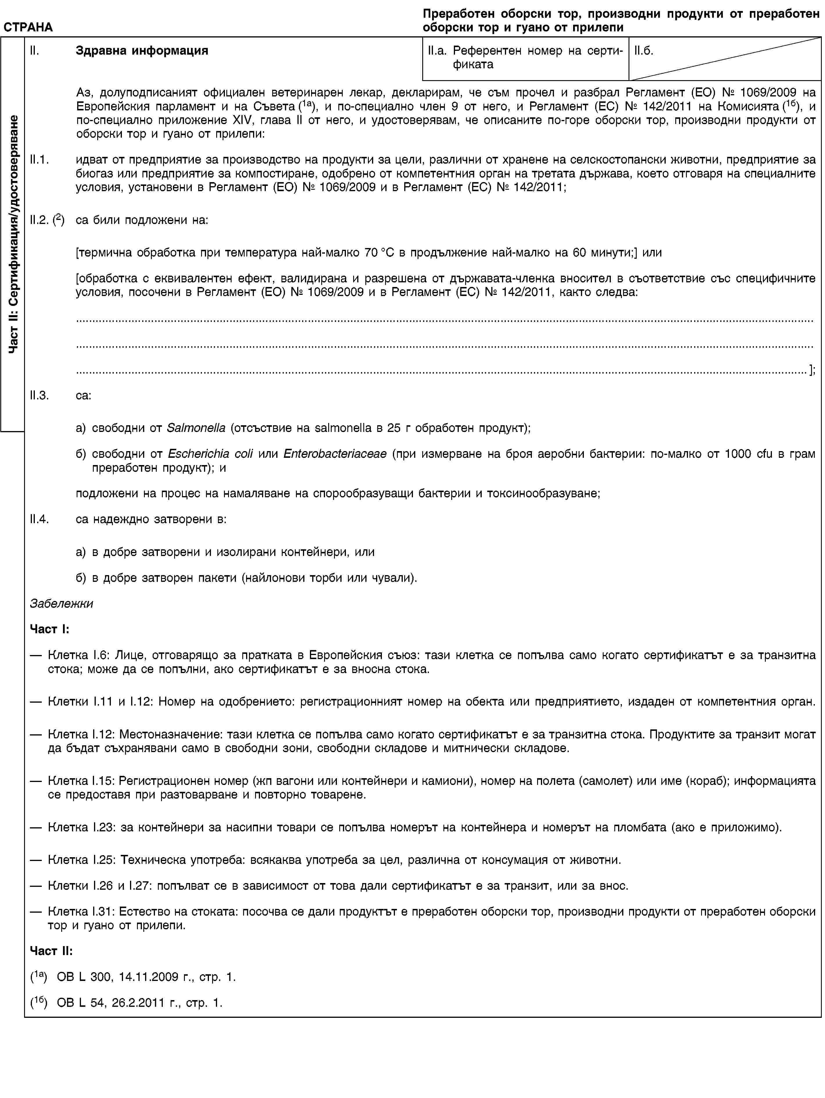 Част II: Сертификация/удостоверяванеСТРАНАПреработен оборски тор, производни продукти от преработен оборски тор и гуано от прилепиII. Здравна информацияII.a. Референтен номер на сертификатаII.б.Аз, долуподписаният официален ветеринарен лекар, декларирам, че съм прочел и разбрал Регламент (ЕО) № 1069/2009 на Европейския парламент и на Съвета (1а), и по-специално член 9 от него, и Регламент (ЕС) № 142/2011 на Комисията (1б), и по-специално приложение XIV, глава II от него, и удостоверявам, че описаните по-горе оборски тор, производни продукти от оборски тор и гуано от прилепи:II.1. идват от предприятие за производство на продукти за цели, различни от хранене на селскостопански животни, предприятие за биогаз или предприятие за компостиране, одобрено от компетентния орган на третата държава, което отговаря на специалните условия, установени в Регламент (ЕО) № 1069/2009 и в Регламент (ЕС) № 142/2011;II.2. (2) са били подложени на:[термична обработка при температура най-малко 70 °C в продължение най-малко на 60 минути;] или[обработка с еквивалентен ефект, валидирана и разрешена от държавата-членка вносител в съответствие със специфичните условия, посочени в Регламент (ЕО) № 1069/2009 и в Регламент (ЕС) № 142/2011, както следва:…];II.3. са:а) свободни от Salmonella (отсъствие на salmonella в 25 г обработен продукт);б) свободни от Escherichia coli или Enterobacteriaceae (при измерване на броя аеробни бактерии: по-малко от 1000 cfu в грам преработен продукт); иподложени на процес на намаляване на спорообразуващи бактерии и токсинообразуване;II.4. са надеждно затворени в:а) в добре затворени и изолирани контейнери, илиб) в добре затворен пакети (найлонови торби или чували).ЗабележкиЧаст I:Клетка I.6: Лице, отговарящо за пратката в Европейския съюз: тази клетка се попълва само когато сертификатът е за транзитна стока; може да се попълни, ако сертификатът е за вносна стока.Клетки I.11 и I.12: Номер на одобрението: регистрационният номер на обекта или предприятието, издаден от компетентния орган.Клетка I.12: Местоназначение: тази клетка се попълва само когато сертификатът е за транзитна стока. Продуктите за транзит могат да бъдат съхранявани само в свободни зони, свободни складове и митнически складове.Клетка I.15: Регистрационен номер (жп вагони или контейнери и камиони), номер на полета (самолет) или име (кораб); информацията се предоставя при разтоварване и повторно товарене.Клетка I.23: за контейнери за насипни товари се попълва номерът на контейнера и номерът на пломбата (ако е приложимо).Клетка I.25: Техническа употреба: всякаква употреба за цел, различна от консумация от животни.Клетки I.26 и I.27: попълват се в зависимост от това дали сертификатът е за транзит, или за внос.Клетка I.31: Естество на стоката: посочва се дали продуктът е преработен оборски тор, производни продукти от преработен оборски тор и гуано от прилепи.Част II:(1a) ОВ L 300, 14.11.2009 г., стр. 1.(1б) ОВ L 54, 26.2.2011 г., стр. 1.