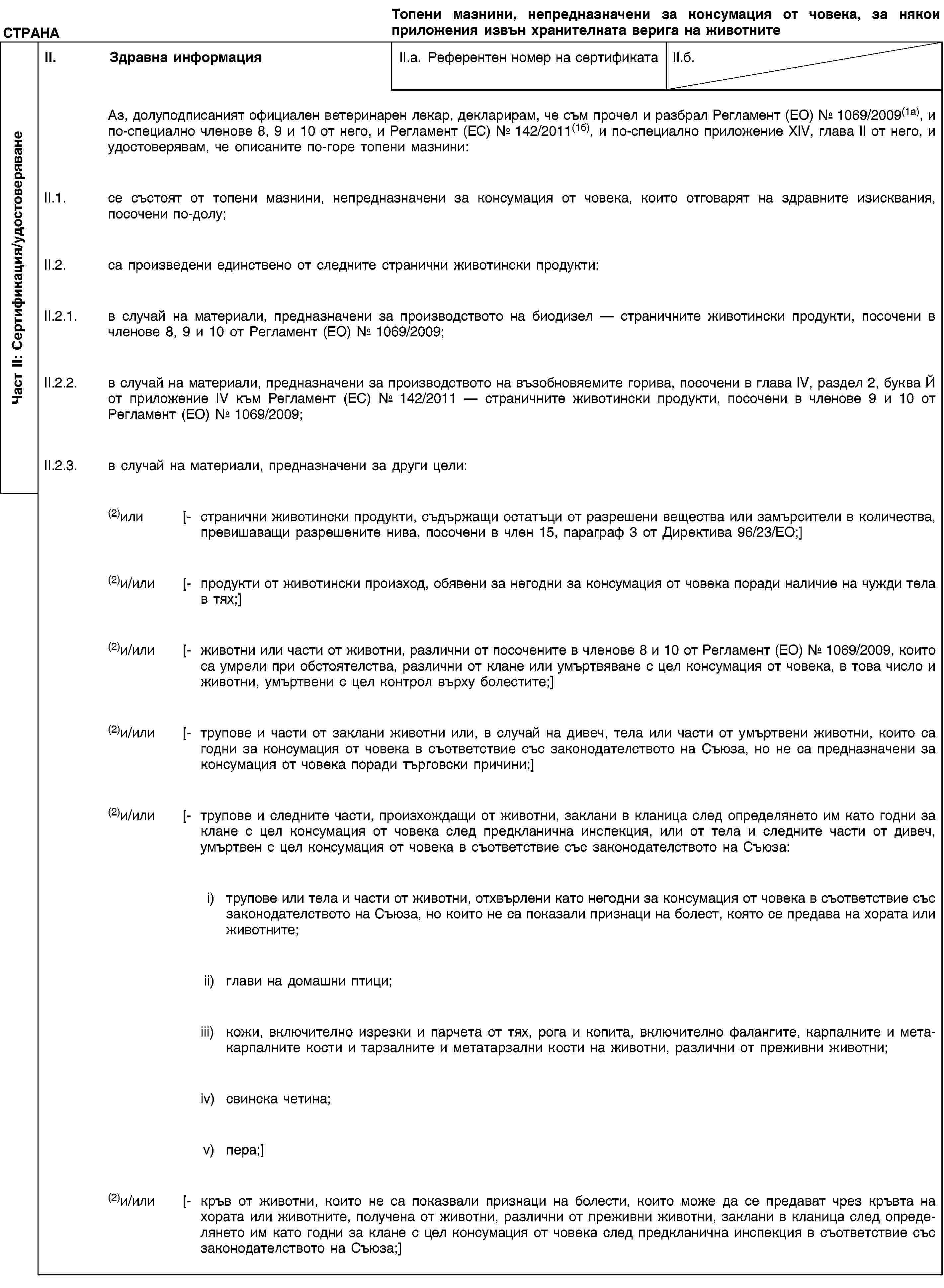 Част II: Сертификация/удостоверяванеСТРАНАТопени мазнини, непредназначени за консумация от човека, за някои приложения извън хранителната верига на животнитеII. Здравна информацияII.a. Референтен номер на сертификатаII.б.Аз, долуподписаният официален ветеринарен лекар, декларирам, че съм прочел и разбрал Регламент (ЕО) 1069/2009(1а), и по-специално членове 8, 9 и 10 от него, и Регламент (ЕС) 142/2011(1б), и по-специално приложение XIV, глава II от него, и удостоверявам, че описаните по-горе топени мазнини:II.1. се състоят от топени мазнини, непредназначени за консумация от човека, които отговарят на здравните изисквания, посочени по-долу;II.2. са произведени единствено от следните странични животински продукти:II.2.1. в случай на материали, предназначени за производството на биодизел — страничните животински продукти, посочени в членове 8, 9 и 10 от Регламент (ЕО) 1069/2009;II.2.2. в случай на материали, предназначени за производството на възобновяемите горива, посочени в глава IV, раздел 2, буква Й от приложение IV към Регламент (ЕС) 142/2011 — страничните животински продукти, посочени в членове 9 и 10 от Регламент (ЕО) 1069/2009;II.2.3. в случай на материали, предназначени за други цели:(2)или [- странични животински продукти, съдържащи остатъци от разрешени вещества или замърсители в количества, превишаващи разрешените нива, посочени в член 15, параграф 3 от Директива 96/23/ЕО;](2)и/или [- продукти от животински произход, обявени за негодни за консумация от човека поради наличие на чужди тела в тях;](2)и/или [- животни или части от животни, различни от посочените в членове 8 и 10 от Регламент (ЕО) 1069/2009, които са умрели при обстоятелства, различни от клане или умъртвяване с цел консумация от човека, в това число и животни, умъртвени с цел контрол върху болестите;](2)и/или [- трупове и части от заклани животни или, в случай на дивеч, тела или части от умъртвени животни, които са годни за консумация от човека в съответствие със законодателството на Съюза, но не са предназначени за консумация от човека поради търговски причини;](2)и/или [- трупове и следните части, произхождащи от животни, заклани в кланица след определянето им като годни за клане с цел консумация от човека след предкланична инспекция, или от тела и следните части от дивеч, умъртвен с цел консумация от човека в съответствие със законодателството на Съюза:i) трупове или тела и части от животни, отхвърлени като негодни за консумация от човека в съответствие със законодателството на Съюза, но които не са показали признаци на болест, която се предава на хората или животните;ii) глави на домашни птици;iii) кожи, включително изрезки и парчета от тях, рога и копита, включително фалангите, карпалните и метакарпалните кости и тарзалните и метатарзални кости на животни, различни от преживни животни;iv) свинска четина;v) пера;](2)и/или [- кръв от животни, които не са показвали признаци на болести, които може да се предават чрез кръвта на хората или животните, получена от животни, различни от преживни животни, заклани в кланица след определянето им като годни за клане с цел консумация от човека след предкланична инспекция в съответствие със законодателството на Съюза;]