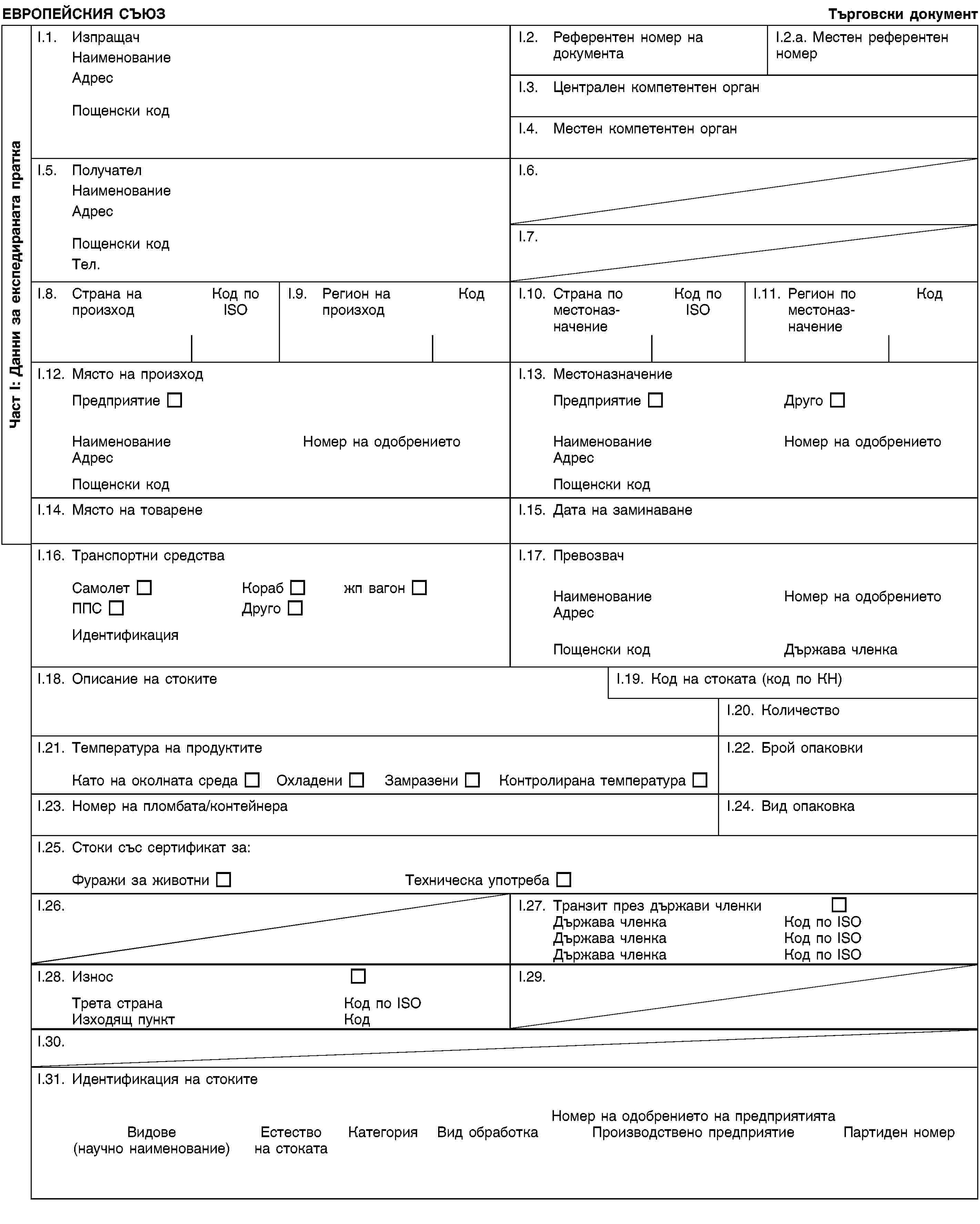 Част I: Данни за експедираната праткаЕВРОПЕЙСКИЯ СЪЮЗТърговски документI.1. ИзпращачНаименованиеАдресПощенски кодI.2. Референтен номер на документаI.2.a. Местен референтен номерI.3. Централен компетентен органI.4. Местен компетентен органI.5. ПолучателНаименованиеАдресПощенски кодТел.I.6.I.7.I.8. Страна на произходКод по ISOI.9. Регион на произходКодI.10. Страна по местоназначениеКод по ISOI.11. Регион по местоназначениеКодI.12. Място на произходПредприятиеНаименованиеНомер на одобрениетоАдресПощенски кодI.13. МестоназначениеПредприятиеДругоНаименованиеНомер на одобрениетоАдресПощенски кодI.14. Място на товаренеI.15. Дата на заминаванеI.16. Транспортни средстваСамолетКорабжп вагонППСДругоИдентификацияI.17. ПревозвачНаименованиеНомер на одобрениетоАдресПощенски кодДържава членкаI.18. Описание на стокитеI.19. Код на стоката (код по КН)I.20. КоличествоI.21. Температура на продуктитеКато на околната средаОхладениЗамразениКонтролирана температураI.22. Брой опаковкиI.23. Номер на пломбата/контейнераI.24. Вид опаковкаI.25. Стоки със сертификат за:Фуражи за животниТехническа употребаI.26.I.27. Транзит през държави членкиДържава членкаКод по ISOДържава членкаКод по ISOДържава членкаКод по ISOI.28. ИзносТрета странаКод по ISOИзходящ пунктКодI.29.I.30.I.31. Идентификация на стокитеНомер на одобрението на предприятиятаВидове(научно наименование)Естество на стокатаКатегорияВид обработкаПроизводствено предприятиеПартиден номер