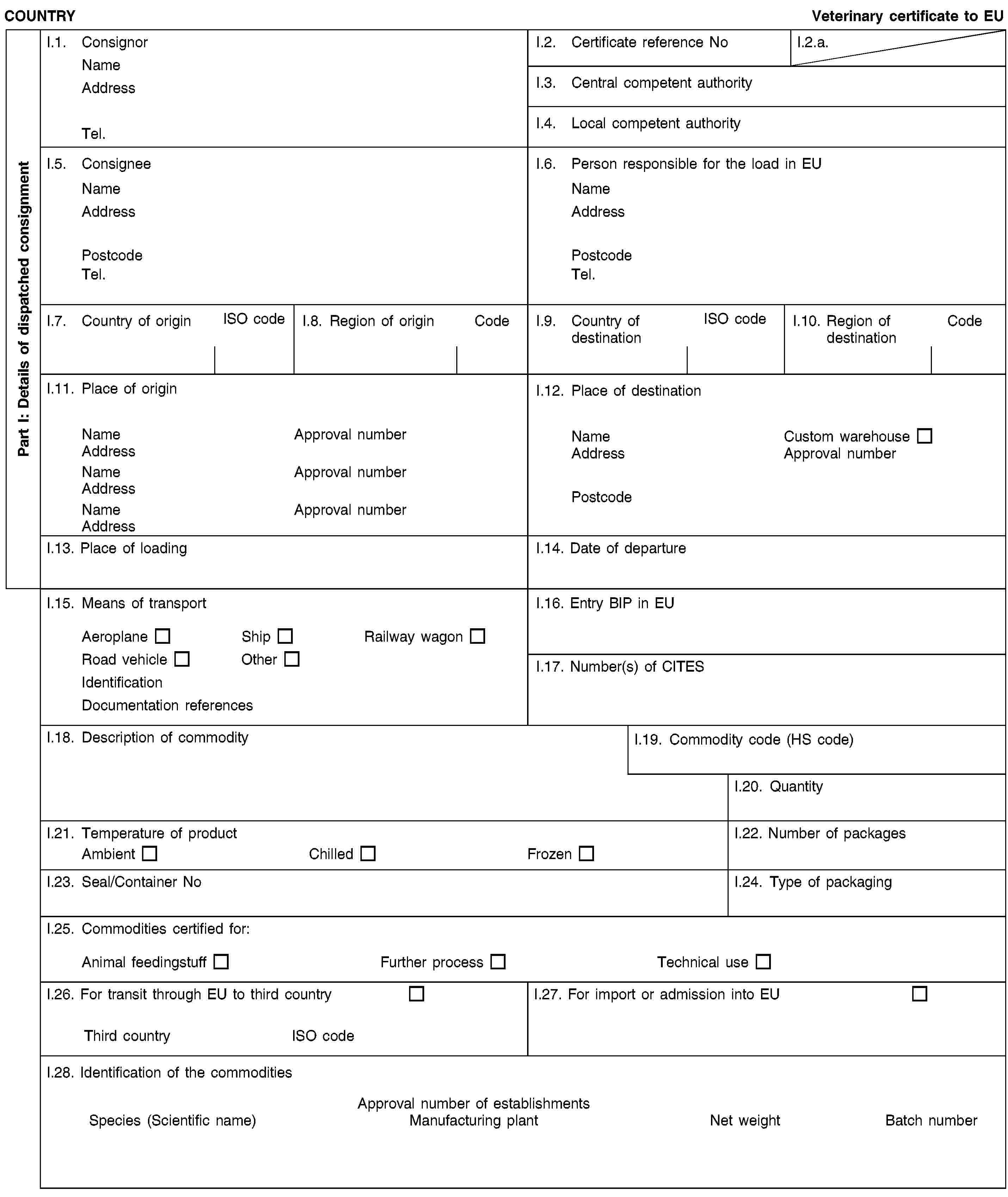 Part I: Details of dispatched consignmentCOUNTRYVeterinary certificate to EUI.1. ConsignorNameAddressTel.I.2. Certificate reference NoI.2.a.I.3. Central competent authorityI.4. Local competent authorityI.5. ConsigneeNameAddressPostcodeTel.I.6. Person responsible for the load in EUNameAddressPostcodeTel.I.7. Country of originISO codeI.8. Region of originCodeI.9. Country of destinationISO codeI.10. Region of destinationCodeI.11. Place of originNameApproval numberAddressNameApproval numberAddressNameApproval numberAddressI.12. Place of destinationNameCustom warehouseAddressApproval numberPostcodeI.13. Place of loadingI.14. Date of departureI.15. Means of transportAeroplaneShipRailway wagonRoad vehicleOtherIdentificationDocumentation referencesI.16. Entry BIP in EUI.17. Number(s) of CITESI.18. Description of commodityI.19. Commodity code (HS code)I.20. QuantityI.21. Temperature of productAmbientChilledFrozenI.22. Number of packagesI.23. Seal/Container NoI.24. Type of packagingI.25. Commodities certified for:Animal feedingstuffFurther processTechnical useI.26. For transit through EU to third countryThird countryISO codeI.27. For import or admission into EUI.28. Identification of the commoditiesApproval number of establishmentsSpecies (Scientific name)Manufacturing plantNet weightBatch number