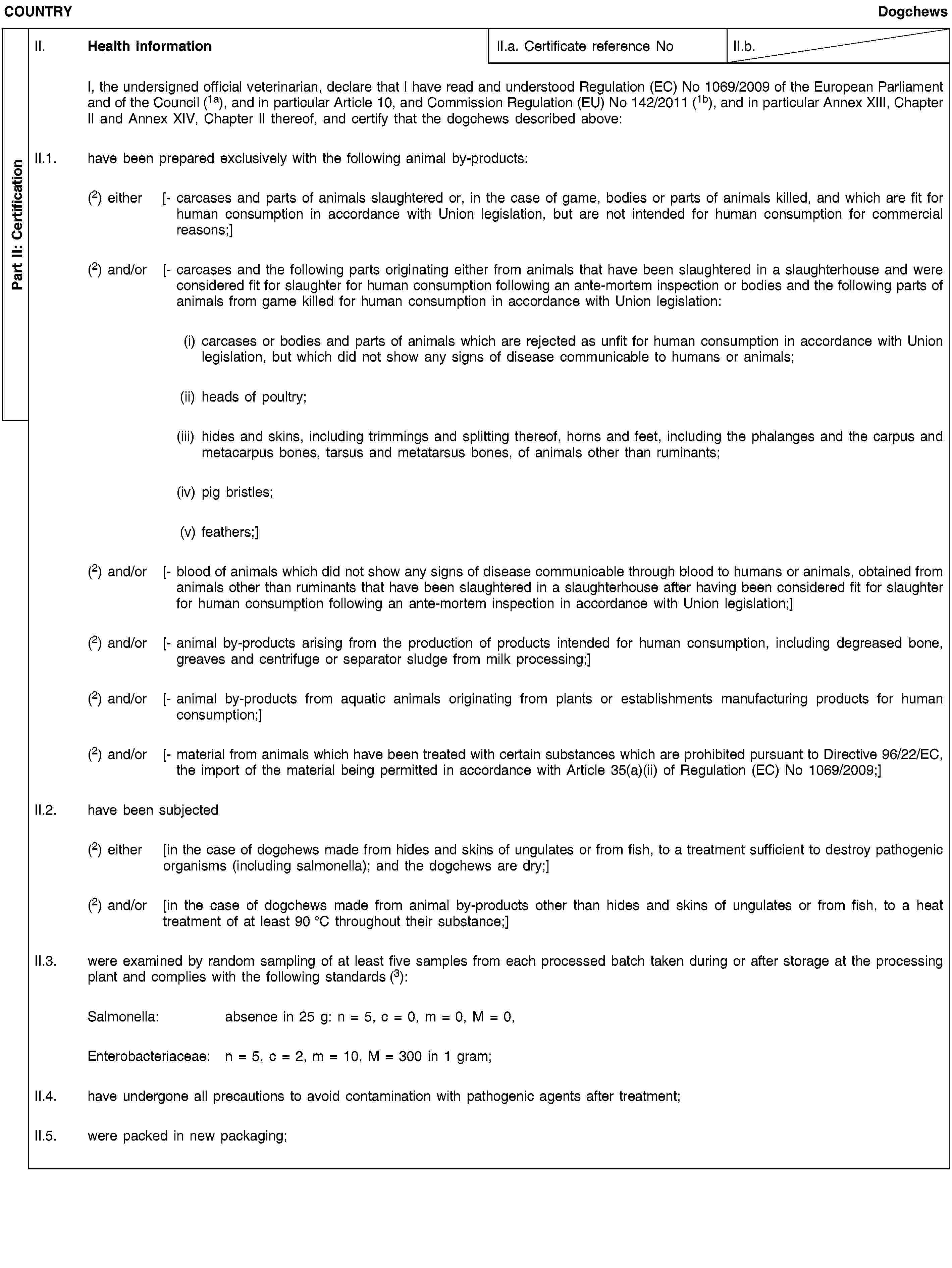 Part II: CertificationCOUNTRYDogchewsII. Health informationII.a. Certificate reference NoII.b.I, the undersigned official veterinarian, declare that I have read and understood Regulation (EC) No 1069/2009 of the European Parliament and of the Council (1a), and in particular Article 10, and Commission Regulation (EU) No 142/2011 (1b), and in particular Annex XIII, Chapter II and Annex XIV, Chapter II thereof, and certify that the dogchews described above:II.1. have been prepared exclusively with the following animal by-products:(2) either [- carcases and parts of animals slaughtered or, in the case of game, bodies or parts of animals killed, and which are fit for human consumption in accordance with Union legislation, but are not intended for human consumption for commercial reasons;](2) and/or [- carcases and the following parts originating either from animals that have been slaughtered in a slaughterhouse and were considered fit for slaughter for human consumption following an ante-mortem inspection or bodies and the following parts of animals from game killed for human consumption in accordance with Union legislation:(i) carcases or bodies and parts of animals which are rejected as unfit for human consumption in accordance with Union legislation, but which did not show any signs of disease communicable to humans or animals;(ii) heads of poultry;(iii) hides and skins, including trimmings and splitting thereof, horns and feet, including the phalanges and the carpus and metacarpus bones, tarsus and metatarsus bones, of animals other than ruminants;(iv) pig bristles;(v) feathers;](2) and/or [- blood of animals which did not show any signs of disease communicable through blood to humans or animals, obtained from animals other than ruminants that have been slaughtered in a slaughterhouse after having been considered fit for slaughter for human consumption following an ante-mortem inspection in accordance with Union legislation;](2) and/or [- animal by-products arising from the production of products intended for human consumption, including degreased bone, greaves and centrifuge or separator sludge from milk processing;](2) and/or [- animal by-products from aquatic animals originating from plants or establishments manufacturing products for human consumption;](2) and/or [- material from animals which have been treated with certain substances which are prohibited pursuant to Directive 96/22/EC, the import of the material being permitted in accordance with Article 35(a)(ii) of Regulation (EC) No 1069/2009;]II.2. have been subjected(2) either [in the case of dogchews made from hides and skins of ungulates or from fish, to a treatment sufficient to destroy pathogenic organisms (including salmonella); and the dogchews are dry;](2) and/or [in the case of dogchews made from animal by-products other than hides and skins of ungulates or from fish, to a heat treatment of at least 90 °C throughout their substance;]II.3. were examined by random sampling of at least five samples from each processed batch taken during or after storage at the processing plant and complies with the following standards (3):Salmonella: absence in 25 g: n = 5, c = 0, m = 0, M = 0,Enterobacteriaceae: n = 5, c = 2, m = 10, M = 300 in 1 gram;II.4. have undergone all precautions to avoid contamination with pathogenic agents after treatment;II.5. were packed in new packaging;