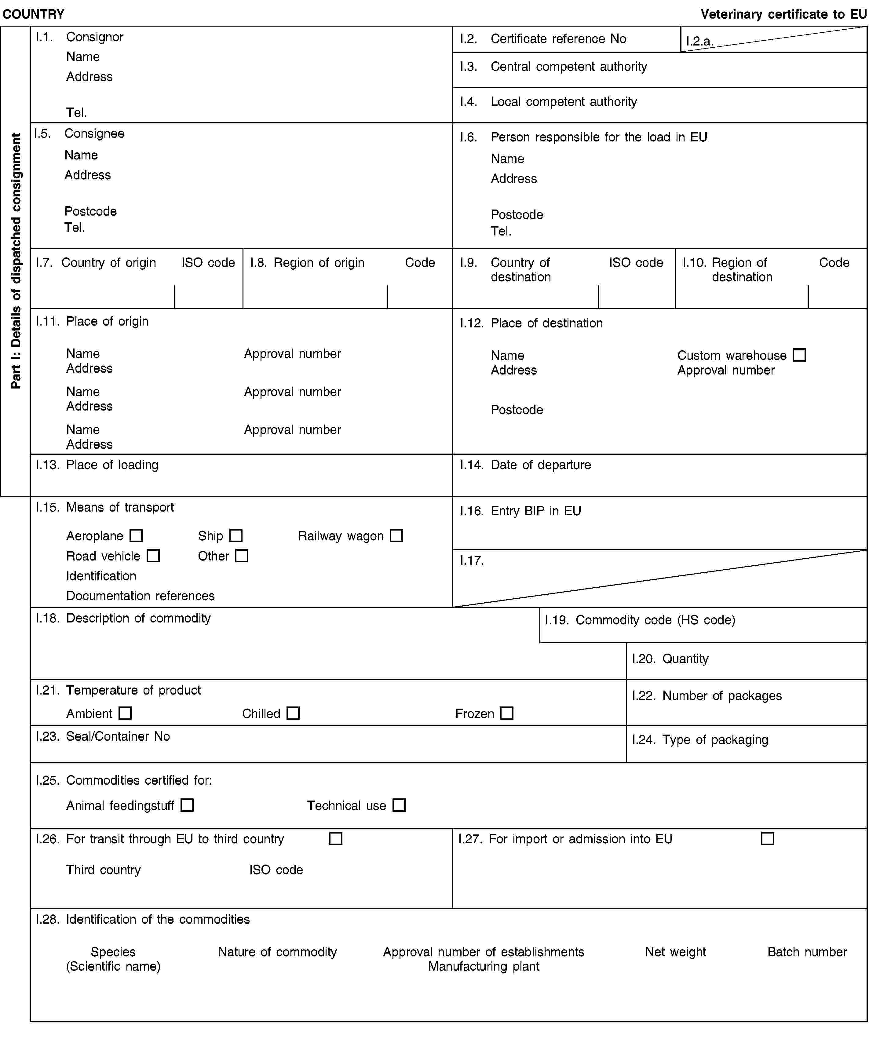 Part I: Details of dispatched consignmentCOUNTRYVeterinary certificate to EUI.1. ConsignorNameAddressTel.I.2. Certificate reference NoI.2.a.I.3. Central competent authorityI.4. Local competent authorityI.5. ConsigneeNameAddressPostcodeTel.I.6. Person responsible for the load in EUNameAddressPostcodeTel.I.7. Country of originISO codeI.8. Region of originCodeI.9. Country of destinationISO codeI.10. Region of destinationCodeI.11. Place of originNameApproval numberAddressNameApproval numberAddressNameApproval numberAddressI.12. Place of destinationNameCustom warehouseAddressApproval numberPostcodeI.13. Place of loadingI.14. Date of departureI.15. Means of transportAeroplaneShipRailway wagonRoad vehicleOtherIdentificationDocumentation referencesI.16. Entry BIP in EUI.17.I.18. Description of commodityI.19. Commodity code (HS code)I.20. QuantityI.21. Temperature of productAmbientChilledFrozenI.22. Number of packagesI.23. Seal/Container NoI.24. Type of packagingI.25. Commodities certified for:Animal feedingstuffTechnical useI.26. For transit through EU to third countryThird countryISO codeI.27. For import or admission into EUI.28. Identification of the commoditiesSpecies(Scientific name)Nature of commodityApproval number of establishmentsManufacturing plantNet weightBatch number