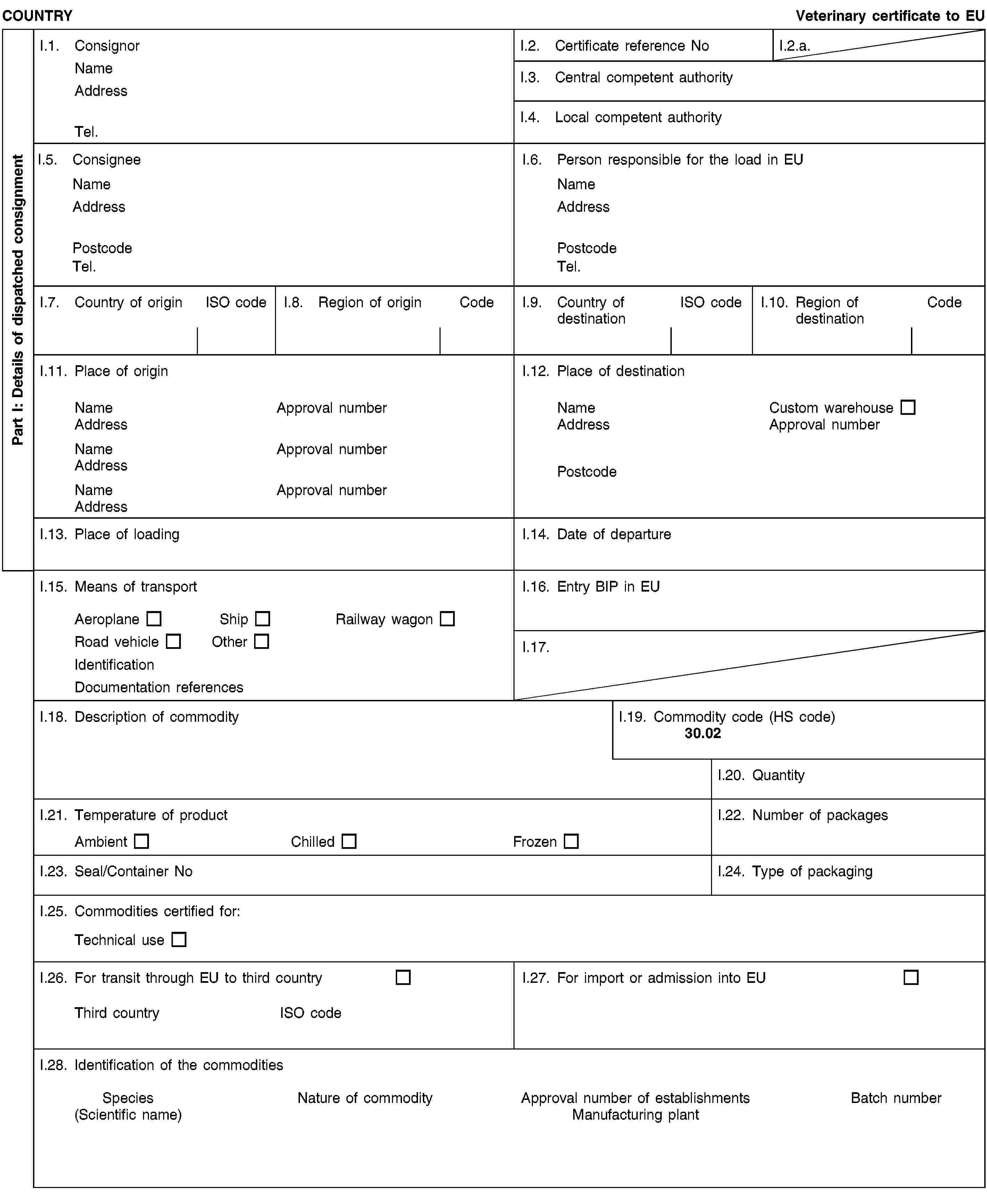 Part I: Details of dispatched consignmentCOUNTRYVeterinary certificate to EUI.1. ConsignorNameAddressTel.I.2. Certificate reference NoI.2.a.I.3. Central competent authorityI.4. Local competent authorityI.5. ConsigneeNameAddressPostcodeTel.I.6. Person responsible for the load in EUNameAddressPostcodeTel.I.7. Country of originISO codeI.8. Region of originCodeI.9. Country of destinationISO codeI.10. Region of destinationCodeI.11. Place of originNameApproval numberAddressNameApproval numberAddressNameApproval numberAddressI.12. Place of destinationNameCustom warehouseAddressApproval numberPostcodeI.13. Place of loadingI.14. Date of departureI.15. Means of transportAeroplaneShipRailway wagonRoad vehicleOtherIdentificationDocumentation referencesI.16. Entry BIP in EUI.17.I.18. Description of commodityI.19. Commodity code (HS code)30.02I.20. QuantityI.21. Temperature of productAmbientChilledFrozenI.22. Number of packagesI.23. Seal/Container NoI.24. Type of packagingI.25. Commodities certified for:Technical useI.26. For transit through EU to third countryThird countryISO codeI.27. For import or admission into EUI.28. Identification of the commoditiesSpecies(Scientific name)Nature of commodityApproval number of establishmentsManufacturing plantBatch number