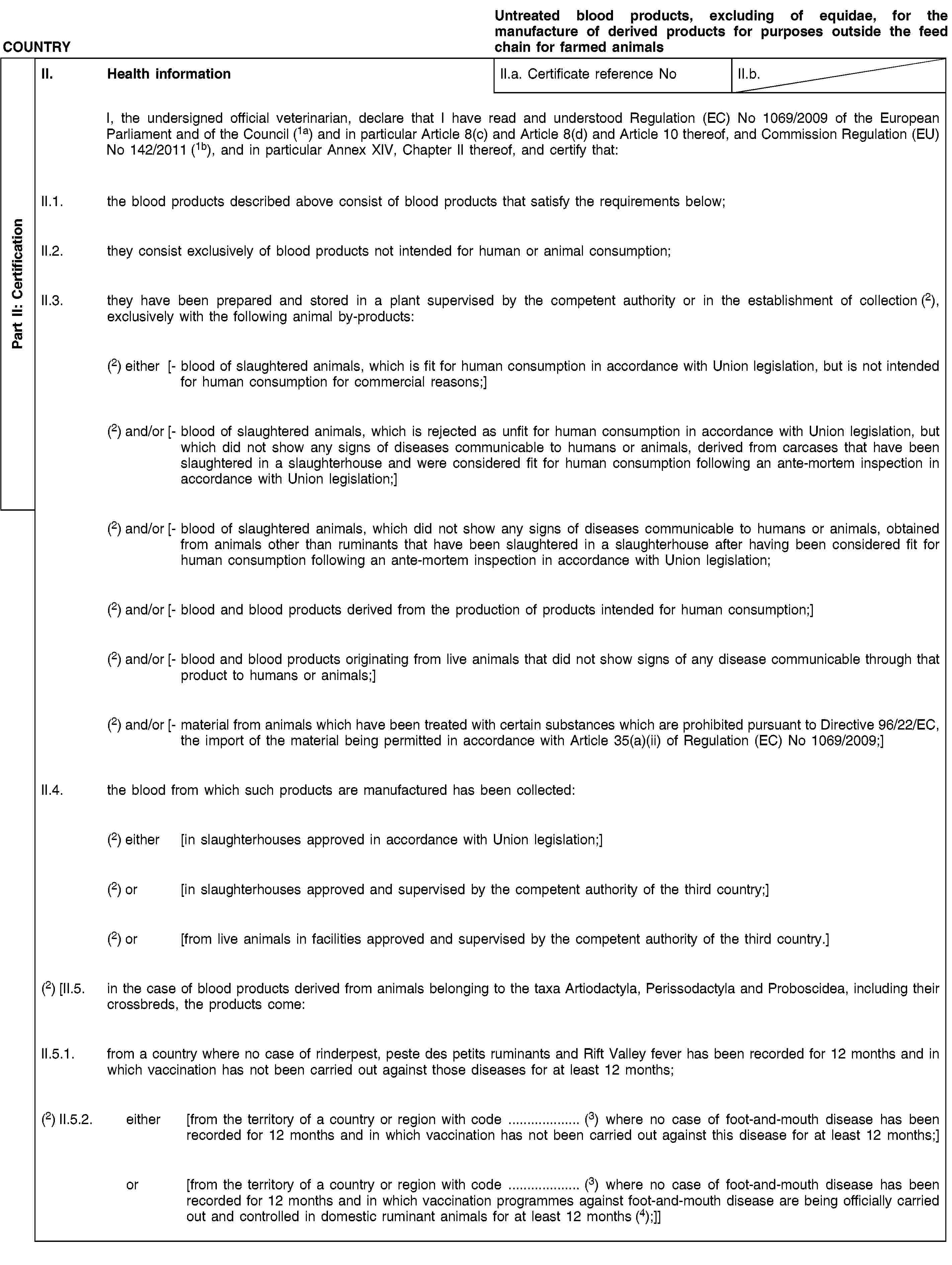 Part II: CertificationCOUNTRYUntreated blood products, excluding of equidae, for the manufacture of derived products for purposes outside the feed chain for farmed animalsII. Health informationII.a. Certificate reference NoII.b.I, the undersigned official veterinarian, declare that I have read and understood Regulation (EC) No 1069/2009 of the European Parliament and of the Council (1a) and in particular Article 8(c) and Article 8(d) and Article 10 thereof, and Commission Regulation (EU) No 142/2011 (1b), and in particular Annex XIV, Chapter II thereof, and certify that:II.1. the blood products described above consist of blood products that satisfy the requirements below;II.2. they consist exclusively of blood products not intended for human or animal consumption;II.3. they have been prepared and stored in a plant supervised by the competent authority or in the establishment of collection (2), exclusively with the following animal by-products:(2) either [- blood of slaughtered animals, which is fit for human consumption in accordance with Union legislation, but is not intended for human consumption for commercial reasons;](2) and/or [- blood of slaughtered animals, which is rejected as unfit for human consumption in accordance with Union legislation, but which did not show any signs of diseases communicable to humans or animals, derived from carcases that have been slaughtered in a slaughterhouse and were considered fit for human consumption following an ante-mortem inspection in accordance with Union legislation;](2) and/or [- blood of slaughtered animals, which did not show any signs of diseases communicable to humans or animals, obtained from animals other than ruminants that have been slaughtered in a slaughterhouse after having been considered fit for human consumption following an ante-mortem inspection in accordance with Union legislation;(2) and/or [- blood and blood products derived from the production of products intended for human consumption;](2) and/or [- blood and blood products originating from live animals that did not show signs of any disease communicable through that product to humans or animals;](2) and/or [- material from animals which have been treated with certain substances which are prohibited pursuant to Directive 96/22/EC, the import of the material being permitted in accordance with Article 35(a)(ii) of Regulation (EC) No 1069/2009;]II.4. the blood from which such products are manufactured has been collected:(2) either [in slaughterhouses approved in accordance with Union legislation;](2) or [in slaughterhouses approved and supervised by the competent authority of the third country;](2) or [from live animals in facilities approved and supervised by the competent authority of the third country.](2) [II.5. in the case of blood products derived from animals belonging to the taxa Artiodactyla, Perissodactyla and Proboscidea, including their crossbreds, the products come:II.5.1. from a country where no case of rinderpest, peste des petits ruminants and Rift Valley fever has been recorded for 12 months and in which vaccination has not been carried out against those diseases for at least 12 months;(2) II.5.2. either [from the territory of a country or region with code … (3) where no case of foot-and-mouth disease has been recorded for 12 months and in which vaccination has not been carried out against this disease for at least 12 months;]or [from the territory of a country or region with code … (3) where no case of foot-and-mouth disease has been recorded for 12 months and in which vaccination programmes against foot-and-mouth disease are being officially carried out and controlled in domestic ruminant animals for at least 12 months (4);]]