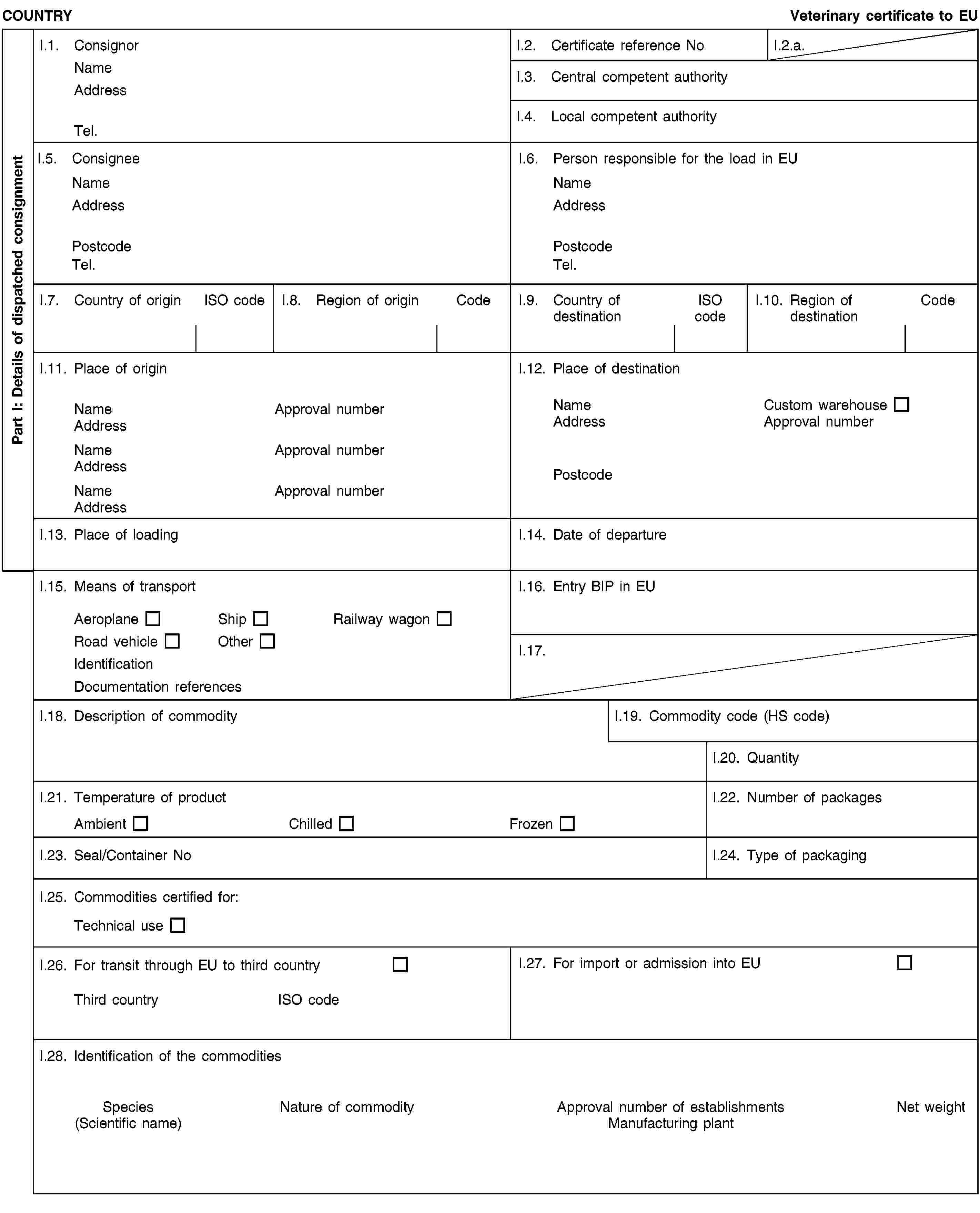 Part I: Details of dispatched consignmentCOUNTRYVeterinary certificate to EUI.1. ConsignorNameAddressTel.I.2. Certificate reference NoI.2.a.I.3. Central competent authorityI.4. Local competent authorityI.5. ConsigneeNameAddressPostcodeTel.I.6. Person responsible for the load in EUNameAddressPostcodeTel.I.7. Country of originISO codeI.8. Region of originCodeI.9. Country of destinationISO codeI.10. Region of destinationCodeI.11. Place of originNameApproval numberAddressNameApproval numberAddressNameApproval numberAddressI.12. Place of destinationNameCustom warehouseAddressApproval numberPostcodeI.13. Place of loadingI.14. Date of departureI.15. Means of transportAeroplaneShipRailway wagonRoad vehicleOtherIdentificationDocumentation referencesI.16. Entry BIP in EUI.17.I.18. Description of commodityI.19. Commodity code (HS code)I.20. QuantityI.21. Temperature of productAmbientChilledFrozenI.22. Number of packagesI.23. Seal/Container NoI.24. Type of packagingI.25. Commodities certified for:Technical useI.26. For transit through EU to third countryThird countryISO codeI.27. For import or admission into EUI.28. Identification of the commoditiesSpecies(Scientific name)Nature of commodityApproval number of establishmentsManufacturing plantNet weight