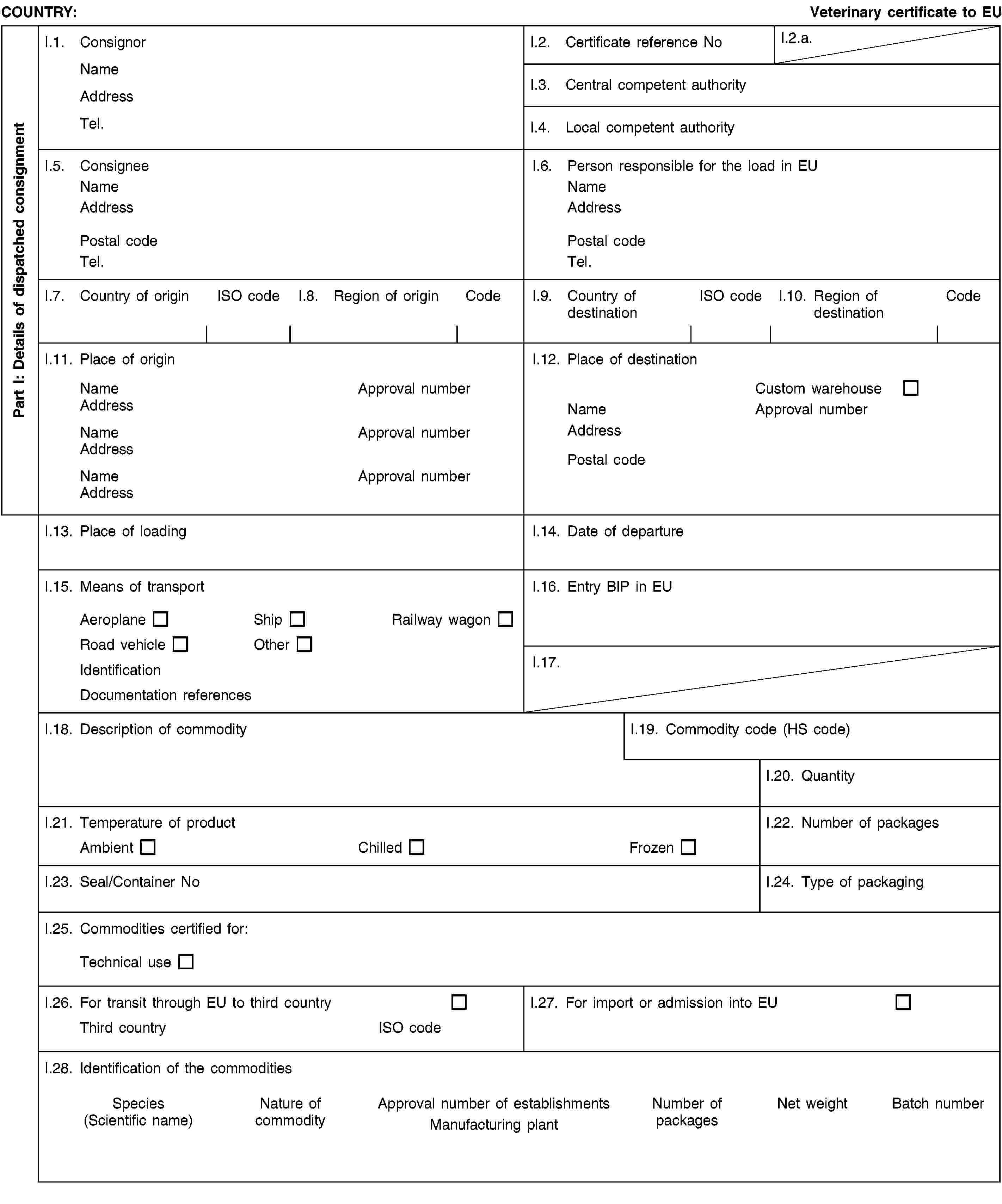 Part I: Details of dispatched consignmentCOUNTRY:Veterinary certificate to EUI.1. ConsignorNameAddressTel.I.2. Certificate reference NoI.2.a.I.3. Central competent authorityI.4. Local competent authorityI.5. ConsigneeNameAddressPostal codeTel.I.6. Person responsible for the load in EUNameAddressPostal codeTel.I.7. Country of originISO codeI.8. Region of originCodeI.9. Country of destinationISO codeI.10. Region of destinationCodeI.11. Place of originNameApproval numberAddressNameApproval numberAddressNameApproval numberAddressI.12. Place of destinationCustom warehouseNameApproval numberAddressPostal codeI.13. Place of loadingI.14. Date of departureI.15. Means of transportAeroplaneShipRailway wagonRoad vehicleOtherIdentificationDocumentation referencesI.16. Entry BIP in EUI.17.I.18. Description of commodityI.19. Commodity code (HS code)I.20. QuantityI.21. Temperature of productAmbientChilledFrozenI.22. Number of packagesI.23. Seal/Container NoI.24. Type of packagingI.25. Commodities certified for:Technical useI.26. For transit through EU to third countryThird countryISO codeI.27. For import or admission into EUI.28. Identification of the commoditiesSpecies(Scientific name)Nature of commodityApproval number of establishmentsManufacturing plantNumber of packagesNet weightBatch number