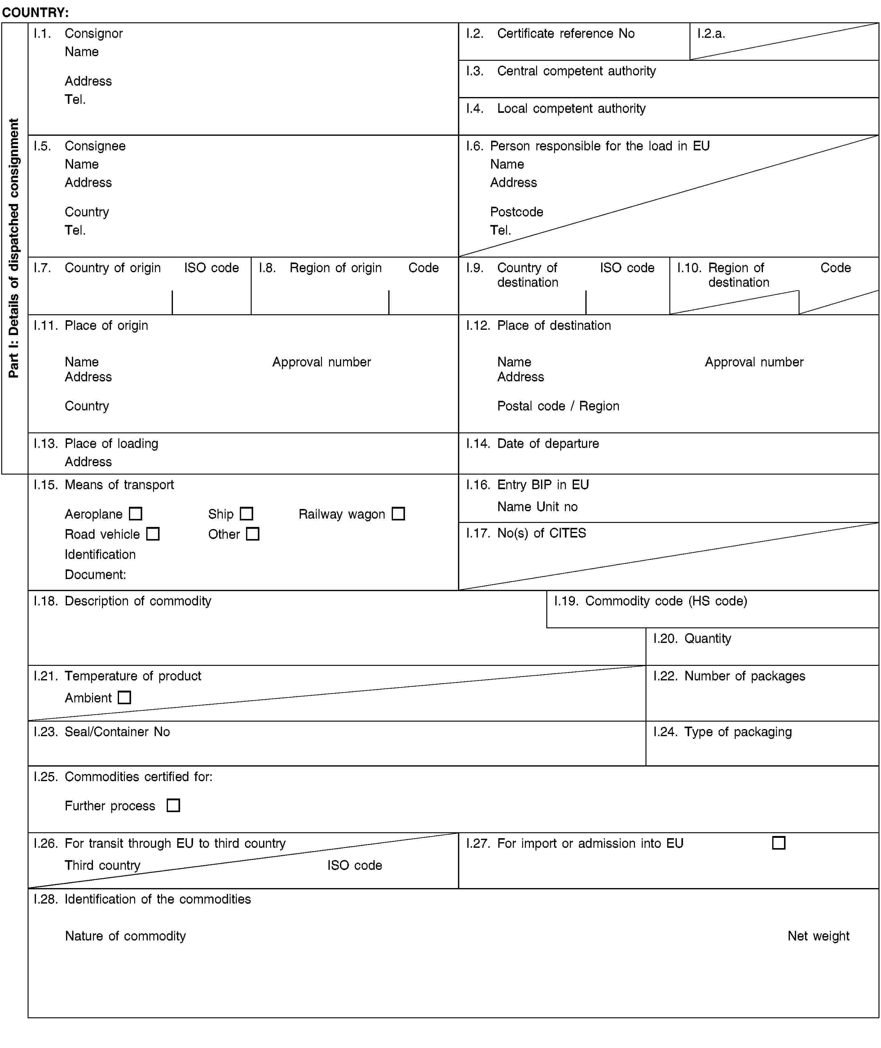 Part I: Details of dispatched consignmentCOUNTRY:I.1. ConsignorNameAddressTel.I.2. Certificate reference NoI.2.a.I.3. Central competent authorityI.4. Local competent authorityI.5. ConsigneeNameAddressCountryTel.I.6. Person responsible for the load in EUNameAddressPostcodeTel.I.7. Country of originISO codeI.8. Region of originCodeI.9. Country of destinationISO codeI.10. Region of destinationCodeI.11. Place of originNameApproval numberAddressCountryI.12. Place of destinationNameApproval numberAddressPostal code / RegionI.13. Place of loadingAddressI.14. Date of departureI.15. Means of transportAeroplaneShipRailway wagonRoad vehicleOtherIdentificationDocument:I.16. Entry BIP in EUName Unit noI.17. No(s) of CITESI.18. Description of commodityI.19. Commodity code (HS code)I.20. QuantityI.21. Temperature of productAmbientI.22. Number of packagesI.23. Seal/Container NoI.24. Type of packagingI.25. Commodities certified for:Further processI.26. For transit through EU to third countryThird countryISO codeI.27. For import or admission into EUI.28. Identification of the commoditiesNature of commodityNet weight