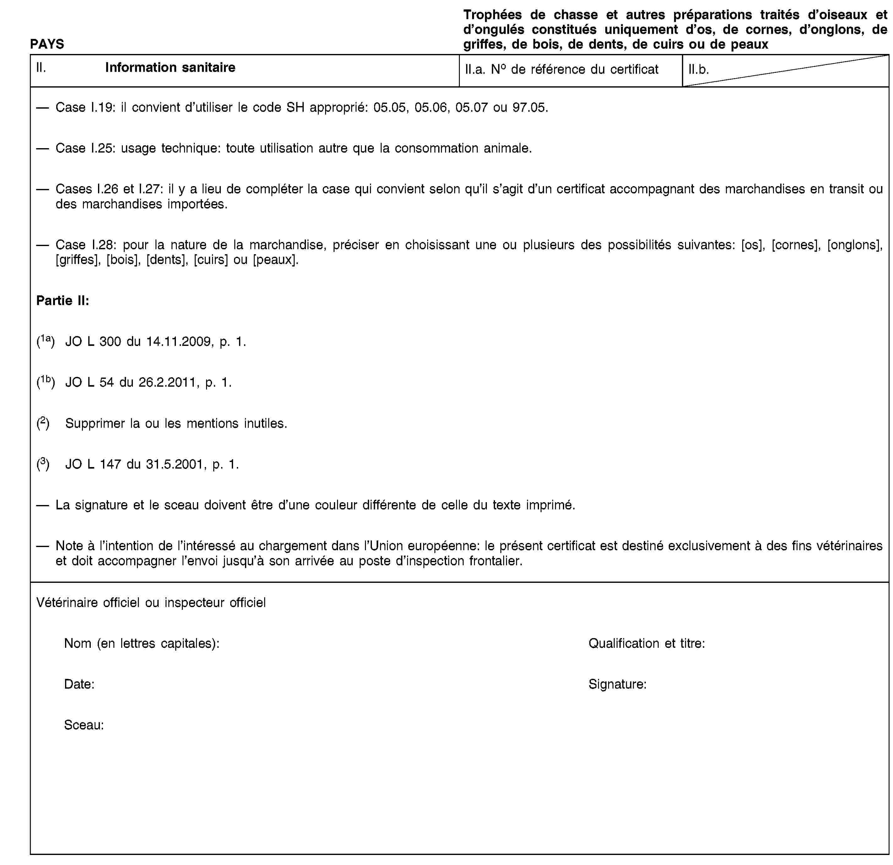 PAYSTrophées de chasse et autres préparations traités d’oiseaux et d’ongulés constitués uniquement d’os, de cornes, d’onglons, de griffes, de bois, de dents, de cuirs ou de peauxII. Information sanitaireII.a. No de référence du certificatII.b.Case I.19: il convient d’utiliser le code SH approprié: 05.05, 05.06, 05.07 ou 97.05.Case I.25: usage technique: toute utilisation autre que la consommation animale.Cases I.26 et I.27: il y a lieu de compléter la case qui convient selon qu’il s’agit d’un certificat accompagnant des marchandises en transit ou des marchandises importées.Case I.28: pour la nature de la marchandise, préciser en choisissant une ou plusieurs des possibilités suivantes: [os], [cornes], [onglons], [griffes], [bois], [dents], [cuirs] ou [peaux].Partie II:(1a) JO L 300 du 14.11.2009, p. 1.(1b) JO L 54 du 26.2.2011, p. 1.(2) Supprimer la ou les mentions inutiles.(3) JO L 147 du 31.5.2001, p. 1.La signature et le sceau doivent être d’une couleur différente de celle du texte imprimé.Note à l’intention de l’intéressé au chargement dans l’Union européenne: le présent certificat est destiné exclusivement à des fins vétérinaires et doit accompagner l’envoi jusqu’à son arrivée au poste d’inspection frontalier.Vétérinaire officiel ou inspecteur officielNom (en lettres capitales):Qualification et titre:Date:Signature:Sceau: