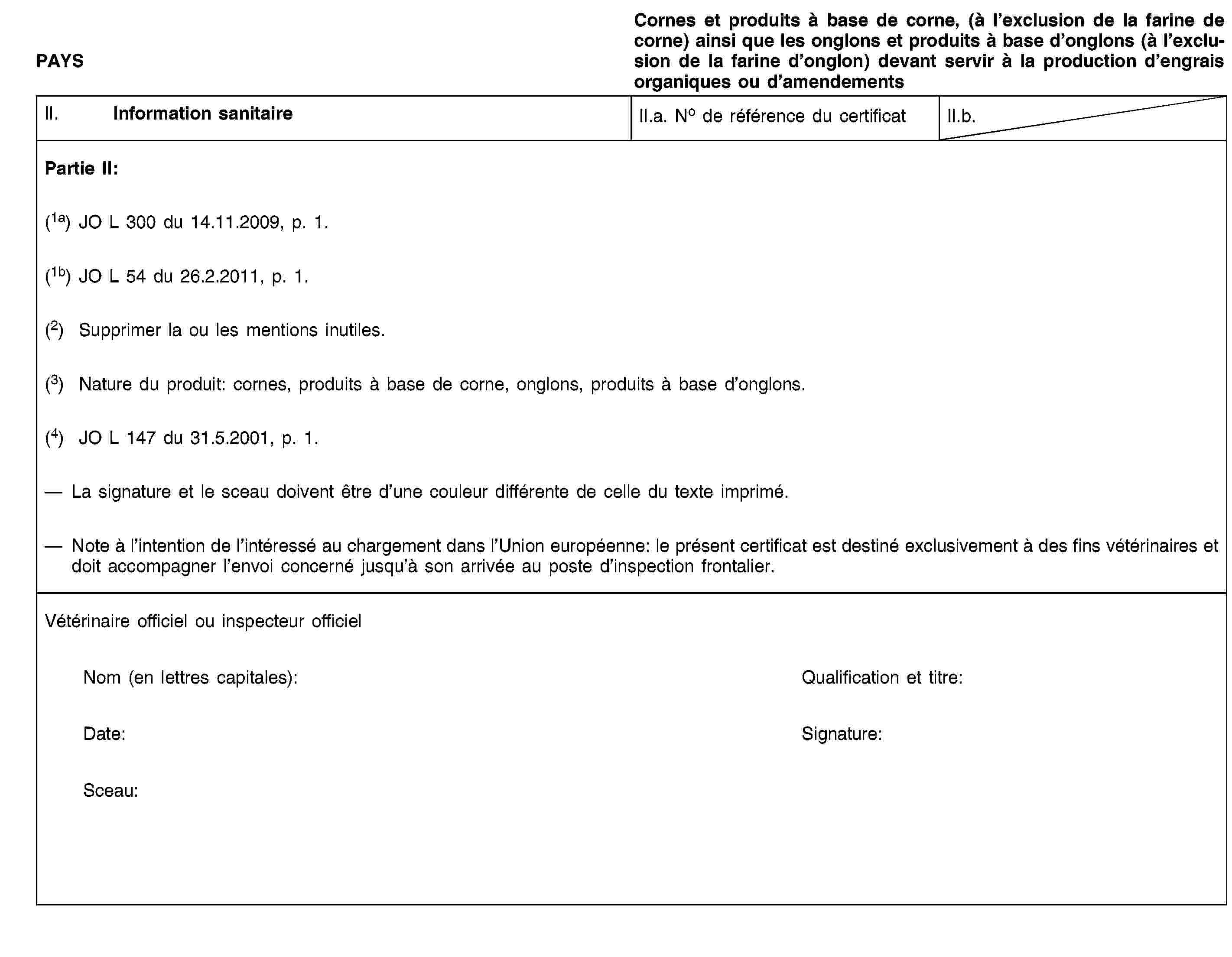 PAYSCornes et produits à base de corne, (à l’exclusion de la farine de corne) ainsi que les onglons et produits à base d’onglons (à l’exclusion de la farine d’onglon) devant servir à la production d’engrais organiques ou d’amendementsII. Information sanitaireII.a. No de référence du certificatII.b.Partie II:(1a) JO L 300 du 14.11.2009, p. 1.(1b) JO L 54 du 26.2.2011, p. 1.(2) Supprimer la ou les mentions inutiles.(3) Nature du produit: cornes, produits à base de corne, onglons, produits à base d’onglons.(4) JO L 147 du 31.5.2001, p. 1.La signature et le sceau doivent être d’une couleur différente de celle du texte imprimé.Note à l’intention de l’intéressé au chargement dans l’Union européenne: le présent certificat est destiné exclusivement à des fins vétérinaires et doit accompagner l’envoi concerné jusqu’à son arrivée au poste d’inspection frontalier.Vétérinaire officiel ou inspecteur officielNom (en lettres capitales):Qualification et titre:Date:Signature:Sceau:
