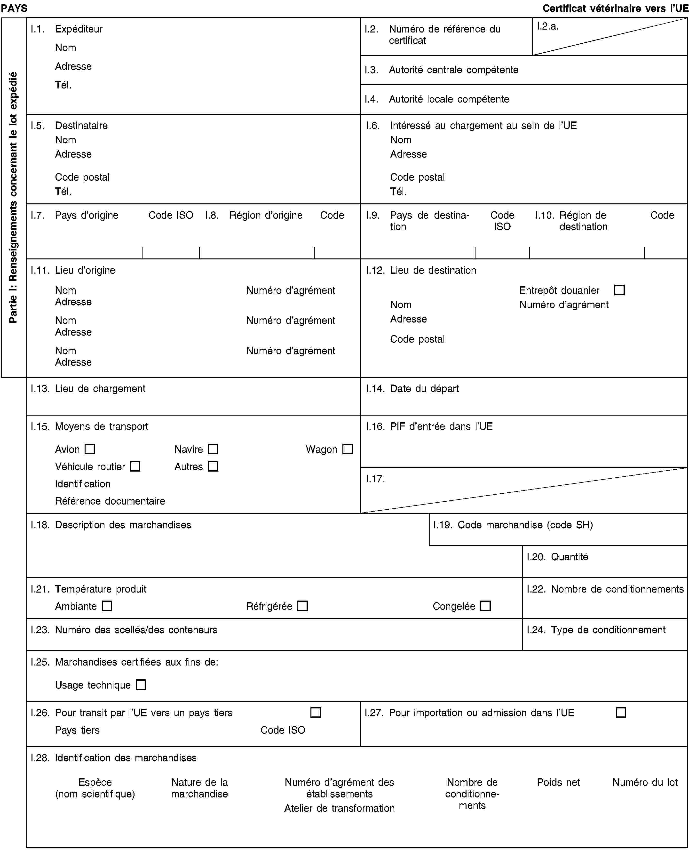 Partie I: Renseignements concernant le lot expédiéPAYSCertificat vétérinaire vers l’UEI.1. ExpéditeurNomAdresseTél.I.2. Numéro de référence du certificatI.2.a.I.3. Autorité centrale compétenteI.4. Autorité locale compétenteI.5. DestinataireNomAdresseCode postalTél.I.6. Intéressé au chargement au sein de l’UENomAdresseCode postalTél.I.7. Pays d’origineCode ISOI.8. Région d’origineCodeI.9. Pays de destinationCode ISOI.10. Région de destinationCodeI.11. Lieu d’origineNomNuméro d’agrémentAdresseNomNuméro d’agrémentAdresseNomNuméro d’agrémentAdresseI.12. Lieu de destinationEntrepôt douanierNomNuméro d’agrémentAdresseCode postalI.13. Lieu de chargementI.14. Date du départI.15. Moyens de transportAvionNavireWagonVéhicule routierAutresIdentificationRéférence documentaireI.16. PIF d’entrée dans l’UEI.17.I.18. Description des marchandisesI.19. Code marchandise (code SH)I.20. QuantitéI.21. Température produitAmbianteRéfrigéréeCongeléeI.22. Nombre de conditionnementsI.23. Numéro des scellés/des conteneursI.24. Type de conditionnementI.25. Marchandises certifiées aux fins de:Usage techniqueI.26. Pour transit par l’UE vers un pays tiersPays tiersCode ISOI.27. Pour importation ou admission dans l’UEI.28. Identification des marchandisesEspèce(nom scientifique)Nature de la marchandiseNuméro d’agrément des établissementsAtelier de transformationNombre de conditionnementsPoids netNuméro du lot