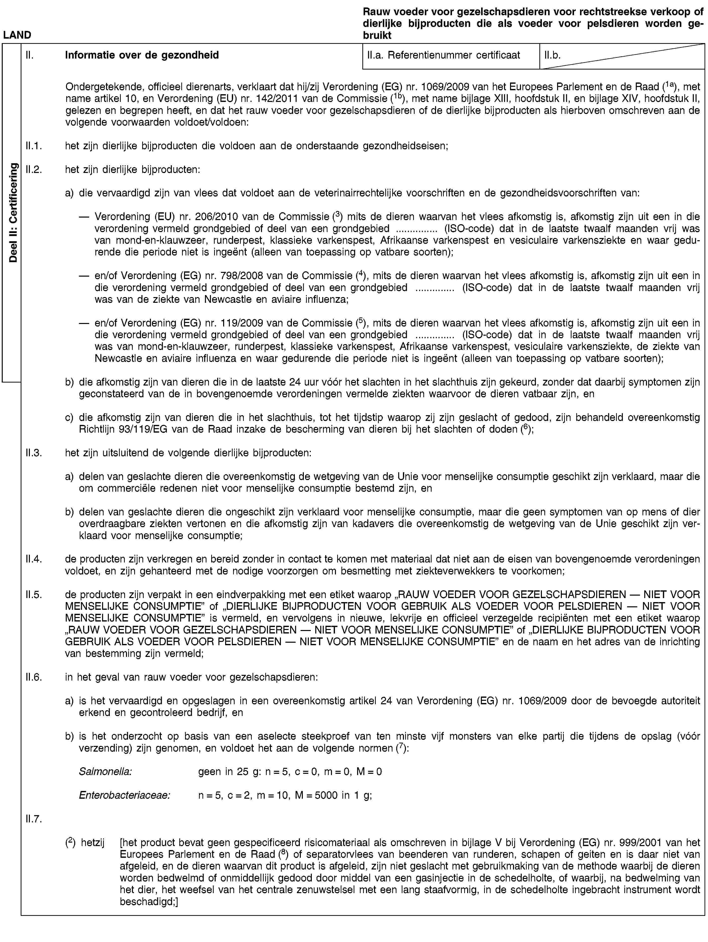 Deel II: CertificeringLANDRauw voeder voor gezelschapsdieren voor rechtstreekse verkoop of dierlijke bijproducten die als voeder voor pelsdieren worden gebruiktII. Informatie over de gezondheidII.a. Referentienummer certificaatII.b.Ondergetekende, officieel dierenarts, verklaart dat hij/zij Verordening (EG) nr. 1069/2009 van het Europees Parlement en de Raad (1a), met name artikel 10, en Verordening (EU) nr. 142/2011 van de Commissie (1b), met name bijlage XIII, hoofdstuk II, en bijlage XIV, hoofdstuk II, gelezen en begrepen heeft, en dat het rauw voeder voor gezelschapsdieren of de dierlijke bijproducten als hierboven omschreven aan de volgende voorwaarden voldoet/voldoen:II.1. het zijn dierlijke bijproducten die voldoen aan de onderstaande gezondheidseisen;II.2. het zijn dierlijke bijproducten:a) die vervaardigd zijn van vlees dat voldoet aan de veterinairrechtelijke voorschriften en de gezondheidsvoorschriften van:Verordening (EU) nr. 206/2010 van de Commissie (3) mits de dieren waarvan het vlees afkomstig is, afkomstig zijn uit een in die verordening vermeld grondgebied of deel van een grondgebied … (ISO-code) dat in de laatste twaalf maanden vrij was van mond-en-klauwzeer, runderpest, klassieke varkenspest, Afrikaanse varkenspest en vesiculaire varkensziekte en waar gedurende die periode niet is ingeënt (alleen van toepassing op vatbare soorten);en/of Verordening (EG) nr. 798/2008 van de Commissie (4), mits de dieren waarvan het vlees afkomstig is, afkomstig zijn uit een in die verordening vermeld grondgebied of deel van een grondgebied … (ISO-code) dat in de laatste twaalf maanden vrij was van de ziekte van Newcastle en aviaire influenza;en/of Verordening (EG) nr. 119/2009 van de Commissie (5), mits de dieren waarvan het vlees afkomstig is, afkomstig zijn uit een in die verordening vermeld grondgebied of deel van een grondgebied … (ISO-code) dat in de laatste twaalf maanden vrij was van mond-en-klauwzeer, runderpest, klassieke varkenspest, Afrikaanse varkenspest, vesiculaire varkensziekte, de ziekte van Newcastle en aviaire influenza en waar gedurende die periode niet is ingeënt (alleen van toepassing op vatbare soorten);b) die afkomstig zijn van dieren die in de laatste 24 uur vóór het slachten in het slachthuis zijn gekeurd, zonder dat daarbij symptomen zijn geconstateerd van de in bovengenoemde verordeningen vermelde ziekten waarvoor de dieren vatbaar zijn, enc) die afkomstig zijn van dieren die in het slachthuis, tot het tijdstip waarop zij zijn geslacht of gedood, zijn behandeld overeenkomstig Richtlijn 93/119/EG van de Raad inzake de bescherming van dieren bij het slachten of doden (6);II.3. het zijn uitsluitend de volgende dierlijke bijproducten:a) delen van geslachte dieren die overeenkomstig de wetgeving van de Unie voor menselijke consumptie geschikt zijn verklaard, maar die om commerciële redenen niet voor menselijke consumptie bestemd zijn, enb) delen van geslachte dieren die ongeschikt zijn verklaard voor menselijke consumptie, maar die geen symptomen van op mens of dier overdraagbare ziekten vertonen en die afkomstig zijn van kadavers die overeenkomstig de wetgeving van de Unie geschikt zijn verklaard voor menselijke consumptie;II.4. de producten zijn verkregen en bereid zonder in contact te komen met materiaal dat niet aan de eisen van bovengenoemde verordeningen voldoet, en zijn gehanteerd met de nodige voorzorgen om besmetting met ziekteverwekkers te voorkomen;II.5. de producten zijn verpakt in een eindverpakking met een etiket waarop „RAUW VOEDER VOOR GEZELSCHAPSDIEREN — NIET VOOR MENSELIJKE CONSUMPTIE” of „DIERLIJKE BIJPRODUCTEN VOOR GEBRUIK ALS VOEDER VOOR PELSDIEREN — NIET VOOR MENSELIJKE CONSUMPTIE” is vermeld, en vervolgens in nieuwe, lekvrije en officieel verzegelde recipiënten met een etiket waarop „RAUW VOEDER VOOR GEZELSCHAPSDIEREN — NIET VOOR MENSELIJKE CONSUMPTIE” of „DIERLIJKE BIJPRODUCTEN VOOR GEBRUIK ALS VOEDER VOOR PELSDIEREN — NIET VOOR MENSELIJKE CONSUMPTIE” en de naam en het adres van de inrichting van bestemming zijn vermeld;II.6. in het geval van rauw voeder voor gezelschapsdieren:a) is het vervaardigd en opgeslagen in een overeenkomstig artikel 24 van Verordening (EG) nr. 1069/2009 door de bevoegde autoriteit erkend en gecontroleerd bedrijf, enb) is het onderzocht op basis van een aselecte steekproef van ten minste vijf monsters van elke partij die tijdens de opslag (vóór verzending) zijn genomen, en voldoet het aan de volgende normen (7):Salmonella: geen in 25 g: n = 5, c = 0, m = 0, M = 0Enterobacteriaceae:n = 5, c = 2, m = 10, M = 5000 in 1 g;II.7.(2) hetzij [het product bevat geen gespecificeerd risicomateriaal als omschreven in bijlage V bij Verordening (EG) nr. 999/2001 van het Europees Parlement en de Raad (8) of separatorvlees van beenderen van runderen, schapen of geiten en is daar niet van afgeleid, en de dieren waarvan dit product is afgeleid, zijn niet geslacht met gebruikmaking van de methode waarbij de dieren worden bedwelmd of onmiddellijk gedood door middel van een gasinjectie in de schedelholte, of waarbij, na bedwelming van het dier, het weefsel van het centrale zenuwstelsel met een lang staafvormig, in de schedelholte ingebracht instrument wordt beschadigd;]