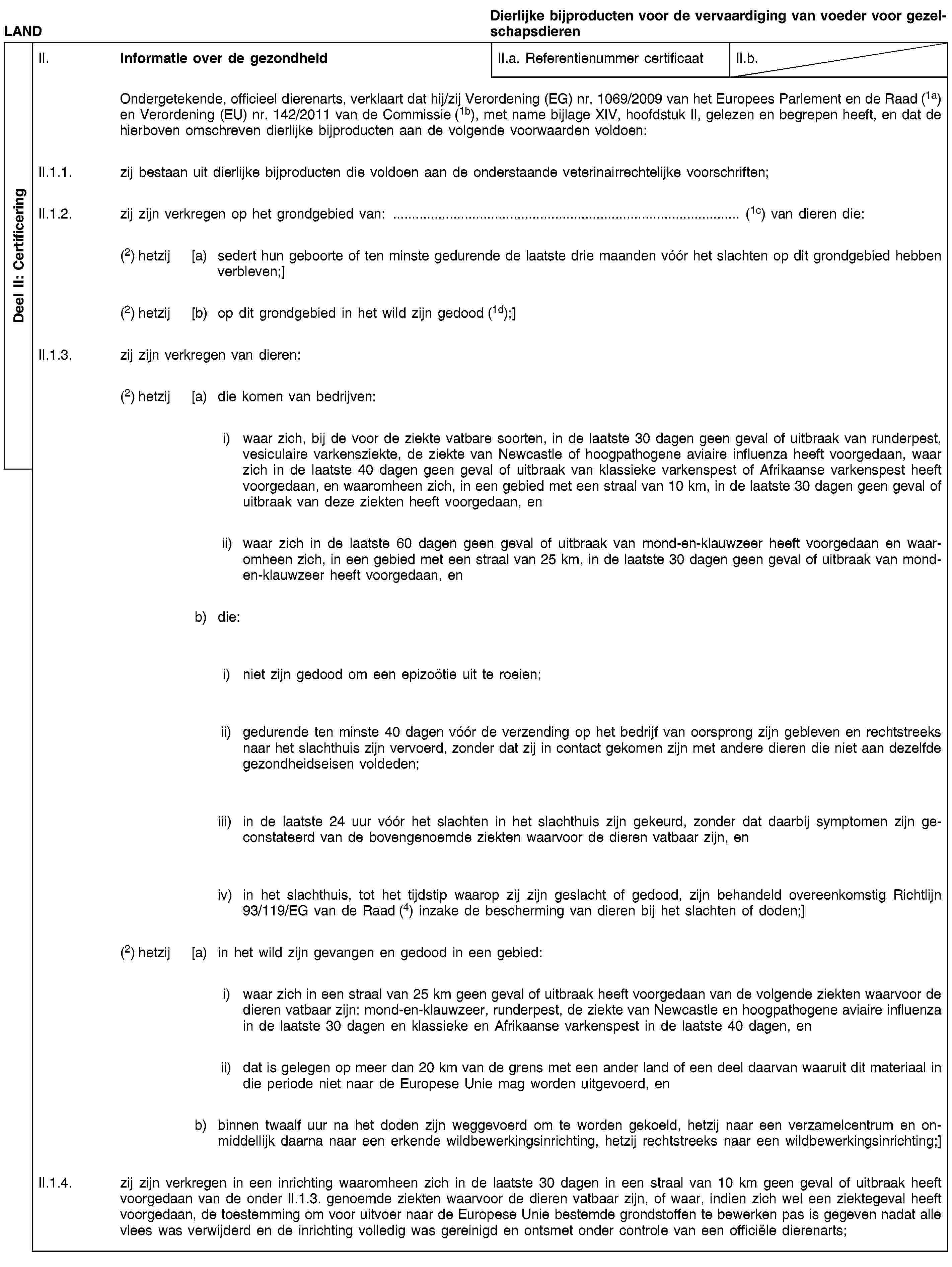 Deel II: CertificeringLANDDierlijke bijproducten voor de vervaardiging van voeder voor gezelschapsdierenII. Informatie over de gezondheidII.a. Referentienummer certificaatII.b.Ondergetekende, officieel dierenarts, verklaart dat hij/zij Verordening (EG) nr. 1069/2009 van het Europees Parlement en de Raad (1a) en Verordening (EU) nr. 142/2011 van de Commissie (1b), met name bijlage XIV, hoofdstuk II, gelezen en begrepen heeft, en dat de hierboven omschreven dierlijke bijproducten aan de volgende voorwaarden voldoen:II.1.1. zij bestaan uit dierlijke bijproducten die voldoen aan de onderstaande veterinairrechtelijke voorschriften;II.1.2. zij zijn verkregen op het grondgebied van: … (1c) van dieren die:(2) hetzij [a) sedert hun geboorte of ten minste gedurende de laatste drie maanden vóór het slachten op dit grondgebied hebben verbleven;](2) hetzij [b) op dit grondgebied in het wild zijn gedood (1d);]II.1.3. zij zijn verkregen van dieren:(2) hetzij [a) die komen van bedrijven:i) waar zich, bij de voor de ziekte vatbare soorten, in de laatste 30 dagen geen geval of uitbraak van runderpest, vesiculaire varkensziekte, de ziekte van Newcastle of hoogpathogene aviaire influenza heeft voorgedaan, waar zich in de laatste 40 dagen geen geval of uitbraak van klassieke varkenspest of Afrikaanse varkenspest heeft voorgedaan, en waaromheen zich, in een gebied met een straal van 10 km, in de laatste 30 dagen geen geval of uitbraak van deze ziekten heeft voorgedaan, enii) waar zich in de laatste 60 dagen geen geval of uitbraak van mond-en-klauwzeer heeft voorgedaan en waaromheen zich, in een gebied met een straal van 25 km, in de laatste 30 dagen geen geval of uitbraak van mond-en-klauwzeer heeft voorgedaan, enb) die:i) niet zijn gedood om een epizoötie uit te roeien;ii) gedurende ten minste 40 dagen vóór de verzending op het bedrijf van oorsprong zijn gebleven en rechtstreeks naar het slachthuis zijn vervoerd, zonder dat zij in contact gekomen zijn met andere dieren die niet aan dezelfde gezondheidseisen voldeden;iii) in de laatste 24 uur vóór het slachten in het slachthuis zijn gekeurd, zonder dat daarbij symptomen zijn geconstateerd van de bovengenoemde ziekten waarvoor de dieren vatbaar zijn, eniv) in het slachthuis, tot het tijdstip waarop zij zijn geslacht of gedood, zijn behandeld overeenkomstig Richtlijn 93/119/EG van de Raad (4) inzake de bescherming van dieren bij het slachten of doden;](2) hetzij [a) in het wild zijn gevangen en gedood in een gebied:i) waar zich in een straal van 25 km geen geval of uitbraak heeft voorgedaan van de volgende ziekten waarvoor de dieren vatbaar zijn: mond-en-klauwzeer, runderpest, de ziekte van Newcastle en hoogpathogene aviaire influenza in de laatste 30 dagen en klassieke en Afrikaanse varkenspest in de laatste 40 dagen, enii) dat is gelegen op meer dan 20 km van de grens met een ander land of een deel daarvan waaruit dit materiaal in die periode niet naar de Europese Unie mag worden uitgevoerd, enb) binnen twaalf uur na het doden zijn weggevoerd om te worden gekoeld, hetzij naar een verzamelcentrum en onmiddellijk daarna naar een erkende wildbewerkingsinrichting, hetzij rechtstreeks naar een wildbewerkingsinrichting;]II.1.4. zij zijn verkregen in een inrichting waaromheen zich in de laatste 30 dagen in een straal van 10 km geen geval of uitbraak heeft voorgedaan van de onder II.1.3. genoemde ziekten waarvoor de dieren vatbaar zijn, of waar, indien zich wel een ziektegeval heeft voorgedaan, de toestemming om voor uitvoer naar de Europese Unie bestemde grondstoffen te bewerken pas is gegeven nadat alle vlees was verwijderd en de inrichting volledig was gereinigd en ontsmet onder controle van een officiële dierenarts;