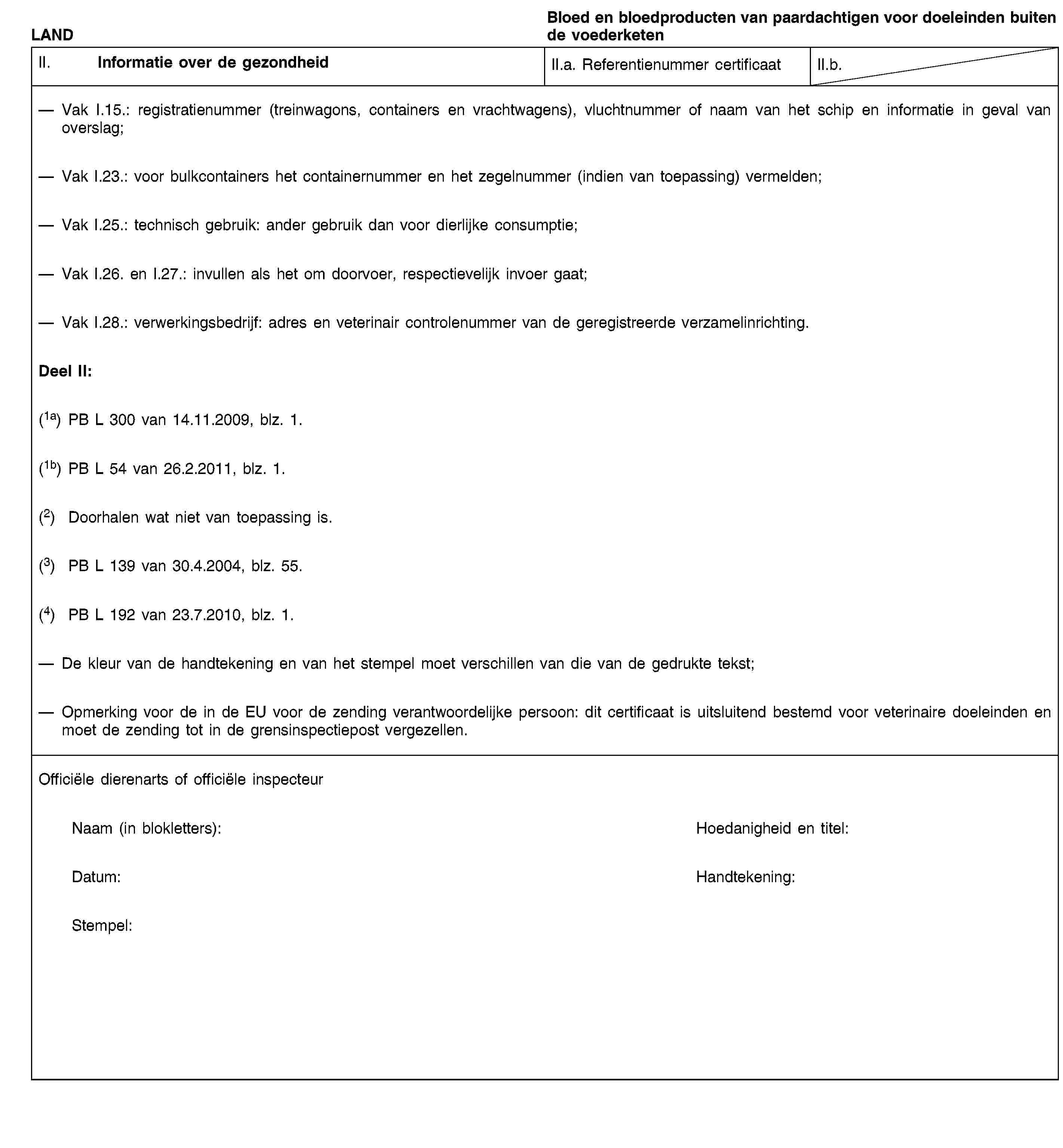 LANDBloed en bloedproducten van paardachtigen voor doeleinden buiten de voederketenII. Informatie over de gezondheidII.a. Referentienummer certificaatII.b.Vak I.15.: registratienummer (treinwagons, containers en vrachtwagens), vluchtnummer of naam van het schip en informatie in geval van overslag;Vak I.23.: voor bulkcontainers het containernummer en het zegelnummer (indien van toepassing) vermelden;Vak I.25.: technisch gebruik: ander gebruik dan voor dierlijke consumptie;Vak I.26. en I.27.: invullen als het om doorvoer, respectievelijk invoer gaat;Vak I.28.: verwerkingsbedrijf: adres en veterinair controlenummer van de geregistreerde verzamelinrichting.Deel II:(1a) PB L 300 van 14.11.2009, blz. 1.(1b) PB L 54 van 26.2.2011, blz. 1.(2) Doorhalen wat niet van toepassing is.(3) PB L 139 van 30.4.2004, blz. 55.(4) PB L 192 van 23.7.2010, blz. 1.De kleur van de handtekening en van het stempel moet verschillen van die van de gedrukte tekst;Opmerking voor de in de EU voor de zending verantwoordelijke persoon: dit certificaat is uitsluitend bestemd voor veterinaire doeleinden en moet de zending tot in de grensinspectiepost vergezellen.Officiële dierenarts of officiële inspecteurNaam (in blokletters):Hoedanigheid en titel:Datum:Handtekening:Stempel: