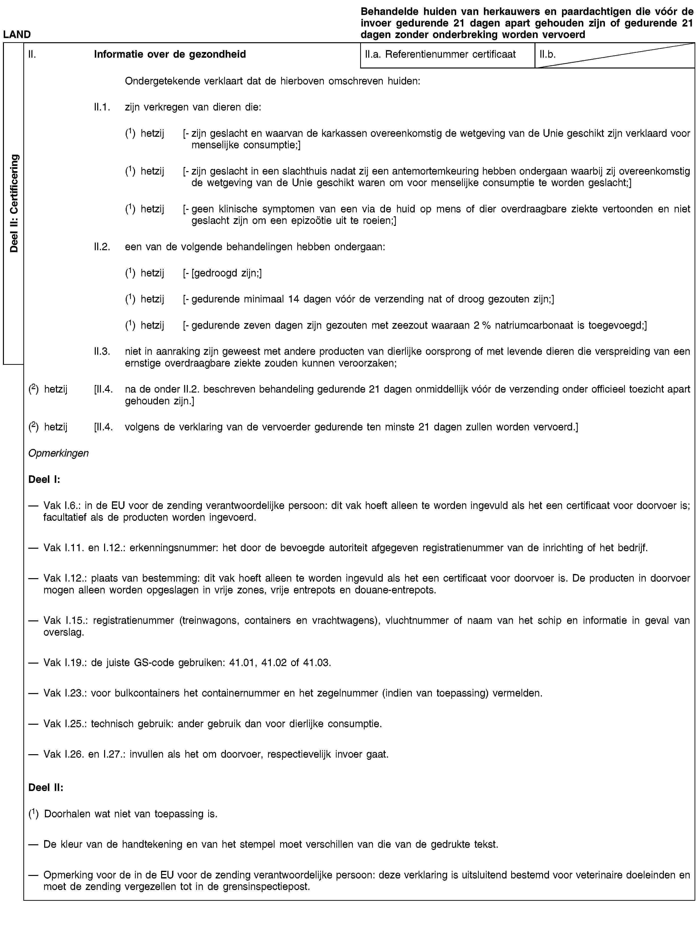 Deel II: CertificeringLANDBehandelde huiden van herkauwers en paardachtigen die vóór de invoer gedurende 21 dagen apart gehouden zijn of gedurende 21 dagen zonder onderbreking worden vervoerdII. Informatie over de gezondheidII.a. Referentienummer certificaatII.b.Ondergetekende verklaart dat de hierboven omschreven huiden:II.1. zijn verkregen van dieren die:(1) hetzij [- zijn geslacht en waarvan de karkassen overeenkomstig de wetgeving van de Unie geschikt zijn verklaard voor menselijke consumptie;](1) hetzij [- zijn geslacht in een slachthuis nadat zij een antemortemkeuring hebben ondergaan waarbij zij overeenkomstig de wetgeving van de Unie geschikt waren om voor menselijke consumptie te worden geslacht;](1) hetzij [- geen klinische symptomen van een via de huid op mens of dier overdraagbare ziekte vertoonden en niet geslacht zijn om een epizoötie uit te roeien;]II.2. een van de volgende behandelingen hebben ondergaan:(1) hetzij [- [gedroogd zijn;](1) hetzij [- gedurende minimaal 14 dagen vóór de verzending nat of droog gezouten zijn;](1) hetzij [- gedurende zeven dagen zijn gezouten met zeezout waaraan 2 % natriumcarbonaat is toegevoegd;]II.3. niet in aanraking zijn geweest met andere producten van dierlijke oorsprong of met levende dieren die verspreiding van een ernstige overdraagbare ziekte zouden kunnen veroorzaken;(2) hetzij [II.4. na de onder II.2. beschreven behandeling gedurende 21 dagen onmiddellijk vóór de verzending onder officieel toezicht apart gehouden zijn.](2) hetzij [II.4. volgens de verklaring van de vervoerder gedurende ten minste 21 dagen zullen worden vervoerd.]OpmerkingenDeel I:Vak I.6.: in de EU voor de zending verantwoordelijke persoon: dit vak hoeft alleen te worden ingevuld als het een certificaat voor doorvoer is; facultatief als de producten worden ingevoerd.Vak I.11. en I.12.: erkenningsnummer: het door de bevoegde autoriteit afgegeven registratienummer van de inrichting of het bedrijf.Vak I.12.: plaats van bestemming: dit vak hoeft alleen te worden ingevuld als het een certificaat voor doorvoer is. De producten in doorvoer mogen alleen worden opgeslagen in vrije zones, vrije entrepots en douane-entrepots.Vak I.15.: registratienummer (treinwagons, containers en vrachtwagens), vluchtnummer of naam van het schip en informatie in geval van overslag.Vak I.19.: de juiste GS-code gebruiken: 41.01, 41.02 of 41.03.Vak I.23.: voor bulkcontainers het containernummer en het zegelnummer (indien van toepassing) vermelden.Vak I.25.: technisch gebruik: ander gebruik dan voor dierlijke consumptie.Vak I.26. en I.27.: invullen als het om doorvoer, respectievelijk invoer gaat.Deel II:(1) Doorhalen wat niet van toepassing is.De kleur van de handtekening en van het stempel moet verschillen van die van de gedrukte tekst.Opmerking voor de in de EU voor de zending verantwoordelijke persoon: deze verklaring is uitsluitend bestemd voor veterinaire doeleinden en moet de zending vergezellen tot in de grensinspectiepost.