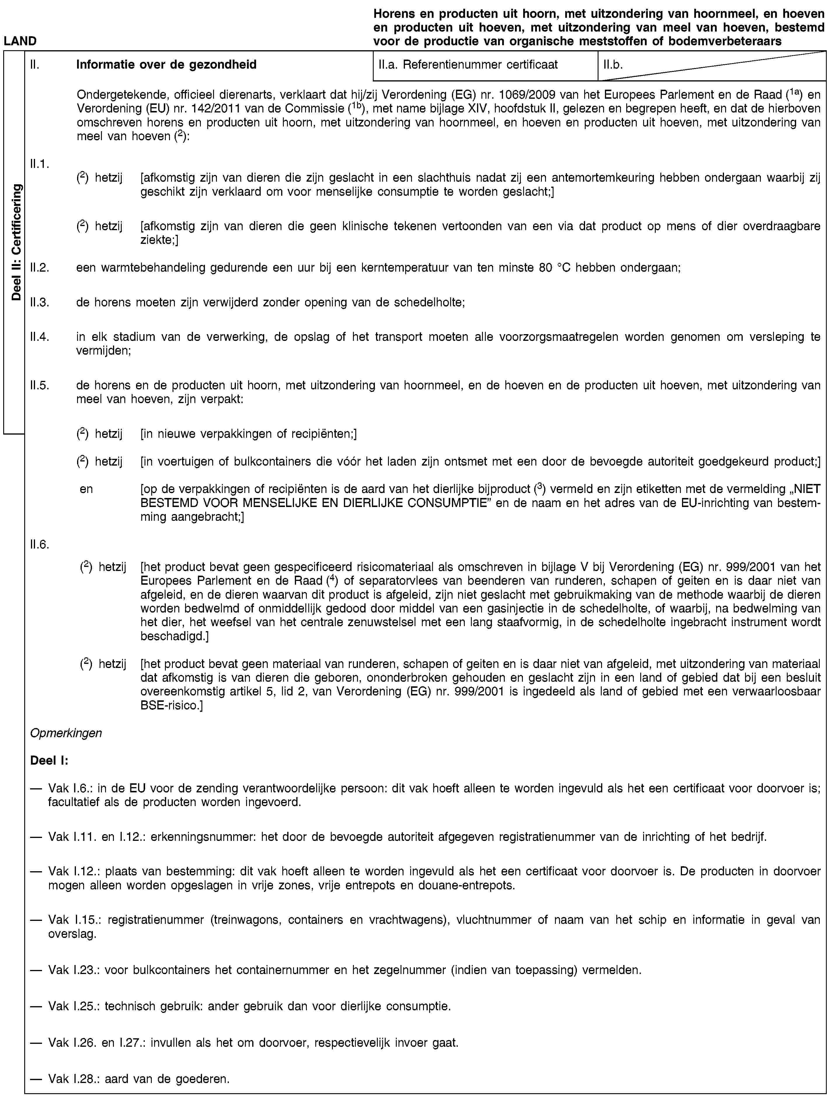 Deel II: CertificeringLANDHorens en producten uit hoorn, met uitzondering van hoornmeel, en hoeven en producten uit hoeven, met uitzondering van meel van hoeven, bestemd voor de productie van organische meststoffen of bodemverbeteraarsII. Informatie over de gezondheidII.a. Referentienummer certificaatII.b.Ondergetekende, officieel dierenarts, verklaart dat hij/zij Verordening (EG) nr. 1069/2009 van het Europees Parlement en de Raad (1a) en Verordening (EU) nr. 142/2011 van de Commissie (1b), met name bijlage XIV, hoofdstuk II, gelezen en begrepen heeft, en dat de hierboven omschreven horens en producten uit hoorn, met uitzondering van hoornmeel, en hoeven en producten uit hoeven, met uitzondering van meel van hoeven (2):II.1. (2) hetzij [afkomstig zijn van dieren die zijn geslacht in een slachthuis nadat zij een antemortemkeuring hebben ondergaan waarbij zij geschikt zijn verklaard om voor menselijke consumptie te worden geslacht;](2) hetzij [afkomstig zijn van dieren die geen klinische tekenen vertoonden van een via dat product op mens of dier overdraagbare ziekte;]II.2. een warmtebehandeling gedurende een uur bij een kerntemperatuur van ten minste 80 °C hebben ondergaan;II.3. de horens moeten zijn verwijderd zonder opening van de schedelholte;II.4. in elk stadium van de verwerking, de opslag of het transport moeten alle voorzorgsmaatregelen worden genomen om versleping te vermijden;II.5. de horens en de producten uit hoorn, met uitzondering van hoornmeel, en de hoeven en de producten uit hoeven, met uitzondering van meel van hoeven, zijn verpakt:(2) hetzij [in nieuwe verpakkingen of recipiënten;](2) hetzij [in voertuigen of bulkcontainers die vóór het laden zijn ontsmet met een door de bevoegde autoriteit goedgekeurd product;]en [op de verpakkingen of recipiënten is de aard van het dierlijke bijproduct (3) vermeld en zijn etiketten met de vermelding „NIET BESTEMD VOOR MENSELIJKE EN DIERLIJKE CONSUMPTIE” en de naam en het adres van de EU-inrichting van bestemming aangebracht;]II.6.(2) hetzij [het product bevat geen gespecificeerd risicomateriaal als omschreven in bijlage V bij Verordening (EG) nr. 999/2001 van het Europees Parlement en de Raad (4) of separatorvlees van beenderen van runderen, schapen of geiten en is daar niet van afgeleid, en de dieren waarvan dit product is afgeleid, zijn niet geslacht met gebruikmaking van de methode waarbij de dieren worden bedwelmd of onmiddellijk gedood door middel van een gasinjectie in de schedelholte, of waarbij, na bedwelming van het dier, het weefsel van het centrale zenuwstelsel met een lang staafvormig, in de schedelholte ingebracht instrument wordt beschadigd.](2) hetzij [het product bevat geen materiaal van runderen, schapen of geiten en is daar niet van afgeleid, met uitzondering van materiaal dat afkomstig is van dieren die geboren, ononderbroken gehouden en geslacht zijn in een land of gebied dat bij een besluit overeenkomstig artikel 5, lid 2, van Verordening (EG) nr. 999/2001 is ingedeeld als land of gebied met een verwaarloosbaar BSE-risico.]OpmerkingenDeel I:Vak I.6.: in de EU voor de zending verantwoordelijke persoon: dit vak hoeft alleen te worden ingevuld als het een certificaat voor doorvoer is; facultatief als de producten worden ingevoerd.Vak I.11. en I.12.: erkenningsnummer: het door de bevoegde autoriteit afgegeven registratienummer van de inrichting of het bedrijf.Vak I.12.: plaats van bestemming: dit vak hoeft alleen te worden ingevuld als het een certificaat voor doorvoer is. De producten in doorvoer mogen alleen worden opgeslagen in vrije zones, vrije entrepots en douane-entrepots.Vak I.15.: registratienummer (treinwagons, containers en vrachtwagens), vluchtnummer of naam van het schip en informatie in geval van overslag.Vak I.23.: voor bulkcontainers het containernummer en het zegelnummer (indien van toepassing) vermelden.Vak I.25.: technisch gebruik: ander gebruik dan voor dierlijke consumptie.Vak I.26. en I.27.: invullen als het om doorvoer, respectievelijk invoer gaat.Vak I.28.: aard van de goederen.