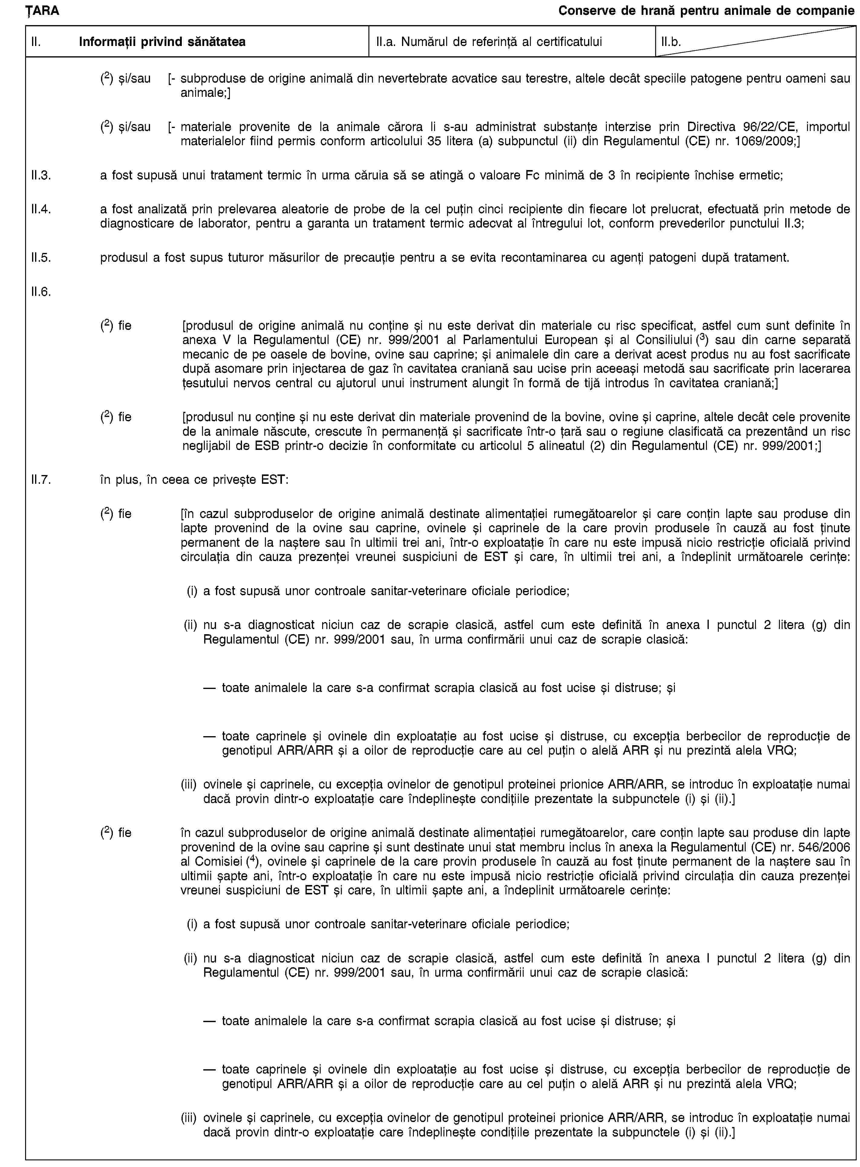 ȚARAConserve de hrană pentru animale de companieII. Informații privind sănătateaII.a. Numărul de referință al certificatuluiII.b.(2) și/sau [- subproduse de origine animală din nevertebrate acvatice sau terestre, altele decât speciile patogene pentru oameni sau animale;](2) și/sau [- materiale provenite de la animale cărora li s-au administrat substanțe interzise prin Directiva 96/22/CE, importul materialelor fiind permis conform articolului 35 litera (a) subpunctul (ii) din Regulamentul (CE) nr. 1069/2009;]II.3. a fost supusă unui tratament termic în urma căruia să se atingă o valoare Fc minimă de 3 în recipiente închise ermetic;II.4. a fost analizată prin prelevarea aleatorie de probe de la cel puțin cinci recipiente din fiecare lot prelucrat, efectuată prin metode de diagnosticare de laborator, pentru a garanta un tratament termic adecvat al întregului lot, conform prevederilor punctului II.3;II.5. produsul a fost supus tuturor măsurilor de precauție pentru a se evita recontaminarea cu agenți patogeni după tratament.II.6.(2) fie [produsul de origine animală nu conține și nu este derivat din materiale cu risc specificat, astfel cum sunt definite în anexa V la Regulamentul (CE) nr. 999/2001 al Parlamentului European și al Consiliului (3) sau din carne separată mecanic de pe oasele de bovine, ovine sau caprine; și animalele din care a derivat acest produs nu au fost sacrificate după asomare prin injectarea de gaz în cavitatea craniană sau ucise prin aceeași metodă sau sacrificate prin lacerarea țesutului nervos central cu ajutorul unui instrument alungit în formă de tijă introdus în cavitatea craniană;](2) fie [produsul nu conține și nu este derivat din materiale provenind de la bovine, ovine și caprine, altele decât cele provenite de la animale născute, crescute în permanență și sacrificate într-o țară sau o regiune clasificată ca prezentând un risc neglijabil de ESB printr-o decizie în conformitate cu articolul 5 alineatul (2) din Regulamentul (CE) nr. 999/2001;]II.7. în plus, în ceea ce privește EST:(2) fie [în cazul subproduselor de origine animală destinate alimentației rumegătoarelor și care conțin lapte sau produse din lapte provenind de la ovine sau caprine, ovinele și caprinele de la care provin produsele în cauză au fost ținute permanent de la naștere sau în ultimii trei ani, într-o exploatație în care nu este impusă nicio restricție oficială privind circulația din cauza prezenței vreunei suspiciuni de EST și care, în ultimii trei ani, a îndeplinit următoarele cerințe:(i) a fost supusă unor controale sanitar-veterinare oficiale periodice;(ii) nu s-a diagnosticat niciun caz de scrapie clasică, astfel cum este definită în anexa I punctul 2 litera (g) din Regulamentul (CE) nr. 999/2001 sau, în urma confirmării unui caz de scrapie clasică:toate animalele la care s-a confirmat scrapia clasică au fost ucise și distruse; șitoate caprinele și ovinele din exploatație au fost ucise și distruse, cu excepția berbecilor de reproducție de genotipul ARR/ARR și a oilor de reproducție care au cel puțin o alelă ARR și nu prezintă alela VRQ;(iii) ovinele și caprinele, cu excepția ovinelor de genotipul proteinei prionice ARR/ARR, se introduc în exploatație numai dacă provin dintr-o exploatație care îndeplinește condițiile prezentate la subpunctele (i) și (ii).](2) fie în cazul subproduselor de origine animală destinate alimentației rumegătoarelor, care conțin lapte sau produse din lapte provenind de la ovine sau caprine și sunt destinate unui stat membru inclus în anexa la Regulamentul (CE) nr. 546/2006 al Comisiei (4), ovinele și caprinele de la care provin produsele în cauză au fost ținute permanent de la naștere sau în ultimii șapte ani, într-o exploatație în care nu este impusă nicio restricție oficială privind circulația din cauza prezenței vreunei suspiciuni de EST și care, în ultimii șapte ani, a îndeplinit următoarele cerințe:(i) a fost supusă unor controale sanitar-veterinare oficiale periodice;(ii) nu s-a diagnosticat niciun caz de scrapie clasică, astfel cum este definită în anexa I punctul 2 litera (g) din Regulamentul (CE) nr. 999/2001 sau, în urma confirmării unui caz de scrapie clasică:toate animalele la care s-a confirmat scrapia clasică au fost ucise și distruse; șitoate caprinele și ovinele din exploatație au fost ucise și distruse, cu excepția berbecilor de reproducție de genotipul ARR/ARR și a oilor de reproducție care au cel puțin o alelă ARR și nu prezintă alela VRQ;(iii) ovinele și caprinele, cu excepția ovinelor de genotipul proteinei prionice ARR/ARR, se introduc în exploatație numai dacă provin dintr-o exploatație care îndeplinește condițiile prezentate la subpunctele (i) și (ii).]