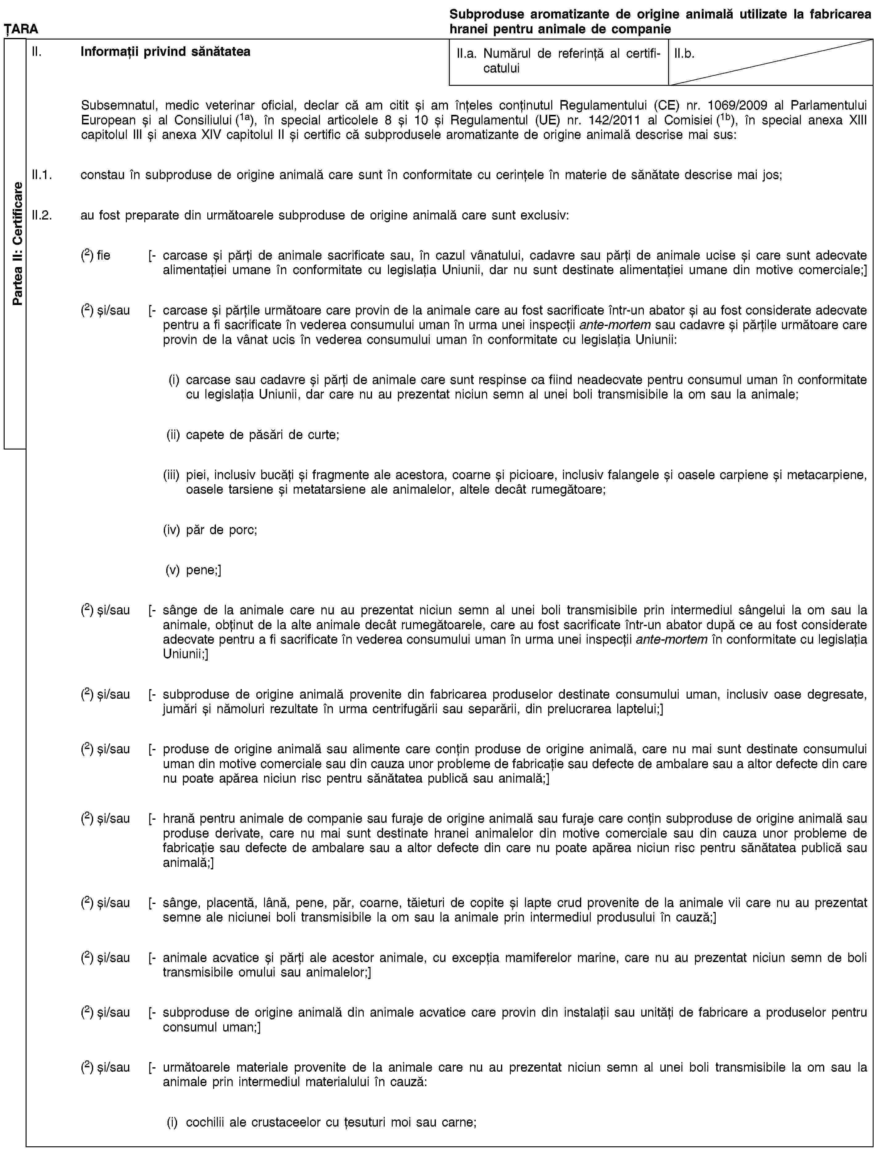 Partea II: CertificareȚARASubproduse aromatizante de origine animală utilizate la fabricarea hranei pentru animale de companieII. Informații privind sănătateaII.a. Numărul de referință al certificatuluiII.b.Subsemnatul, medic veterinar oficial, declar că am citit și am înțeles conținutul Regulamentului (CE) nr. 1069/2009 al Parlamentului European și al Consiliului (1a), în special articolele 8 și 10 și Regulamentul (UE) nr. 142/2011 al Comisiei (1b), în special anexa XIII capitolul III și anexa XIV capitolul II și certific că subprodusele aromatizante de origine animală descrise mai sus:II.1. constau în subproduse de origine animală care sunt în conformitate cu cerințele în materie de sănătate descrise mai jos;II.2. au fost preparate din următoarele subproduse de origine animală care sunt exclusiv:(2) fie [- carcase și părți de animale sacrificate sau, în cazul vânatului, cadavre sau părți de animale ucise și care sunt adecvate alimentației umane în conformitate cu legislația Uniunii, dar nu sunt destinate alimentației umane din motive comerciale;](2) și/sau [- carcase și părțile următoare care provin de la animale care au fost sacrificate într-un abator și au fost considerate adecvate pentru a fi sacrificate în vederea consumului uman în urma unei inspecții ante-mortem sau cadavre și părțile următoare care provin de la vânat ucis în vederea consumului uman în conformitate cu legislația Uniunii:(i) carcase sau cadavre și părți de animale care sunt respinse ca fiind neadecvate pentru consumul uman în conformitate cu legislația Uniunii, dar care nu au prezentat niciun semn al unei boli transmisibile la om sau la animale;(ii) capete de păsări de curte;(iii) piei, inclusiv bucăți și fragmente ale acestora, coarne și picioare, inclusiv falangele și oasele carpiene și metacarpiene, oasele tarsiene și metatarsiene ale animalelor, altele decât rumegătoare;(iv) păr de porc;(v) pene;](2) și/sau [- sânge de la animale care nu au prezentat niciun semn al unei boli transmisibile prin intermediul sângelui la om sau la animale, obținut de la alte animale decât rumegătoarele, care au fost sacrificate într-un abator după ce au fost considerate adecvate pentru a fi sacrificate în vederea consumului uman în urma unei inspecții ante-mortem în conformitate cu legislația Uniunii;](2) și/sau [- subproduse de origine animală provenite din fabricarea produselor destinate consumului uman, inclusiv oase degresate, jumări și nămoluri rezultate în urma centrifugării sau separării, din prelucrarea laptelui;](2) și/sau [- produse de origine animală sau alimente care conțin produse de origine animală, care nu mai sunt destinate consumului uman din motive comerciale sau din cauza unor probleme de fabricație sau defecte de ambalare sau a altor defecte din care nu poate apărea niciun risc pentru sănătatea publică sau animală;](2) și/sau [- hrană pentru animale de companie sau furaje de origine animală sau furaje care conțin subproduse de origine animală sau produse derivate, care nu mai sunt destinate hranei animalelor din motive comerciale sau din cauza unor probleme de fabricație sau defecte de ambalare sau a altor defecte din care nu poate apărea niciun risc pentru sănătatea publică sau animală;](2) și/sau [- sânge, placentă, lână, pene, păr, coarne, tăieturi de copite și lapte crud provenite de la animale vii care nu au prezentat semne ale niciunei boli transmisibile la om sau la animale prin intermediul produsului în cauză;](2) și/sau [- animale acvatice și părți ale acestor animale, cu excepția mamiferelor marine, care nu au prezentat niciun semn de boli transmisibile omului sau animalelor;](2) și/sau [- subproduse de origine animală din animale acvatice care provin din instalații sau unități de fabricare a produselor pentru consumul uman;](2) și/sau [- următoarele materiale provenite de la animale care nu au prezentat niciun semn al unei boli transmisibile la om sau la animale prin intermediul materialului în cauză:(i) cochilii ale crustaceelor cu țesuturi moi sau carne;