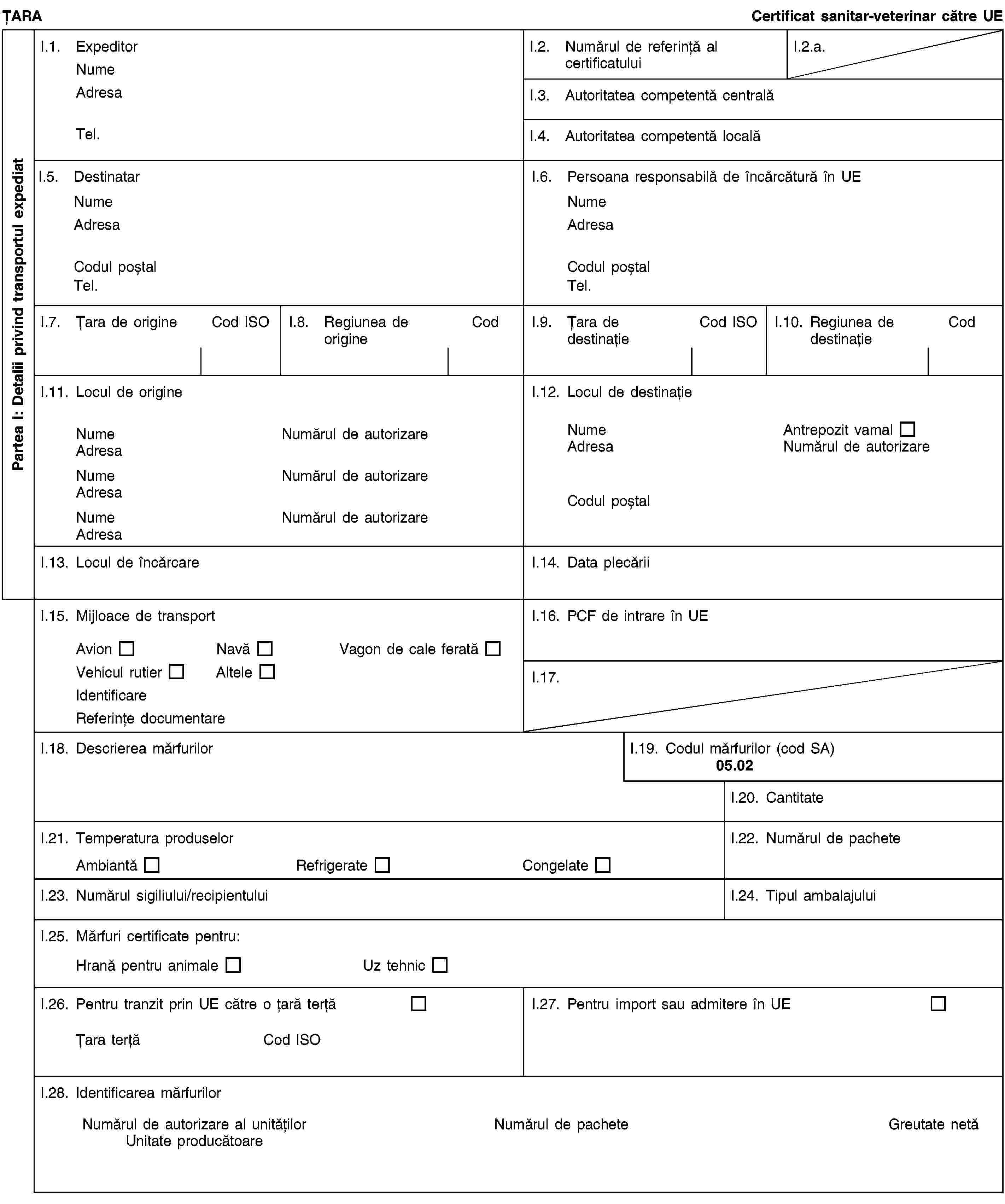 Partea I: Detalii privind transportul expediatȚARACertificat sanitar-veterinar către UEI.1. ExpeditorNumeAdresaTel.I.2. Numărul de referință al certificatuluiI.2.a.I.3. Autoritatea competentă centralăI.4. Autoritatea competentă localăI.5. DestinatarNumeAdresaCodul poștalTel.I.6. Persoana responsabilă de încărcătură în UENumeAdresaCodul poștalTel.I.7. Țara de origineCod ISOI.8. Regiunea de origineCodI.9. Țara de destinațieCod ISOI.10. Regiunea de destinațieCodI.11. Locul de origineNumeNumărul de autorizareAdresaNumeNumărul de autorizareAdresaNumeNumărul de autorizareAdresaI.12. Locul de destinațieNumeAntrepozit vamalAdresaNumărul de autorizareCodul poștalI.13. Locul de încărcareI.14. Data plecăriiI.15. Mijloace de transportAvionNavăVagon de cale feratăVehicul rutierAlteleIdentificareReferințe documentareI.16. PCF de intrare în UEI.17.I.18. Descrierea mărfurilorI.19. Codul mărfurilor (cod SA)05.02I.20. CantitateI.21. Temperatura produselorAmbiantăRefrigerateCongelateI.22. Numărul de pacheteI.23. Numărul sigiliului/recipientuluiI.24. Tipul ambalajuluiI.25. Mărfuri certificate pentru:Hrană pentru animaleUz tehnicI.26. Pentru tranzit prin UE către o țară terțăȚara terțăCod ISOI.27. Pentru import sau admitere în UEI.28. Identificarea mărfurilorNumărul de autorizare al unitățilorUnitate producătoareNumărul de pacheteGreutate netă
