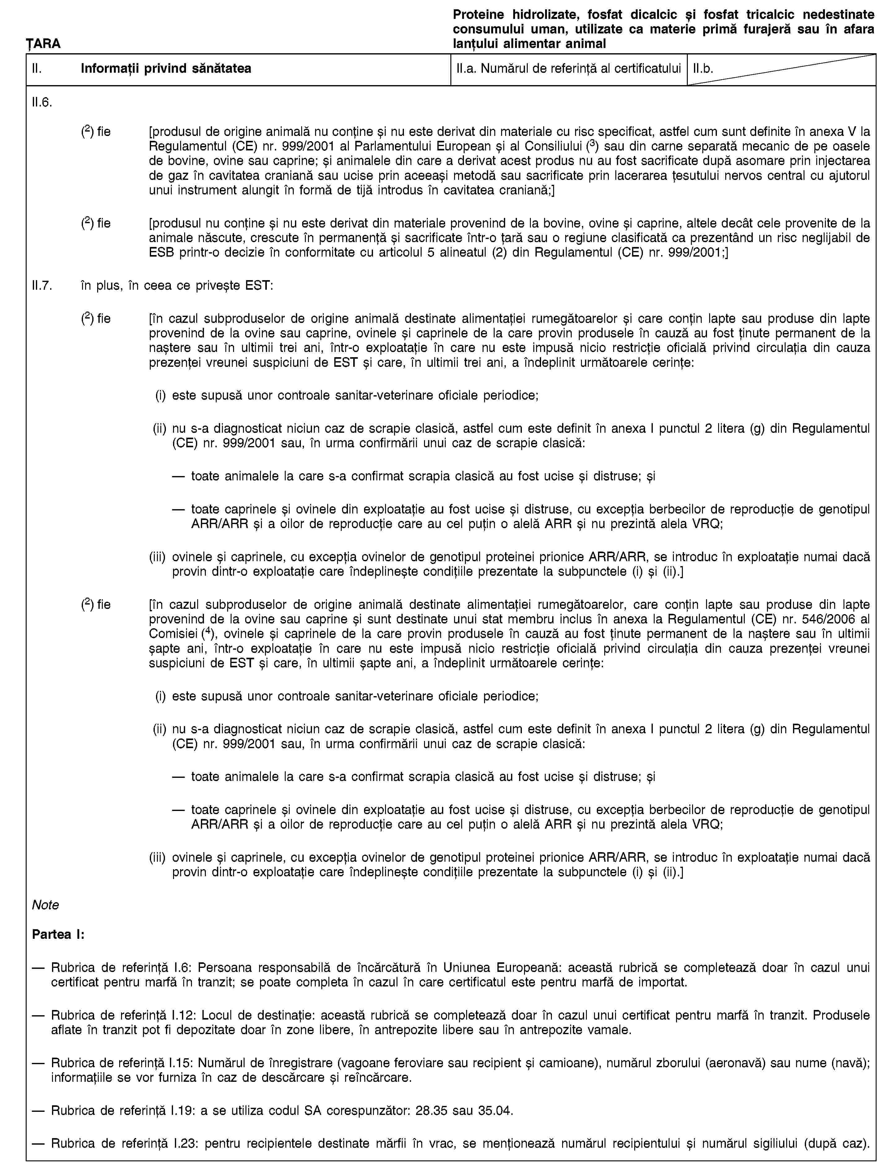 ȚARAProteine hidrolizate, fosfat dicalcic și fosfat tricalcic nedestinate consumului uman, utilizate ca materie primă furajeră sau în afara lanțului alimentar animalII. Informații privind sănătateaII.a. Numărul de referință al certificatuluiII.b.II.6.(2) fie [produsul de origine animală nu conține și nu este derivat din materiale cu risc specificat, astfel cum sunt definite în anexa V la Regulamentul (CE) nr. 999/2001 al Parlamentului European și al Consiliului (3) sau din carne separată mecanic de pe oasele de bovine, ovine sau caprine; și animalele din care a derivat acest produs nu au fost sacrificate după asomare prin injectarea de gaz în cavitatea craniană sau ucise prin aceeași metodă sau sacrificate prin lacerarea țesutului nervos central cu ajutorul unui instrument alungit în formă de tijă introdus în cavitatea craniană;](2) fie [produsul nu conține și nu este derivat din materiale provenind de la bovine, ovine și caprine, altele decât cele provenite de la animale născute, crescute în permanență și sacrificate într-o țară sau o regiune clasificată ca prezentând un risc neglijabil de ESB printr-o decizie în conformitate cu articolul 5 alineatul (2) din Regulamentul (CE) nr. 999/2001;]II.7. în plus, în ceea ce privește EST:(2) fie [în cazul subproduselor de origine animală destinate alimentației rumegătoarelor și care conțin lapte sau produse din lapte provenind de la ovine sau caprine, ovinele și caprinele de la care provin produsele în cauză au fost ținute permanent de la naștere sau în ultimii trei ani, într-o exploatație în care nu este impusă nicio restricție oficială privind circulația din cauza prezenței vreunei suspiciuni de EST și care, în ultimii trei ani, a îndeplinit următoarele cerințe:(i) este supusă unor controale sanitar-veterinare oficiale periodice;(ii) nu s-a diagnosticat niciun caz de scrapie clasică, astfel cum este definit în anexa I punctul 2 litera (g) din Regulamentul (CE) nr. 999/2001 sau, în urma confirmării unui caz de scrapie clasică:toate animalele la care s-a confirmat scrapia clasică au fost ucise și distruse; șitoate caprinele și ovinele din exploatație au fost ucise și distruse, cu excepția berbecilor de reproducție de genotipul ARR/ARR și a oilor de reproducție care au cel puțin o alelă ARR și nu prezintă alela VRQ;(iii) ovinele și caprinele, cu excepția ovinelor de genotipul proteinei prionice ARR/ARR, se introduc în exploatație numai dacă provin dintr-o exploatație care îndeplinește condițiile prezentate la subpunctele (i) și (ii).](2) fie [în cazul subproduselor de origine animală destinate alimentației rumegătoarelor, care conțin lapte sau produse din lapte provenind de la ovine sau caprine și sunt destinate unui stat membru inclus în anexa la Regulamentul (CE) nr. 546/2006 al Comisiei (4), ovinele și caprinele de la care provin produsele în cauză au fost ținute permanent de la naștere sau în ultimii șapte ani, într-o exploatație în care nu este impusă nicio restricție oficială privind circulația din cauza prezenței vreunei suspiciuni de EST și care, în ultimii șapte ani, a îndeplinit următoarele cerințe:(i) este supusă unor controale sanitar-veterinare oficiale periodice;(ii) nu s-a diagnosticat niciun caz de scrapie clasică, astfel cum este definit în anexa I punctul 2 litera (g) din Regulamentul (CE) nr. 999/2001 sau, în urma confirmării unui caz de scrapie clasică:toate animalele la care s-a confirmat scrapia clasică au fost ucise și distruse; șitoate caprinele și ovinele din exploatație au fost ucise și distruse, cu excepția berbecilor de reproducție de genotipul ARR/ARR și a oilor de reproducție care au cel puțin o alelă ARR și nu prezintă alela VRQ;(iii) ovinele și caprinele, cu excepția ovinelor de genotipul proteinei prionice ARR/ARR, se introduc în exploatație numai dacă provin dintr-o exploatație care îndeplinește condițiile prezentate la subpunctele (i) și (ii).]NotePartea I:Rubrica de referință I.6: Persoana responsabilă de încărcătură în Uniunea Europeană: această rubrică se completează doar în cazul unui certificat pentru marfă în tranzit; se poate completa în cazul în care certificatul este pentru marfă de importat.Rubrica de referință I.12: Locul de destinație: această rubrică se completează doar în cazul unui certificat pentru marfă în tranzit. Produsele aflate în tranzit pot fi depozitate doar în zone libere, în antrepozite libere sau în antrepozite vamale.Rubrica de referință I.15: Numărul de înregistrare (vagoane feroviare sau recipient și camioane), numărul zborului (aeronavă) sau nume (navă); informațiile se vor furniza în caz de descărcare și reîncărcare.Rubrica de referință I.19: a se utiliza codul SA corespunzător: 28.35 sau 35.04.Rubrica de referință I.23: pentru recipientele destinate mărfii în vrac, se menționează numărul recipientului și numărul sigiliului (după caz).