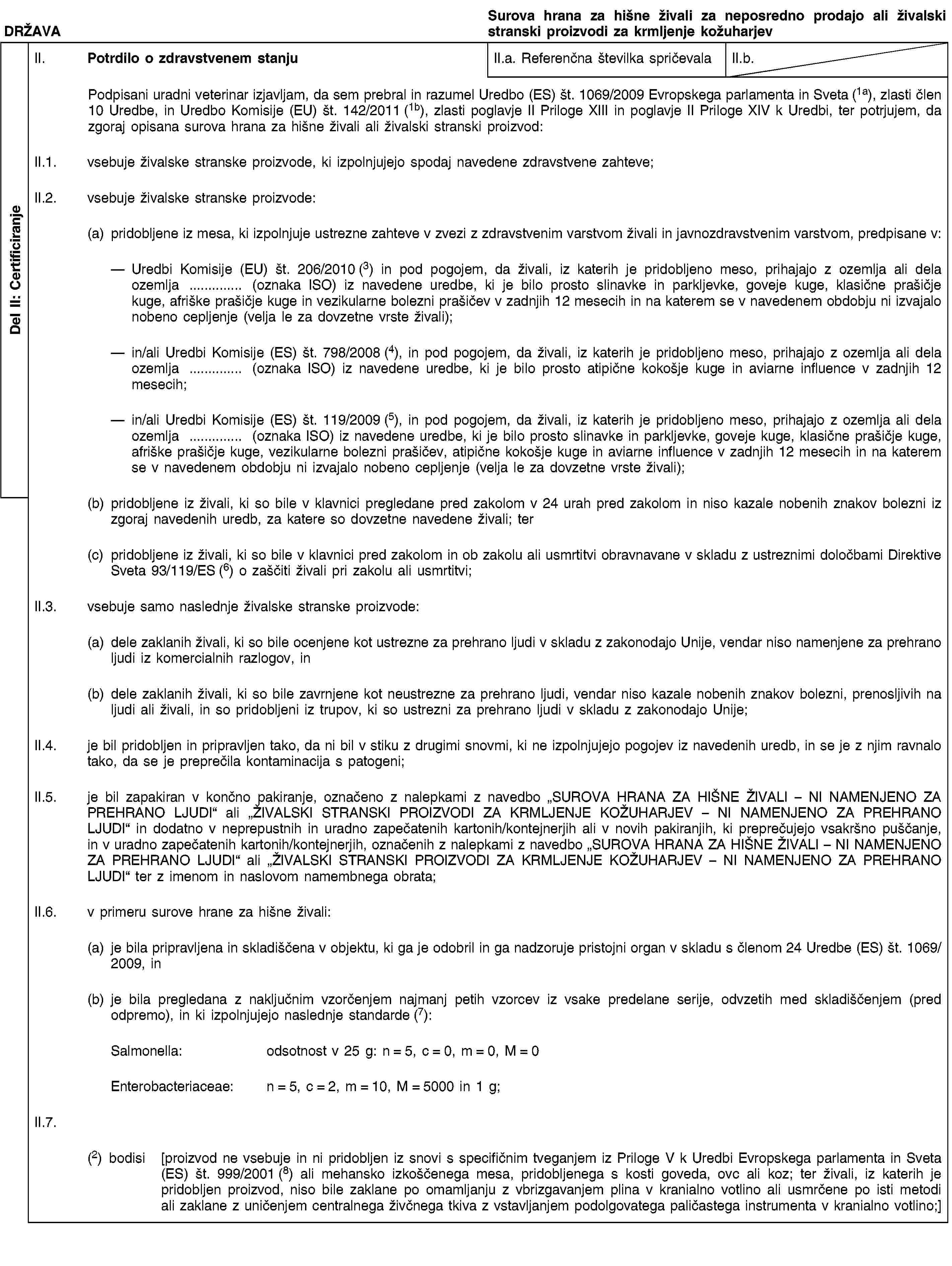 Del II: CertificiranjeDRŽAVASurova hrana za hišne živali za neposredno prodajo ali živalski stranski proizvodi za krmljenje kožuharjevII. Potrdilo o zdravstvenem stanjuII.a. Referenčna številka spričevalaII.b.Podpisani uradni veterinar izjavljam, da sem prebral in razumel Uredbo (ES) št. 1069/2009 Evropskega parlamenta in Sveta (1a), zlasti člen 10 Uredbe, in Uredbo Komisije (EU) št. 142/2011 (1b), zlasti poglavje II Priloge XIII in poglavje II Priloge XIV k Uredbi, ter potrjujem, da zgoraj opisana surova hrana za hišne živali ali živalski stranski proizvod:II.1. vsebuje živalske stranske proizvode, ki izpolnjujejo spodaj navedene zdravstvene zahteve;II.2. vsebuje živalske stranske proizvode:(a) pridobljene iz mesa, ki izpolnjuje ustrezne zahteve v zvezi z zdravstvenim varstvom živali in javnozdravstvenim varstvom, predpisane v:Uredbi Komisije (EU) št. 206/2010 (3) in pod pogojem, da živali, iz katerih je pridobljeno meso, prihajajo z ozemlja ali dela ozemlja … (oznaka ISO) iz navedene uredbe, ki je bilo prosto slinavke in parkljevke, goveje kuge, klasične prašičje kuge, afriške prašičje kuge in vezikularne bolezni prašičev v zadnjih 12 mesecih in na katerem se v navedenem obdobju ni izvajalo nobeno cepljenje (velja le za dovzetne vrste živali);in/ali Uredbi Komisije (ES) št. 798/2008 (4), in pod pogojem, da živali, iz katerih je pridobljeno meso, prihajajo z ozemlja ali dela ozemlja … (oznaka ISO) iz navedene uredbe, ki je bilo prosto atipične kokošje kuge in aviarne influence v zadnjih 12 mesecih;in/ali Uredbi Komisije (ES) št. 119/2009 (5), in pod pogojem, da živali, iz katerih je pridobljeno meso, prihajajo z ozemlja ali dela ozemlja … (oznaka ISO) iz navedene uredbe, ki je bilo prosto slinavke in parkljevke, goveje kuge, klasične prašičje kuge, afriške prašičje kuge, vezikularne bolezni prašičev, atipične kokošje kuge in aviarne influence v zadnjih 12 mesecih in na katerem se v navedenem obdobju ni izvajalo nobeno cepljenje (velja le za dovzetne vrste živali);(b) pridobljene iz živali, ki so bile v klavnici pregledane pred zakolom v 24 urah pred zakolom in niso kazale nobenih znakov bolezni iz zgoraj navedenih uredb, za katere so dovzetne navedene živali; ter(c) pridobljene iz živali, ki so bile v klavnici pred zakolom in ob zakolu ali usmrtitvi obravnavane v skladu z ustreznimi določbami Direktive Sveta 93/119/ES (6) o zaščiti živali pri zakolu ali usmrtitvi;II.3. vsebuje samo naslednje živalske stranske proizvode:(a) dele zaklanih živali, ki so bile ocenjene kot ustrezne za prehrano ljudi v skladu z zakonodajo Unije, vendar niso namenjene za prehrano ljudi iz komercialnih razlogov, in(b) dele zaklanih živali, ki so bile zavrnjene kot neustrezne za prehrano ljudi, vendar niso kazale nobenih znakov bolezni, prenosljivih na ljudi ali živali, in so pridobljeni iz trupov, ki so ustrezni za prehrano ljudi v skladu z zakonodajo Unije;II.4. je bil pridobljen in pripravljen tako, da ni bil v stiku z drugimi snovmi, ki ne izpolnjujejo pogojev iz navedenih uredb, in se je z njim ravnalo tako, da se je preprečila kontaminacija s patogeni;II.5. je bil zapakiran v končno pakiranje, označeno z nalepkami z navedbo „SUROVA HRANA ZA HIŠNE ŽIVALI – NI NAMENJENO ZA PREHRANO LJUDI“ ali „ŽIVALSKI STRANSKI PROIZVODI ZA KRMLJENJE KOŽUHARJEV – NI NAMENJENO ZA PREHRANO LJUDI“ in dodatno v neprepustnih in uradno zapečatenih kartonih/kontejnerjih ali v novih pakiranjih, ki preprečujejo vsakršno puščanje, in v uradno zapečatenih kartonih/kontejnerjih, označenih z nalepkami z navedbo „SUROVA HRANA ZA HIŠNE ŽIVALI – NI NAMENJENO ZA PREHRANO LJUDI“ ali „ŽIVALSKI STRANSKI PROIZVODI ZA KRMLJENJE KOŽUHARJEV – NI NAMENJENO ZA PREHRANO LJUDI“ ter z imenom in naslovom namembnega obrata;II.6. v primeru surove hrane za hišne živali:(a) je bila pripravljena in skladiščena v objektu, ki ga je odobril in ga nadzoruje pristojni organ v skladu s členom 24 Uredbe (ES) št. 1069/2009, in(b) je bila pregledana z naključnim vzorčenjem najmanj petih vzorcev iz vsake predelane serije, odvzetih med skladiščenjem (pred odpremo), in ki izpolnjujejo naslednje standarde (7):Salmonella: odsotnost v 25 g: n = 5, c = 0, m = 0, M = 0Enterobacteriaceae:n = 5, c = 2, m = 10, M = 5000 in 1 g;II.7.(2) bodisi [proizvod ne vsebuje in ni pridobljen iz snovi s specifičnim tveganjem iz Priloge V k Uredbi Evropskega parlamenta in Sveta (ES) št. 999/2001 (8) ali mehansko izkoščenega mesa, pridobljenega s kosti goveda, ovc ali koz; ter živali, iz katerih je pridobljen proizvod, niso bile zaklane po omamljanju z vbrizgavanjem plina v kranialno votlino ali usmrčene po isti metodi ali zaklane z uničenjem centralnega živčnega tkiva z vstavljanjem podolgovatega paličastega instrumenta v kranialno votlino;]