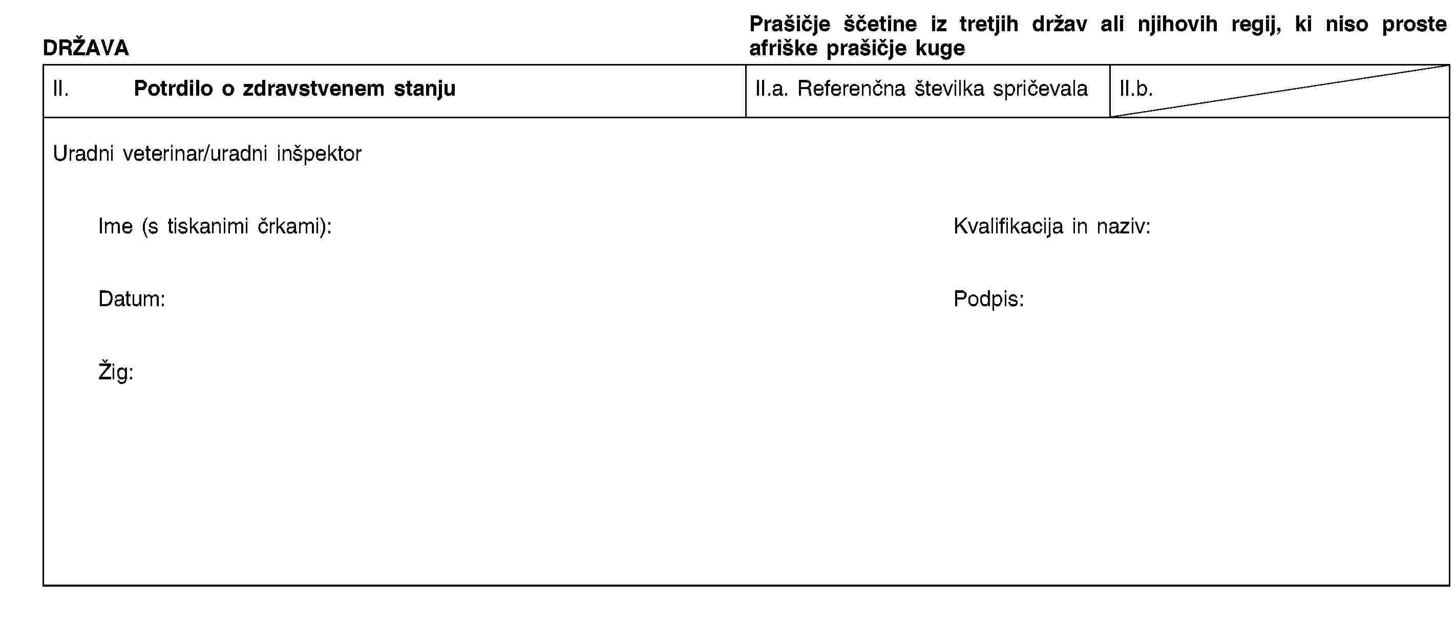 DRŽAVAPrašičje ščetine iz tretjih držav ali njihovih regij, ki niso proste afriške prašičje kugeII. Potrdilo o zdravstvenem stanjuII.a. Referenčna številka spričevalaII.b.Uradni veterinar/uradni inšpektorIme (s tiskanimi črkami):Kvalifikacija in naziv:Datum:Podpis:Žig: