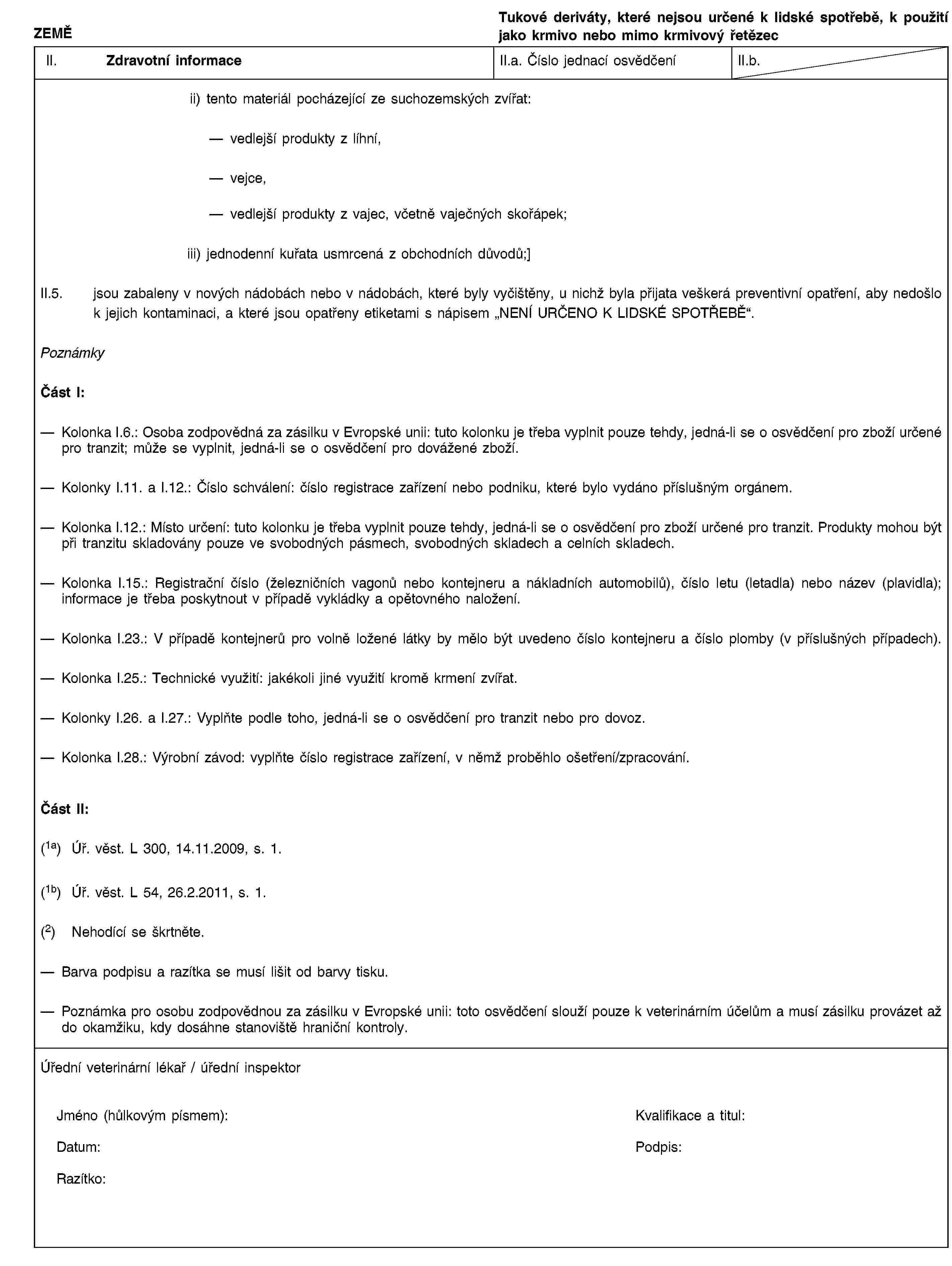 ZEMĚTukové deriváty, které nejsou určené k lidské spotřebě, k použití jako krmivo nebo mimo krmivový řetězecII. Zdravotní informaceII.a. Číslo jednací osvědčeníII.b.ii) tento materiál pocházející ze suchozemských zvířat:vedlejší produkty z líhní,vejce,vedlejší produkty z vajec, včetně vaječných skořápek;iii) jednodenní kuřata usmrcená z obchodních důvodů;]II.5. jsou zabaleny v nových nádobách nebo v nádobách, které byly vyčištěny, u nichž byla přijata veškerá preventivní opatření, aby nedošlo k jejich kontaminaci, a které jsou opatřeny etiketami s nápisem „NENÍ URČENO K LIDSKÉ SPOTŘEBĚ“.PoznámkyČást I:Kolonka I.6.: Osoba zodpovědná za zásilku v Evropské unii: tuto kolonku je třeba vyplnit pouze tehdy, jedná-li se o osvědčení pro zboží určené pro tranzit; může se vyplnit, jedná-li se o osvědčení pro dovážené zboží.Kolonky I.11. a I.12.: Číslo schválení: číslo registrace zařízení nebo podniku, které bylo vydáno příslušným orgánem.Kolonka I.12.: Místo určení: tuto kolonku je třeba vyplnit pouze tehdy, jedná-li se o osvědčení pro zboží určené pro tranzit. Produkty mohou být při tranzitu skladovány pouze ve svobodných pásmech, svobodných skladech a celních skladech.Kolonka I.15.: Registrační číslo (železničních vagonů nebo kontejneru a nákladních automobilů), číslo letu (letadla) nebo název (plavidla); informace je třeba poskytnout v případě vykládky a opětovného naložení.Kolonka I.23.: V případě kontejnerů pro volně ložené látky by mělo být uvedeno číslo kontejneru a číslo plomby (v příslušných případech).Kolonka I.25.: Technické využití: jakékoli jiné využití kromě krmení zvířat.Kolonky I.26. a I.27.: Vyplňte podle toho, jedná-li se o osvědčení pro tranzit nebo pro dovoz.Kolonka I.28.: Výrobní závod: vyplňte číslo registrace zařízení, v němž proběhlo ošetření/zpracování.Část II:(1a) Úř. věst. L 300, 14.11.2009, s. 1.(1b) Úř. věst. L 54, 26.2.2011, s. 1.(2) Nehodící se škrtněte.Barva podpisu a razítka se musí lišit od barvy tisku.Poznámka pro osobu zodpovědnou za zásilku v Evropské unii: toto osvědčení slouží pouze k veterinárním účelům a musí zásilku provázet až do okamžiku, kdy dosáhne stanoviště hraniční kontroly.Úřední veterinární lékař / úřední inspektorJméno (hůlkovým písmem):Kvalifikace a titul:Datum:Podpis:Razítko: