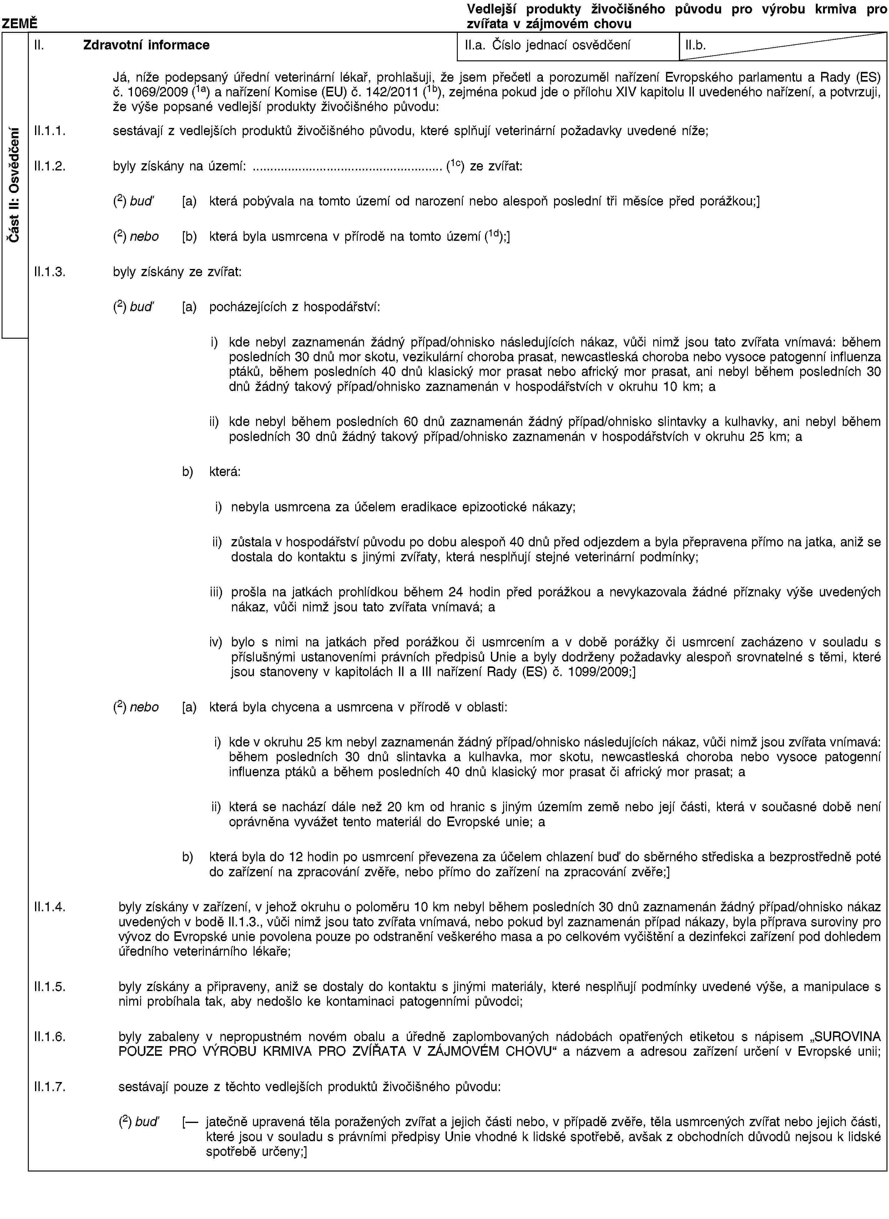 Část II: OsvědčeníZEMĚVedlejší produkty živočišného původu pro výrobu krmiva pro zvířata v zájmovém chovuII. Zdravotní informaceII.a. Číslo jednací osvědčeníII.b.Já, níže podepsaný úřední veterinární lékař, prohlašuji, že jsem přečetl a porozuměl nařízení Evropského parlamentu a Rady (ES) č. 1069/2009 (1a) a nařízení Komise (EU) č. 142/2011 (1b), zejména pokud jde o přílohu XIV kapitolu II uvedeného nařízení, a potvrzuji, že výše popsané vedlejší produkty živočišného původu:II.1.1. sestávají z vedlejších produktů živočišného původu, které splňují veterinární požadavky uvedené níže;II.1.2. byly získány na území: … (1c) ze zvířat:(2) buď [a) která pobývala na tomto území od narození nebo alespoň poslední tři měsíce před porážkou;](2) nebo [b) která byla usmrcena v přírodě na tomto území (1d);]II.1.3. byly získány ze zvířat:(2) buď [a) pocházejících z hospodářství:i) kde nebyl zaznamenán žádný případ/ohnisko následujících nákaz, vůči nimž jsou tato zvířata vnímavá: během posledních 30 dnů mor skotu, vezikulární choroba prasat, newcastleská choroba nebo vysoce patogenní influenza ptáků, během posledních 40 dnů klasický mor prasat nebo africký mor prasat, ani nebyl během posledních 30 dnů žádný takový případ/ohnisko zaznamenán v hospodářstvích v okruhu 10 km; aii) kde nebyl během posledních 60 dnů zaznamenán žádný případ/ohnisko slintavky a kulhavky, ani nebyl během posledních 30 dnů žádný takový případ/ohnisko zaznamenán v hospodářstvích v okruhu 25 km; ab) která:i) nebyla usmrcena za účelem eradikace epizootické nákazy;ii) zůstala v hospodářství původu po dobu alespoň 40 dnů před odjezdem a byla přepravena přímo na jatka, aniž se dostala do kontaktu s jinými zvířaty, která nesplňují stejné veterinární podmínky;iii) prošla na jatkách prohlídkou během 24 hodin před porážkou a nevykazovala žádné příznaky výše uvedených nákaz, vůči nimž jsou tato zvířata vnímavá; aiv) bylo s nimi na jatkách před porážkou či usmrcením a v době porážky či usmrcení zacházeno v souladu s příslušnými ustanoveními právních předpisů Unie a byly dodrženy požadavky alespoň srovnatelné s těmi, které jsou stanoveny v kapitolách II a III nařízení Rady (ES) č. 1099/2009;](2) nebo [a) která byla chycena a usmrcena v přírodě v oblasti:i) kde v okruhu 25 km nebyl zaznamenán žádný případ/ohnisko následujících nákaz, vůči nimž jsou zvířata vnímavá: během posledních 30 dnů slintavka a kulhavka, mor skotu, newcastleská choroba nebo vysoce patogenní influenza ptáků a během posledních 40 dnů klasický mor prasat či africký mor prasat; aii) která se nachází dále než 20 km od hranic s jiným územím země nebo její části, která v současné době není oprávněna vyvážet tento materiál do Evropské unie; ab) která byla do 12 hodin po usmrcení převezena za účelem chlazení buď do sběrného střediska a bezprostředně poté do zařízení na zpracování zvěře, nebo přímo do zařízení na zpracování zvěře;]II.1.4. byly získány v zařízení, v jehož okruhu o poloměru 10 km nebyl během posledních 30 dnů zaznamenán žádný případ/ohnisko nákaz uvedených v bodě II.1.3., vůči nimž jsou tato zvířata vnímavá, nebo pokud byl zaznamenán případ nákazy, byla příprava suroviny pro vývoz do Evropské unie povolena pouze po odstranění veškerého masa a po celkovém vyčištění a dezinfekci zařízení pod dohledem úředního veterinárního lékaře;II.1.5. byly získány a připraveny, aniž se dostaly do kontaktu s jinými materiály, které nesplňují podmínky uvedené výše, a manipulace s nimi probíhala tak, aby nedošlo ke kontaminaci patogenními původci;II.1.6. byly zabaleny v nepropustném novém obalu a úředně zaplombovaných nádobách opatřených etiketou s nápisem „SUROVINA POUZE PRO VÝROBU KRMIVA PRO ZVÍŘATA V ZÁJMOVÉM CHOVU“ a názvem a adresou zařízení určení v Evropské unii;II.1.7. sestávají pouze z těchto vedlejších produktů živočišného původu:(2) buď [— jatečně upravená těla poražených zvířat a jejich části nebo, v případě zvěře, těla usmrcených zvířat nebo jejich části, které jsou v souladu s právními předpisy Unie vhodné k lidské spotřebě, avšak z obchodních důvodů nejsou k lidské spotřebě určeny;]