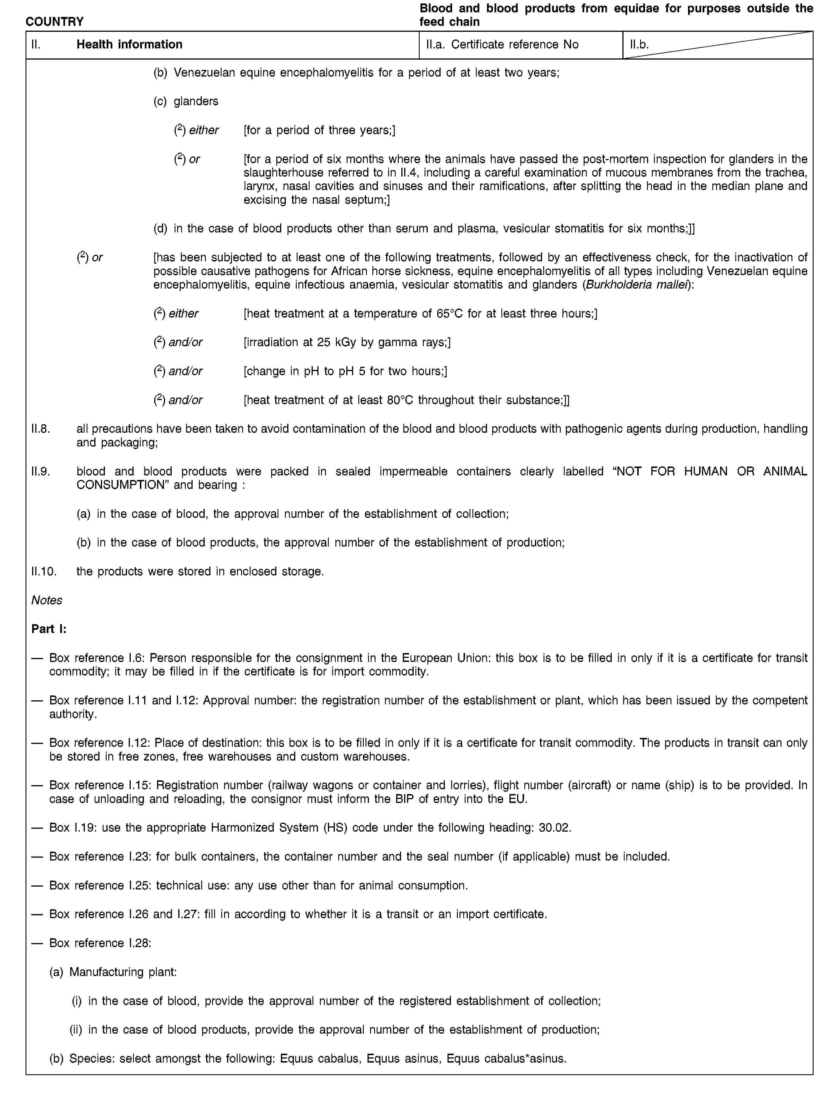 COUNTRYBlood and blood products from equidae for purposes outside the feed chainII. Health informationII.a. Certificate reference NoII.b.(b) Venezuelan equine encephalomyelitis for a period of at least two years;(c) glanders(2) either [for a period of three years;](2) or [for a period of six months where the animals have passed the post-mortem inspection for glanders in the slaughterhouse referred to in II.4, including a careful examination of mucous membranes from the trachea, larynx, nasal cavities and sinuses and their ramifications, after splitting the head in the median plane and excising the nasal septum;](d) in the case of blood products other than serum and plasma, vesicular stomatitis for six months;]](2) or [has been subjected to at least one of the following treatments, followed by an effectiveness check, for the inactivation of possible causative pathogens for African horse sickness, equine encephalomyelitis of all types including Venezuelan equine encephalomyelitis, equine infectious anaemia, vesicular stomatitis and glanders (Burkholderia mallei):(2) either [heat treatment at a temperature of 65°C for at least three hours;](2) and/or [irradiation at 25 kGy by gamma rays;](2) and/or [change in pH to pH 5 for two hours;](2) and/or [heat treatment of at least 80°C throughout their substance;]]II.8. all precautions have been taken to avoid contamination of the blood and blood products with pathogenic agents during production, handling and packaging;II.9. blood and blood products were packed in sealed impermeable containers clearly labelled “NOT FOR HUMAN OR ANIMAL CONSUMPTION” and bearing:(a) in the case of blood, the approval number of the establishment of collection;(b) in the case of blood products, the approval number of the establishment of production;II.10. the products were stored in enclosed storage.NotesPart I:Box reference I.6: Person responsible for the consignment in the European Union: this box is to be filled in only if it is a certificate for transit commodity; it may be filled in if the certificate is for import commodity.Box reference I.11 and I.12: Approval number: the registration number of the establishment or plant, which has been issued by the competent authority.Box reference I.12: Place of destination: this box is to be filled in only if it is a certificate for transit commodity. The products in transit can only be stored in free zones, free warehouses and custom warehouses.Box reference I.15: Registration number (railway wagons or container and lorries), flight number (aircraft) or name (ship) is to be provided. In case of unloading and reloading, the consignor must inform the BIP of entry into the EU.Box I.19: use the appropriate Harmonized System (HS) code under the following heading: 30.02.Box reference I.23: for bulk containers, the container number and the seal number (if applicable) must be included.Box reference I.25: technical use: any use other than for animal consumption.Box reference I.26 and I.27: fill in according to whether it is a transit or an import certificate.Box reference I.28:(a) Manufacturing plant:(i) in the case of blood, provide the approval number of the registered establishment of collection;(ii) in the case of blood products, provide the approval number of the establishment of production;(b) Species: select amongst the following: Equus cabalus, Equus asinus, Equus cabalus*asinus.
