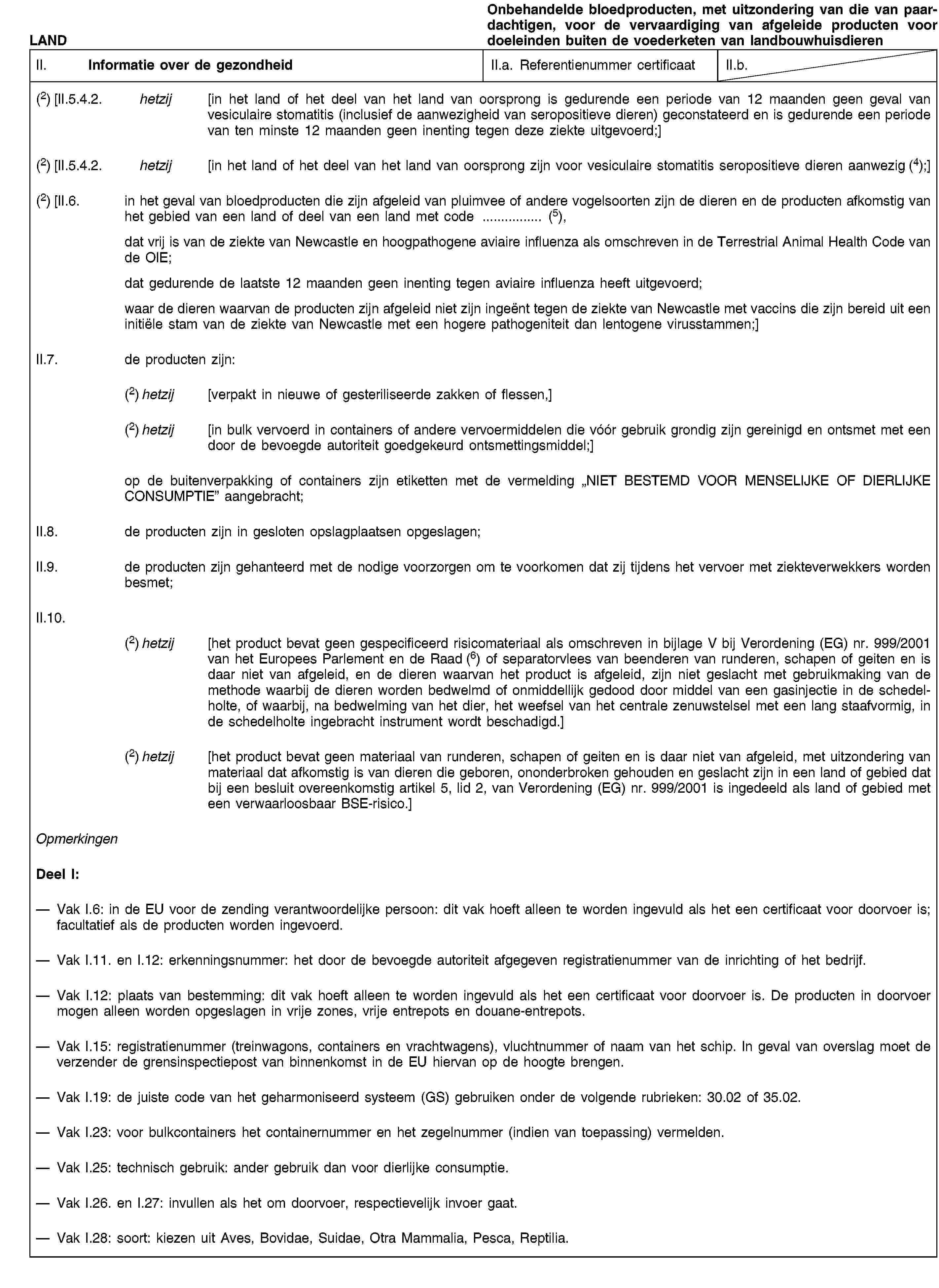 LANDOnbehandelde bloedproducten, met uitzondering van die van paardachtigen, voor de vervaardiging van afgeleide producten voor doeleinden buiten de voederketen van landbouwhuisdierenII. Informatie over de gezondheidII.a. Referentienummer certificaatII.b.(2) [II.5.4.2. hetzij [in het land of het deel van het land van oorsprong is gedurende een periode van 12 maanden geen geval van vesiculaire stomatitis (inclusief de aanwezigheid van seropositieve dieren) geconstateerd en is gedurende een periode van ten minste 12 maanden geen inenting tegen deze ziekte uitgevoerd;](2) [II.5.4.2. hetzij [in het land of het deel van het land van oorsprong zijn voor vesiculaire stomatitis seropositieve dieren aanwezig (4);](2) [II.6. in het geval van bloedproducten die zijn afgeleid van pluimvee of andere vogelsoorten zijn de dieren en de producten afkomstig van het gebied van een land of deel van een land met code … (5),dat vrij is van de ziekte van Newcastle en hoogpathogene aviaire influenza als omschreven in de Terrestrial Animal Health Code van de OIE;dat gedurende de laatste 12 maanden geen inenting tegen aviaire influenza heeft uitgevoerd;waar de dieren waarvan de producten zijn afgeleid niet zijn ingeënt tegen de ziekte van Newcastle met vaccins die zijn bereid uit een initiële stam van de ziekte van Newcastle met een hogere pathogeniteit dan lentogene virusstammen;]II.7. de producten zijn:(2) hetzij [verpakt in nieuwe of gesteriliseerde zakken of flessen,](2) hetzij [in bulk vervoerd in containers of andere vervoermiddelen die vóór gebruik grondig zijn gereinigd en ontsmet met een door de bevoegde autoriteit goedgekeurd ontsmettingsmiddel;]op de buitenverpakking of containers zijn etiketten met de vermelding „NIET BESTEMD VOOR MENSELIJKE OF DIERLIJKE CONSUMPTIE” aangebracht;II.8. de producten zijn in gesloten opslagplaatsen opgeslagen;II.9. de producten zijn gehanteerd met de nodige voorzorgen om te voorkomen dat zij tijdens het vervoer met ziekteverwekkers worden besmet;II.10.(2) hetzij [het product bevat geen gespecificeerd risicomateriaal als omschreven in bijlage V bij Verordening (EG) nr. 999/2001 van het Europees Parlement en de Raad (6) of separatorvlees van beenderen van runderen, schapen of geiten en is daar niet van afgeleid, en de dieren waarvan het product is afgeleid, zijn niet geslacht met gebruikmaking van de methode waarbij de dieren worden bedwelmd of onmiddellijk gedood door middel van een gasinjectie in de schedelholte, of waarbij, na bedwelming van het dier, het weefsel van het centrale zenuwstelsel met een lang staafvormig, in de schedelholte ingebracht instrument wordt beschadigd.](2) hetzij [het product bevat geen materiaal van runderen, schapen of geiten en is daar niet van afgeleid, met uitzondering van materiaal dat afkomstig is van dieren die geboren, ononderbroken gehouden en geslacht zijn in een land of gebied dat bij een besluit overeenkomstig artikel 5, lid 2, van Verordening (EG) nr. 999/2001 is ingedeeld als land of gebied met een verwaarloosbaar BSE-risico.]OpmerkingenDeel I:Vak I.6: in de EU voor de zending verantwoordelijke persoon: dit vak hoeft alleen te worden ingevuld als het een certificaat voor doorvoer is; facultatief als de producten worden ingevoerd.Vak I.11. en I.12: erkenningsnummer: het door de bevoegde autoriteit afgegeven registratienummer van de inrichting of het bedrijf.Vak I.12: plaats van bestemming: dit vak hoeft alleen te worden ingevuld als het een certificaat voor doorvoer is. De producten in doorvoer mogen alleen worden opgeslagen in vrije zones, vrije entrepots en douane-entrepots.Vak I.15: registratienummer (treinwagons, containers en vrachtwagens), vluchtnummer of naam van het schip. In geval van overslag moet de verzender de grensinspectiepost van binnenkomst in de EU hiervan op de hoogte brengen.Vak I.19: de juiste code van het geharmoniseerd systeem (GS) gebruiken onder de volgende rubrieken: 30.02 of 35.02.Vak I.23: voor bulkcontainers het containernummer en het zegelnummer (indien van toepassing) vermelden.Vak I.25: technisch gebruik: ander gebruik dan voor dierlijke consumptie.Vak I.26. en I.27: invullen als het om doorvoer, respectievelijk invoer gaat.Vak I.28: soort: kiezen uit Aves, Bovidae, Suidae, Otra Mammalia, Pesca, Reptilia.
