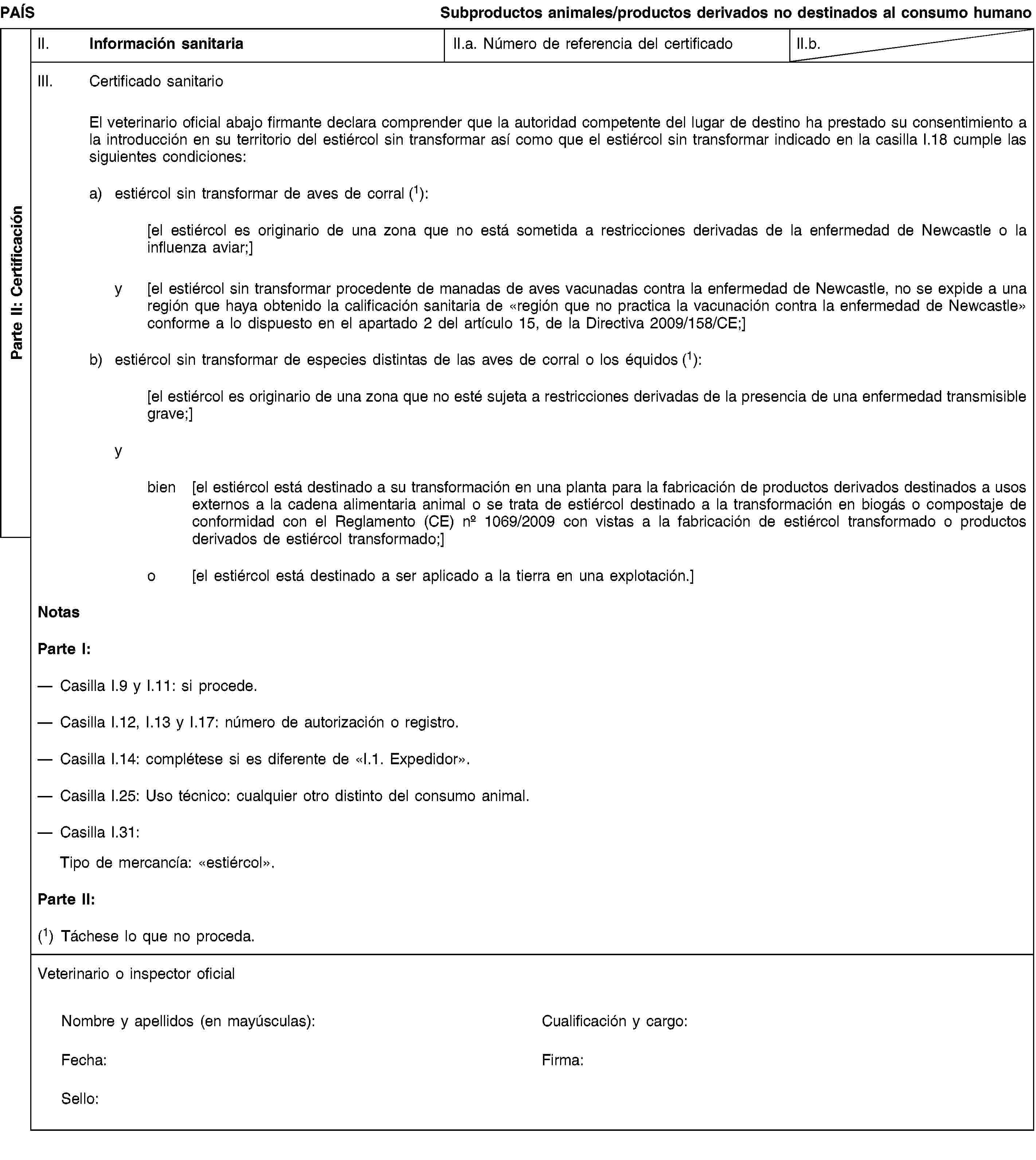 Parte II: CertificaciónPAÍSSubproductos animales/productos derivados no destinados al consumo humanoII. Información sanitariaII.a. Número de referencia del certificadoII.b.III. Certificado sanitarioEl veterinario oficial abajo firmante declara comprender que la autoridad competente del lugar de destino ha prestado su consentimiento a la introducción en su territorio del estiércol sin transformar así como que el estiércol sin transformar indicado en la casilla I.18 cumple las siguientes condiciones:a) estiércol sin transformar de aves de corral (1):[el estiércol es originario de una zona que no está sometida a restricciones derivadas de la enfermedad de Newcastle o la influenza aviar;]y [el estiércol sin transformar procedente de manadas de aves vacunadas contra la enfermedad de Newcastle, no se expide a una región que haya obtenido la calificación sanitaria de «región que no practica la vacunación contra la enfermedad de Newcastle» conforme a lo dispuesto en el apartado 2 del artículo 15, de la Directiva 2009/158/CE;]b) estiércol sin transformar de especies distintas de las aves de corral o los équidos (1):[el estiércol es originario de una zona que no esté sujeta a restricciones derivadas de la presencia de una enfermedad transmisible grave;]ybien [el estiércol está destinado a su transformación en una planta para la fabricación de productos derivados destinados a usos externos a la cadena alimentaria animal o se trata de estiércol destinado a la transformación en biogás o compostaje de conformidad con el Reglamento (CE) no 1069/2009 con vistas a la fabricación de estiércol transformado o productos derivados de estiércol transformado;]o [el estiércol está destinado a ser aplicado a la tierra en una explotación.]NotasParte I:Casilla I.9 y I.11: si procede.Casilla I.12, I.13 y I.17: número de autorización o registro.Casilla I.14: complétese si es diferente de «I.1. Expedidor».Casilla I.25: Uso técnico: cualquier otro distinto del consumo animal.Casilla I.31:Tipo de mercancía: «estiércol».Parte II:(1) Táchese lo que no proceda.Veterinario o inspector oficialNombre y apellidos (en mayúsculas):Cualificación y cargo:Fecha:Firma:Sello:
