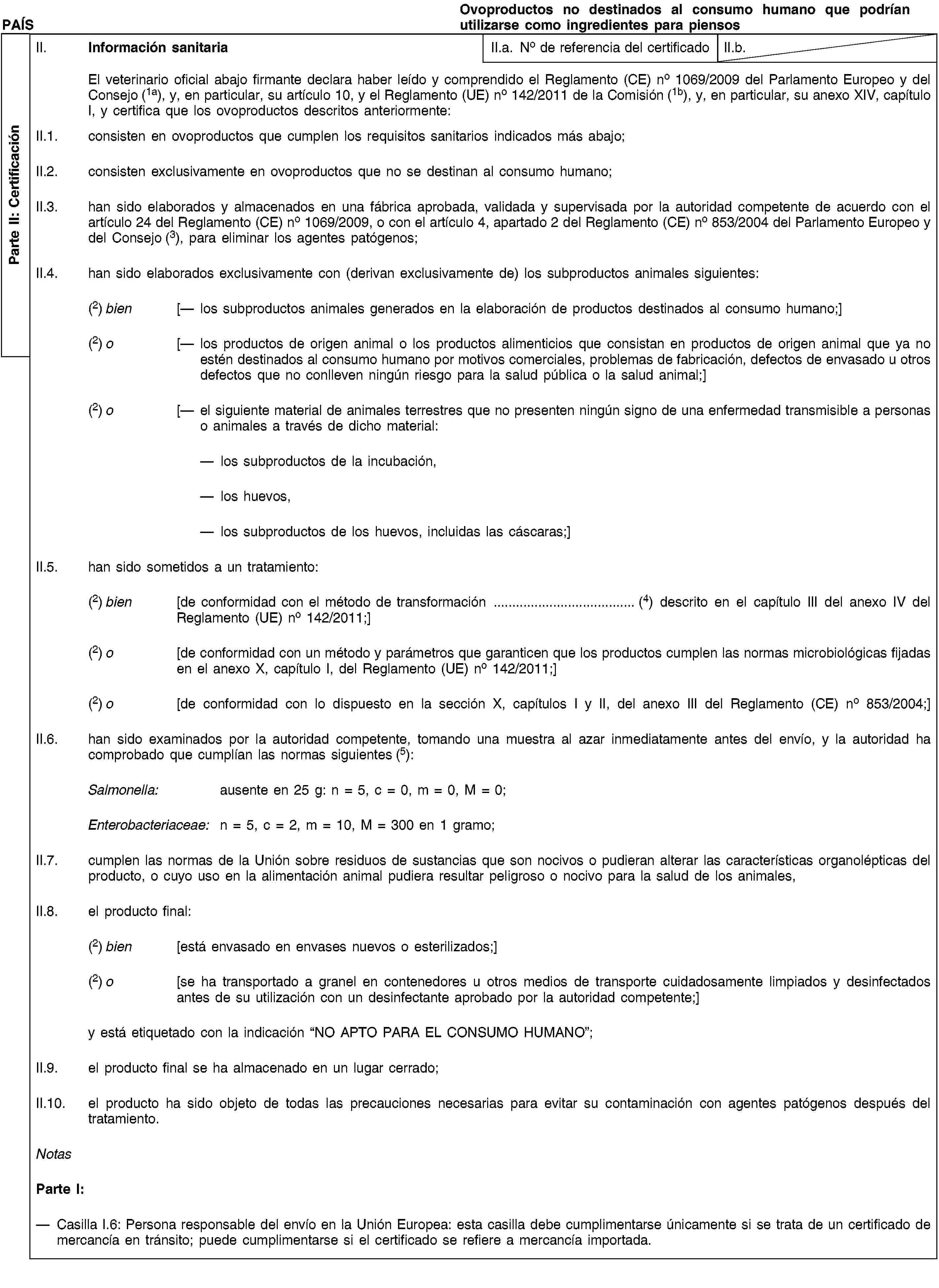 Parte II: CertificaciónPAÍSOvoproductos no destinados al consumo humano que podrían utilizarse como ingredientes para piensosII. Información sanitariaII.a. No de referencia del certificadoII.b.El veterinario oficial abajo firmante declara haber leído y comprendido el Reglamento (CE) no 1069/2009 del Parlamento Europeo y del Consejo (1a), y, en particular, su artículo 10, y el Reglamento (UE) no 142/2011 de la Comisión (1b), y, en particular, su anexo XIV, capítulo I, y certifica que los ovoproductos descritos anteriormente:II.1. consisten en ovoproductos que cumplen los requisitos sanitarios indicados más abajo;II.2. consisten exclusivamente en ovoproductos que no se destinan al consumo humano;II.3. han sido elaborados y almacenados en una fábrica aprobada, validada y supervisada por la autoridad competente de acuerdo con el artículo 24 del Reglamento (CE) no 1069/2009, o con el artículo 4, apartado 2 del Reglamento (CE) no 853/2004 del Parlamento Europeo y del Consejo (3), para eliminar los agentes patógenos;II.4. han sido elaborados exclusivamente con (derivan exclusivamente de) los subproductos animales siguientes:(2) bien [— los subproductos animales generados en la elaboración de productos destinados al consumo humano;](2) o [— los productos de origen animal o los productos alimenticios que consistan en productos de origen animal que ya no estén destinados al consumo humano por motivos comerciales, problemas de fabricación, defectos de envasado u otros defectos que no conlleven ningún riesgo para la salud pública o la salud animal;](2) o [— el siguiente material de animales terrestres que no presenten ningún signo de una enfermedad transmisible a personas o animales a través de dicho material:los subproductos de la incubación,los huevos,los subproductos de los huevos, incluidas las cáscaras;]II.5. han sido sometidos a un tratamiento:(2) bien [de conformidad con el método de transformación … (4) descrito en el capítulo III del anexo IV del Reglamento (UE) no 142/2011;](2) o [de conformidad con un método y parámetros que garanticen que los productos cumplen las normas microbiológicas fijadas en el anexo X, capítulo I, del Reglamento (UE) no 142/2011;](2) o [de conformidad con lo dispuesto en la sección X, capítulos I y II, del anexo III del Reglamento (CE) no 853/2004;]II.6. han sido examinados por la autoridad competente, tomando una muestra al azar inmediatamente antes del envío, y la autoridad ha comprobado que cumplían las normas siguientes (5):Salmonella: ausente en 25 g: n = 5, c = 0, m = 0, M = 0;Enterobacteriaceae: n = 5, c = 2, m = 10, M = 300 en 1 gramo;II.7. cumplen las normas de la Unión sobre residuos de sustancias que son nocivos o pudieran alterar las características organolépticas del producto, o cuyo uso en la alimentación animal pudiera resultar peligroso o nocivo para la salud de los animales,II.8. el producto final:(2) bien [está envasado en envases nuevos o esterilizados;](2) o [se ha transportado a granel en contenedores u otros medios de transporte cuidadosamente limpiados y desinfectados antes de su utilización con un desinfectante aprobado por la autoridad competente;]y está etiquetado con la indicación “NO APTO PARA EL CONSUMO HUMANO”;II.9. el producto final se ha almacenado en un lugar cerrado;II.10. el producto ha sido objeto de todas las precauciones necesarias para evitar su contaminación con agentes patógenos después del tratamiento.NotasParte I:Casilla I.6: Persona responsable del envío en la Unión Europea: esta casilla debe cumplimentarse únicamente si se trata de un certificado de mercancía en tránsito; puede cumplimentarse si el certificado se refiere a mercancía importada.