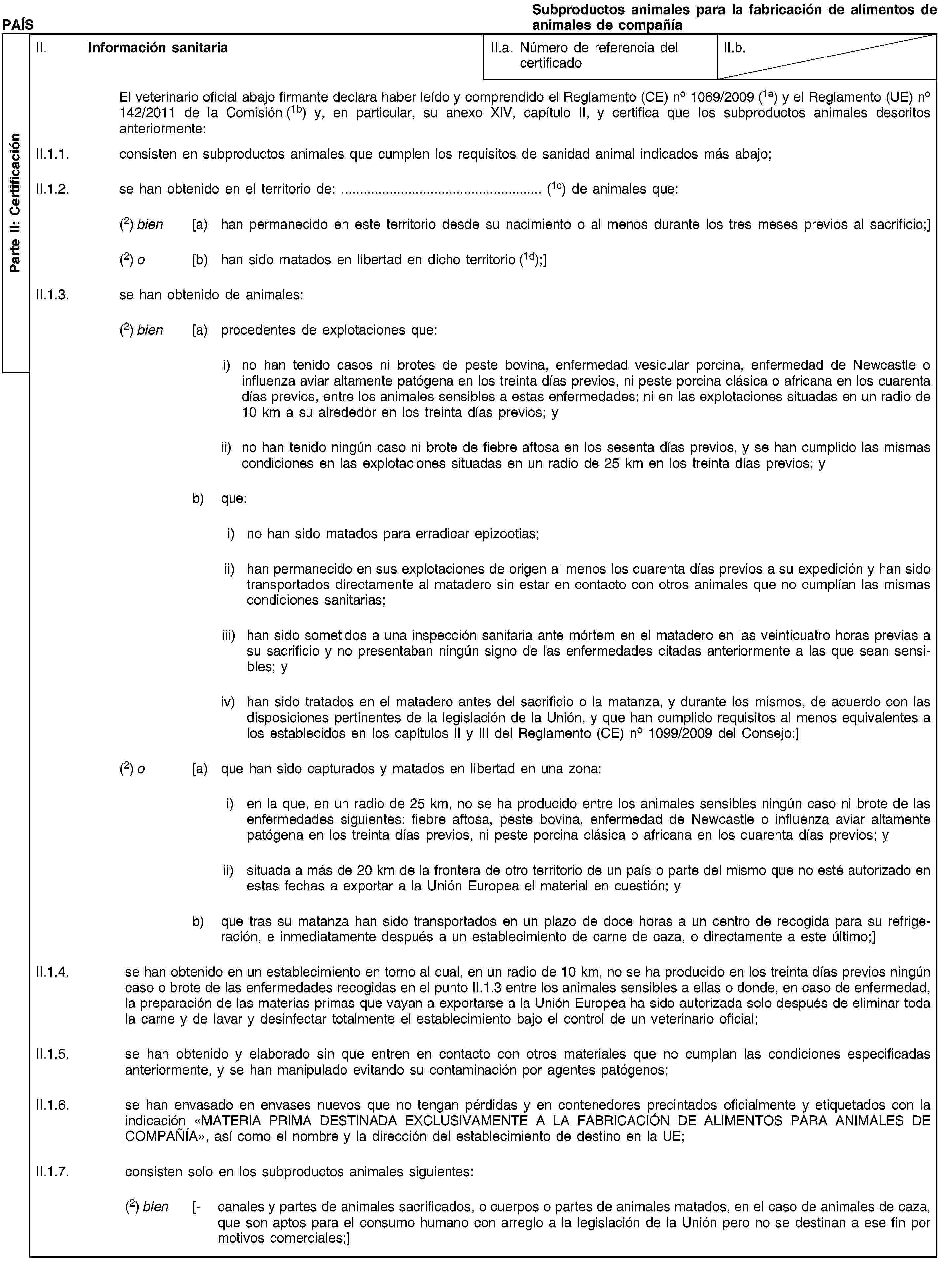 Parte II: CertificaciónPAÍSSubproductos animales para la fabricación de alimentos de animales de compañíaII. Información sanitariaII.a. Número de referencia del certificadoII.b.El veterinario oficial abajo firmante declara haber leído y comprendido el Reglamento (CE) no 1069/2009 (1a) y el Reglamento (UE) no 142/2011 de la Comisión (1b) y, en particular, su anexo XIV, capítulo II, y certifica que los subproductos animales descritos anteriormente:II.1.1. consisten en subproductos animales que cumplen los requisitos de sanidad animal indicados más abajo;II.1.2. se han obtenido en el territorio de: … (1c) de animales que:(2) bien [a) han permanecido en este territorio desde su nacimiento o al menos durante los tres meses previos al sacrificio;](2) o [b) han sido matados en libertad en dicho territorio (1d);]II.1.3. se han obtenido de animales:(2) bien [a) procedentes de explotaciones que:i) no han tenido casos ni brotes de peste bovina, enfermedad vesicular porcina, enfermedad de Newcastle o influenza aviar altamente patógena en los treinta días previos, ni peste porcina clásica o africana en los cuarenta días previos, entre los animales sensibles a estas enfermedades; ni en las explotaciones situadas en un radio de 10 km a su alrededor en los treinta días previos; yii) no han tenido ningún caso ni brote de fiebre aftosa en los sesenta días previos, y se han cumplido las mismas condiciones en las explotaciones situadas en un radio de 25 km en los treinta días previos; yb) que:i) no han sido matados para erradicar epizootias;ii) han permanecido en sus explotaciones de origen al menos los cuarenta días previos a su expedición y han sido transportados directamente al matadero sin estar en contacto con otros animales que no cumplían las mismas condiciones sanitarias;iii) han sido sometidos a una inspección sanitaria ante mórtem en el matadero en las veinticuatro horas previas a su sacrificio y no presentaban ningún signo de las enfermedades citadas anteriormente a las que sean sensibles; yiv) han sido tratados en el matadero antes del sacrificio o la matanza, y durante los mismos, de acuerdo con las disposiciones pertinentes de la legislación de la Unión, y que han cumplido requisitos al menos equivalentes a los establecidos en los capítulos II y III del Reglamento (CE) no 1099/2009 del Consejo;](2) o [a) que han sido capturados y matados en libertad en una zona:i) en la que, en un radio de 25 km, no se ha producido entre los animales sensibles ningún caso ni brote de las enfermedades siguientes: fiebre aftosa, peste bovina, enfermedad de Newcastle o influenza aviar altamente patógena en los treinta días previos, ni peste porcina clásica o africana en los cuarenta días previos; yii) situada a más de 20 km de la frontera de otro territorio de un país o parte del mismo que no esté autorizado en estas fechas a exportar a la Unión Europea el material en cuestión; yb) que tras su matanza han sido transportados en un plazo de doce horas a un centro de recogida para su refrigeración, e inmediatamente después a un establecimiento de carne de caza, o directamente a este último;]II.1.4. se han obtenido en un establecimiento en torno al cual, en un radio de 10 km, no se ha producido en los treinta días previos ningún caso o brote de las enfermedades recogidas en el punto II.1.3 entre los animales sensibles a ellas o donde, en caso de enfermedad, la preparación de las materias primas que vayan a exportarse a la Unión Europea ha sido autorizada solo después de eliminar toda la carne y de lavar y desinfectar totalmente el establecimiento bajo el control de un veterinario oficial;II.1.5. se han obtenido y elaborado sin que entren en contacto con otros materiales que no cumplan las condiciones especificadas anteriormente, y se han manipulado evitando su contaminación por agentes patógenos;II.1.6. se han envasado en envases nuevos que no tengan pérdidas y en contenedores precintados oficialmente y etiquetados con la indicación «MATERIA PRIMA DESTINADA EXCLUSIVAMENTE A LA FABRICACIÓN DE ALIMENTOS PARA ANIMALES DE COMPAÑÍA», así como el nombre y la dirección del establecimiento de destino en la UE;II.1.7. consisten solo en los subproductos animales siguientes:(2) bien [- canales y partes de animales sacrificados, o cuerpos o partes de animales matados, en el caso de animales de caza, que son aptos para el consumo humano con arreglo a la legislación de la Unión pero no se destinan a ese fin por motivos comerciales;]