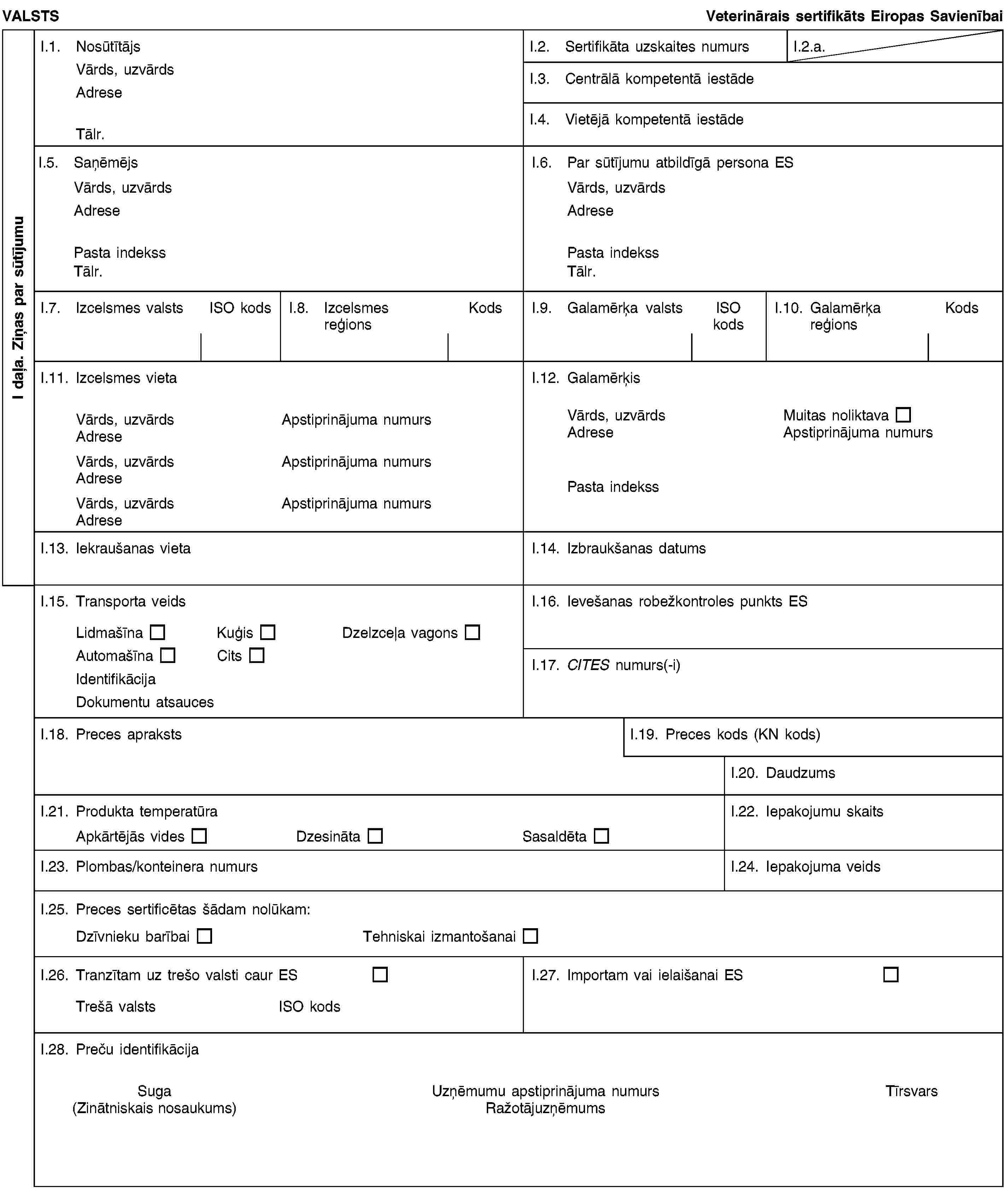 I daļa. Ziņas par sūtījumuVALSTSVeterinārais sertifikāts Eiropas SavienībaiI.1. NosūtītājsVārds, uzvārdsAdreseTālr.I.2. Sertifikāta uzskaites numursI.2.a.I.3. Centrālā kompetentā iestādeI.4. Vietējā kompetentā iestādeI.5. SaņēmējsVārds, uzvārdsAdresePasta indekssTālr.I.6. Par sūtījumu atbildīgā persona ESVārds, uzvārdsAdresePasta indekssTālr.I.7. Izcelsmes valstsISO kodsI.8. Izcelsmes reģionsKodsI.9. Galamērķa valstsISO kodsI.10. Galamērķa reģionsKodsI.11. Izcelsmes vietaVārds, uzvārdsApstiprinājuma numursAdreseVārds, uzvārdsApstiprinājuma numursAdreseVārds, uzvārdsApstiprinājuma numursAdreseI.12. GalamērķisVārds, uzvārdsMuitas noliktavaAdreseApstiprinājuma numursPasta indekssI.13. Iekraušanas vietaI.14. Izbraukšanas datumsI.15. Transporta veidsLidmašīnaKuģisDzelzceļa vagonsAutomašīnaCitsIdentifikācijaDokumentu atsaucesI.16. Ievešanas robežkontroles punkts ESI.17. CITES numurs(-i)I.18. Preces aprakstsI.19. Preces kods (KN kods)I.20. DaudzumsI.21. Produkta temperatūraApkārtējās videsDzesinātaSasaldētaI.22. Iepakojumu skaitsI.23. Plombas/konteinera numursI.24. Iepakojuma veidsI.25. Preces sertificētas šādam nolūkam:Dzīvnieku barībaiTehniskai izmantošanaiI.26. Tranzītam uz trešo valsti caur ESTrešā valstsISO kodsI.27. Importam vai ielaišanai ESI.28. Preču identifikācijaSuga(Zinātniskais nosaukums)Uzņēmumu apstiprinājuma numursRažotājuzņēmumsTīrsvars