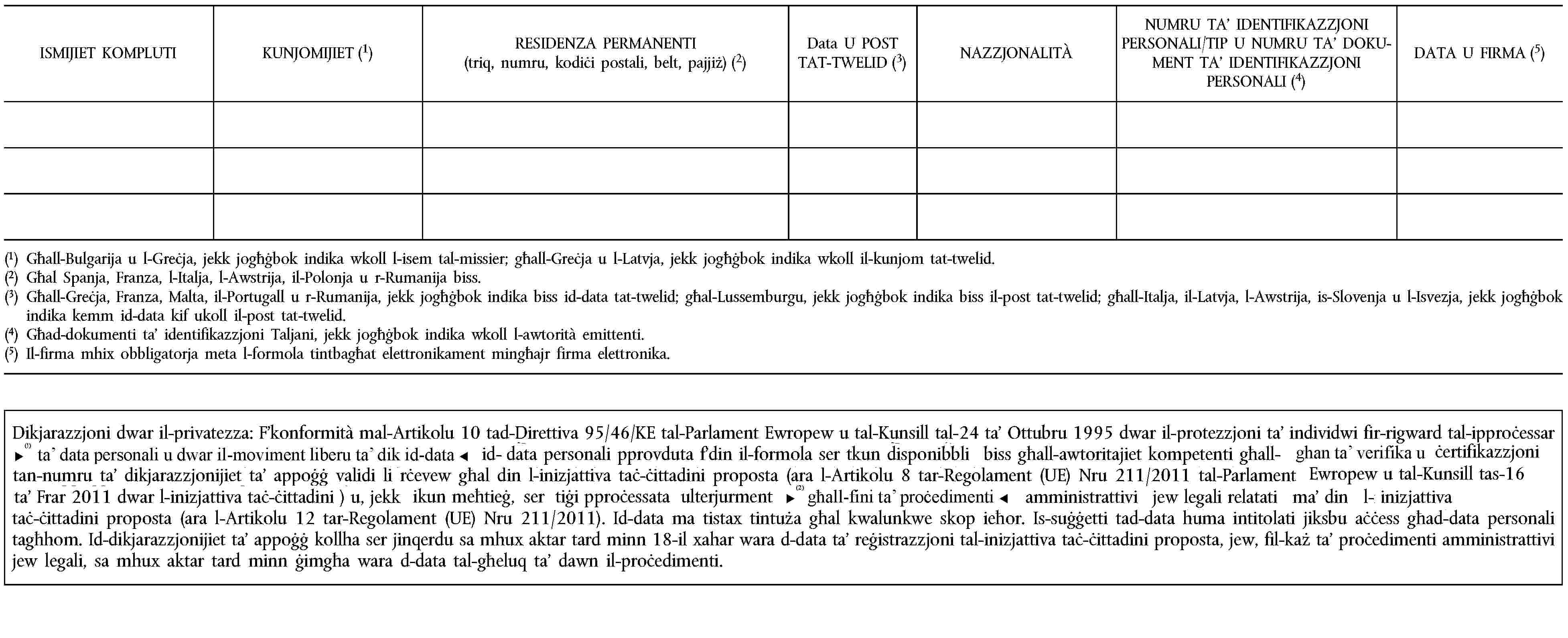 ISMIJIET KOMPLUTIKUNJOMIJIET (1)RESIDENZA PERMANENTI(triq, numru, kodiċi postali, belt, pajjiż) (2)Data U POST TAT-TWELID (3)NAZZJONALITÀNUMRU TA’ IDENTIFIKAZZJONI PERSONALI/TIP U NUMRU TA’ DOKUMENT TA’ IDENTIFIKAZZJONI PERSONALI (4)DATA U FIRMA (5)(1) Għall-Bulgarija u l-Greċja, jekk jogħġbok indika wkoll l-isem tal-missier; għall-Greċja u l-Latvja, jekk jogħġbok indika wkoll il-kunjom tat-twelid.(2) Għal Spanja, Franza, l-Italja, l-Awstrija, il-Polonja u r-Rumanija biss.(3) Għall-Greċja, Franza, Malta, il-Portugall u r-Rumanija, jekk jogħġbok indika biss id-data tat-twelid; għal-Lussemburgu, jekk jogħġbok indika biss il-post tat-twelid; għall-Italja, il-Latvja, l-Awstrija, is-Slovenja u l-Isvezja, jekk jogħġbok indika kemm id-data kif ukoll il-post tat-twelid.(4) Għad-dokumenti ta’ identifikazzjoni Taljani, jekk jogħġbok indika wkoll l-awtorità emittenti.(5) Il-firma mhix obbligatorja meta l-formola tintbagħat elettronikament mingħajr firma elettronika.Dikjarazzjoni dwar il-privatezza: F’konformità mal-Artikolu 10 tad-Direttiva 95/46/KE tal-Parlament Ewropew u tal-Kunsill tal-24 ta’ Ottubru 1995 dwar il-protezzjoni ta’ individwi fir-rigward tal-ipproċessar ta’ data personali mill-istituzzjonijiet u korpi Komunitarji u dwar il-moviment liberu ta’ din id-data, id-data personali pprovduta f’din il-formola ser tkun disponibbli biss għall-awtoritajiet kompetenti għall-għan ta’ verifika u ċertifikazzjoni tan-numru ta’ dikjarazzjonijiet ta’ appoġġ validi li rċevew għal din l-inizjattiva taċ-ċittadini proposta (ara l-Artikolu 8 tar-Regolament (UE) Nru 211/2011 tal-Parlament Ewropew u tal-Kunsill tas-16 ta’ Frar 2011 dwar l-inizjattiva taċ-ċittadini ) u, jekk ikun meħtieġ, ser tiġi pproċessata ulterjurment għall-għan tal-proċeduri amministrattivi jew legali relatati ma’ din l-inizjattiva taċ-ċittadini proposta (ara l-Artikolu 12 tar-Regolament (UE) Nru 211/2011). Id-data ma tistax tintuża għal kwalunkwe skop ieħor. Is-suġġetti tad-data huma intitolati jiksbu aċċess għad-data personali tagħhom. Id-dikjarazzjonijiet ta’ appoġġ kollha ser jinqerdu sa mhux aktar tard minn 18-il xahar wara d-data ta’ reġistrazzjoni tal-inizjattiva taċ-ċittadini proposta, jew, fil-każ ta’ proċedimenti amministrattivi jew legali, sa mhux aktar tard minn ġimgħa wara d-data tal-għeluq ta’ dawn il-proċedimenti.