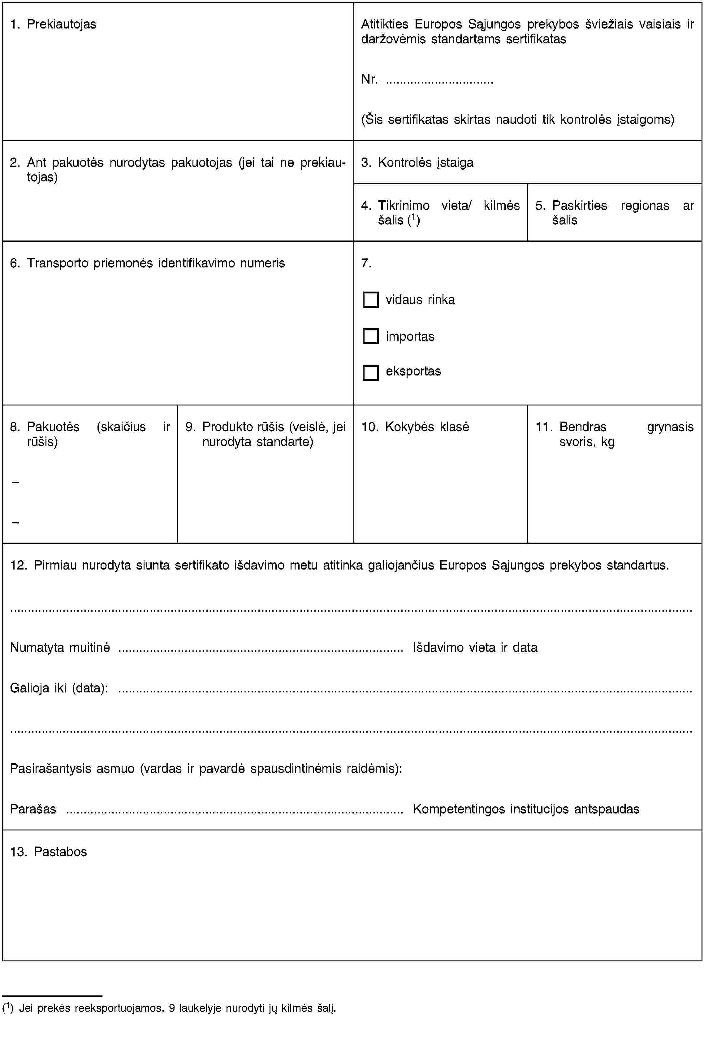 1. PrekiautojasAtitikties Europos Sąjungos prekybos šviežiais vaisiais ir daržovėmis standartams sertifikatasNr. …(Šis sertifikatas skirtas naudoti tik kontrolės įstaigoms)2. Ant pakuotės nurodytas pakuotojas (jei tai ne prekiautojas)3. Kontrolės įstaiga4. Tikrinimo vieta/ kilmės šalis (1)5. Paskirties regionas ar šalis6. Transporto priemonės identifikavimo numeris7.vidaus rinkaimportaseksportas8. Pakuotės (skaičius ir rūšis)––9. Produkto rūšis (veislė, jei nurodyta standarte)10. Kokybės klasė11. Bendras grynasis svoris, kg12. Pirmiau nurodyta siunta sertifikato išdavimo metu atitinka galiojančius Europos Sąjungos prekybos standartus.Numatyta muitinė …Išdavimo vieta ir dataGalioja iki (data): …Pasirašantysis asmuo (vardas ir pavardė spausdintinėmis raidėmis):Parašas …Kompetentingos institucijos antspaudas13. Pastabos(1) Jei prekės reeksportuojamos, 9 laukelyje nurodyti jų kilmės šalį.