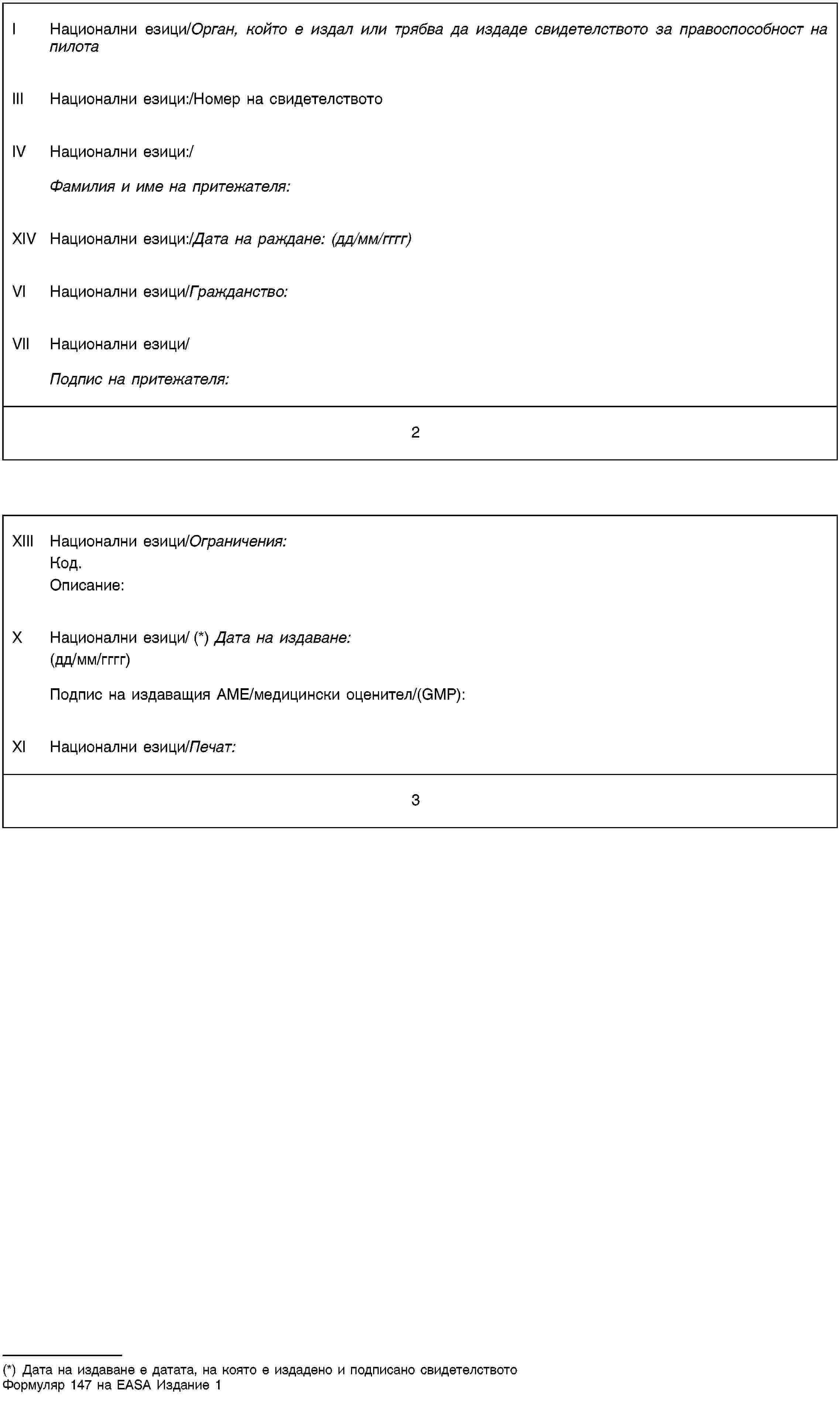 I Национални езици/Орган, който е издал или трябва да издаде свидетелството за правоспособност на пилотаIII Национални езици:/Номер на свидетелствотоIV Национални езици:/Фамилия и име на притежателя:XIV Национални езици:/Дата на раждане: (дд/мм/гггг)VI Национални езици/Гражданство:VII Национални езици/Подпис на притежателя:2XIII Национални езици/Ограничения:Код.Описание:X Национални езици/ (*) Дата на издаване:(дд/мм/гггг)Подпис на издаващия AME/медицински оценител/(GMP):XI Национални езици/Печат:3(*) Дата на издаване е датата, на която е издадено и подписано свидетелствотоФормуляр 147 на EASA Издание 1