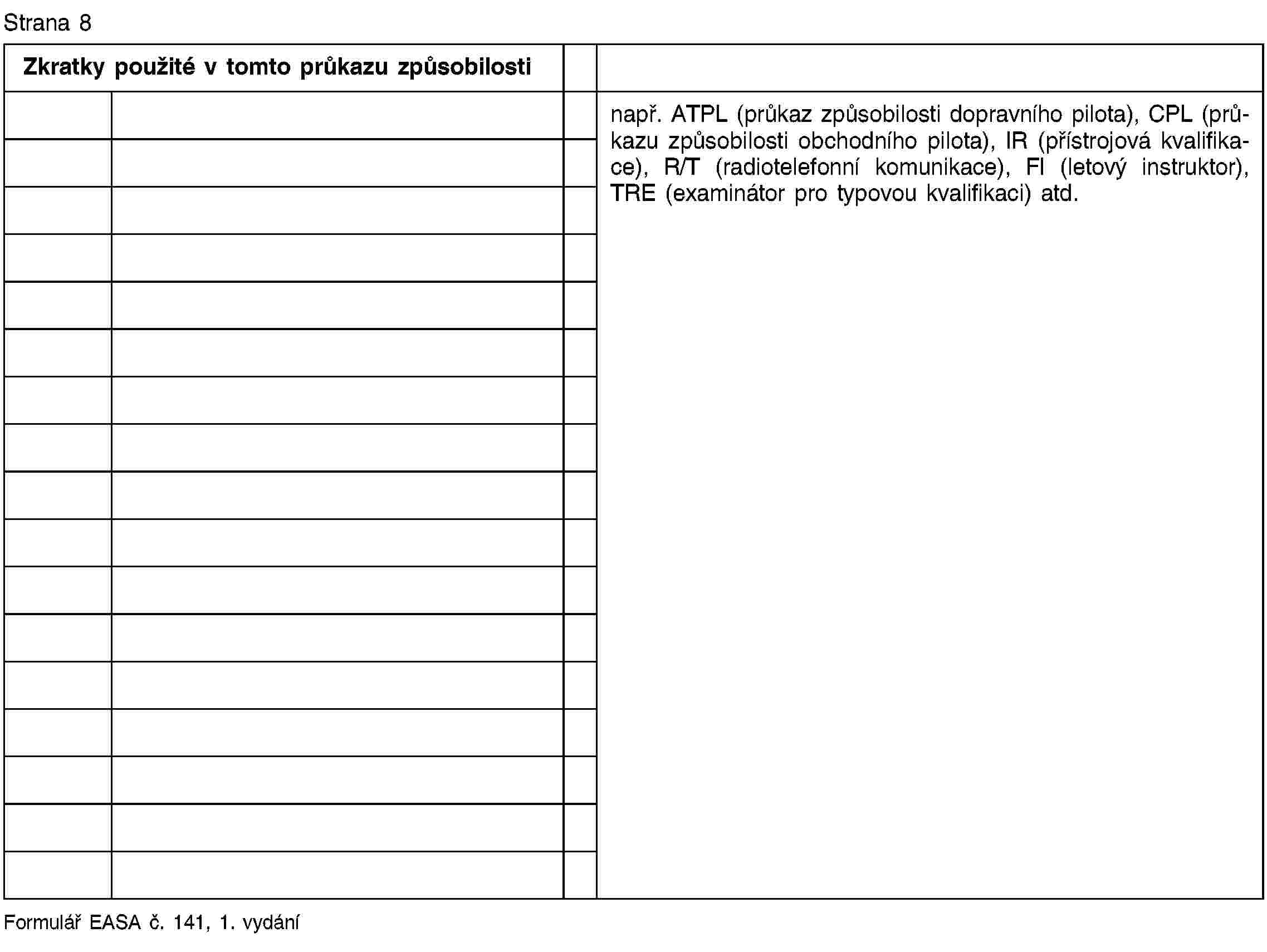 Strana 8Zkratky použité v tomto průkazu způsobilostinapř. ATPL (průkaz způsobilosti dopravního pilota), CPL (průkazu způsobilosti obchodního pilota), IR (přístrojová kvalifikace), R/T (radiotelefonní komunikace), FI (letový instruktor), TRE (examinátor pro typovou kvalifikaci) atd.Formulář EASA č. 141, 1. vydání