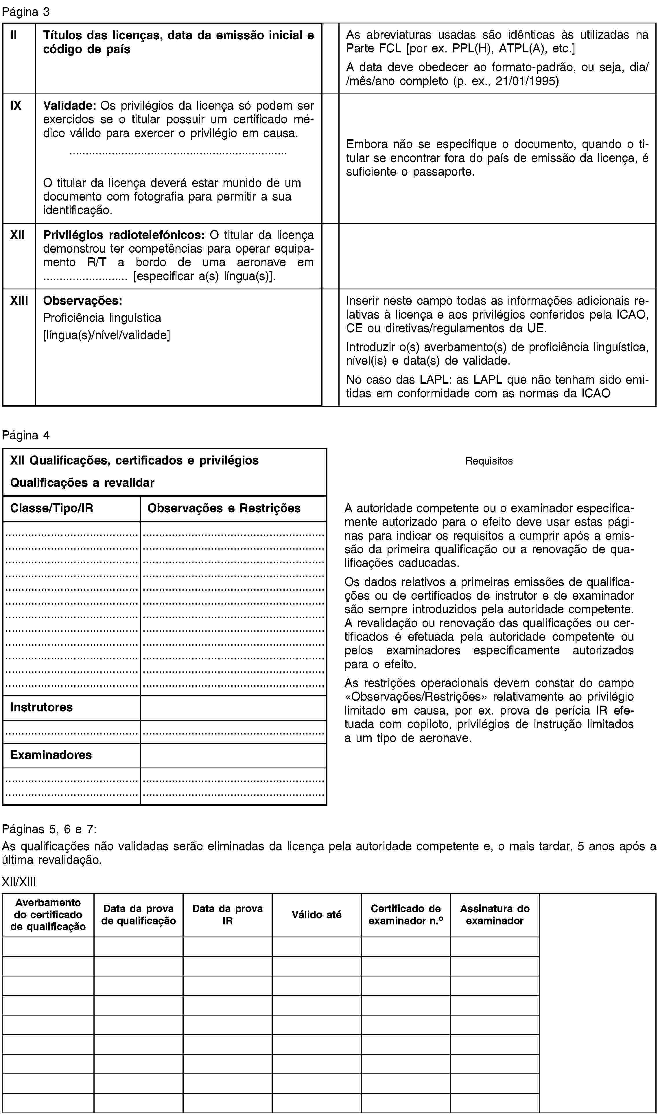 Página 3IITítulos das licenças, data da emissão inicial e código de paísAs abreviaturas usadas são idênticas às utilizadas na Parte FCL [por ex. PPL(H), ATPL(A), etc.]A data deve obedecer ao formato-padrão, ou seja, dia/mês/ano completo (p. ex., 21/01/1995)IXValidade: Os privilégios da licença só podem ser exercidos se o titular possuir um certificado médico válido para exercer o privilégio em causa.O titular da licença deverá estar munido de um documento com fotografia para permitir a sua identificação.Embora não se especifique o documento, quando o titular se encontrar fora do país de emissão da licença, é suficiente o passaporte.XIIPrivilégios radiotelefónicos: O titular da licença demonstrou ter competências para operar equipamento R/T a bordo de uma aeronave em … [especificar a(s) língua(s)].XIIIObservações:Proficiência linguística[língua(s)/nível/validade]Inserir neste campo todas as informações adicionais relativas à licença e aos privilégios conferidos pela ICAO, CE ou diretivas/regulamentos da UE.Introduzir o(s) averbamento(s) de proficiência linguística, nível(is) e data(s) de validade.No caso das LAPL: as LAPL que não tenham sido emitidas em conformidade com as normas da ICAOPágina 4XII Qualificações, certificados e privilégiosQualificações a revalidarRequisitosClasse/Tipo/IRObservações e RestriçõesA autoridade competente ou o examinador especificamente autorizado para o efeito deve usar estas páginas para indicar os requisitos a cumprir após a emissão da primeira qualificação ou a renovação de qualificações caducadas.Os dados relativos a primeiras emissões de qualificações ou de certificados de instrutor e de examinador são sempre introduzidos pela autoridade competente. A revalidação ou renovação das qualificações ou certificados é efetuada pela autoridade competente ou pelos examinadores especificamente autorizados para o efeito.As restrições operacionais devem constar do campo «Observações/Restrições» relativamente ao privilégio limitado em causa, por ex. prova de perícia IR efetuada com copiloto, privilégios de instrução limitados a um tipo de aeronave.InstrutoresExaminadoresPáginas 5, 6 e 7:As qualificações não validadas serão eliminadas da licença pela autoridade competente e, o mais tardar, 5 anos após a última revalidação.XII/XIIIAverbamento do certificado de qualificaçãoData da prova de qualificaçãoData da prova IRVálido atéCertificado de examinador n.oAssinatura do examinador