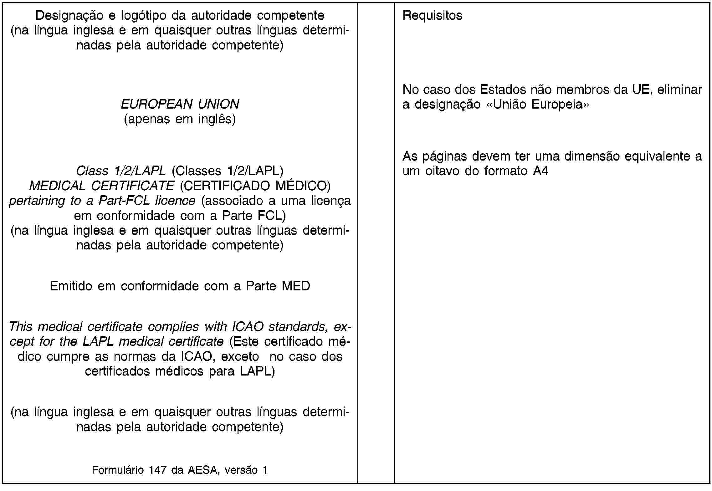 Designação e logótipo da autoridade competente(na língua inglesa e em quaisquer outras línguas determinadas pela autoridade competente)RequisitosEUROPEAN UNION(apenas em inglês)Class 1/2/LAPL (Classes 1/2/LAPL)MEDICAL CERTIFICATE (CERTIFICADO MÉDICO)pertaining to a Part-FCL licence (associado a uma licença em conformidade com a Parte FCL)(na língua inglesa e em quaisquer outras línguas determinadas pela autoridade competente)Emitido em conformidade com a Parte MEDThis medical certificate complies with ICAO standards, except for the LAPL medical certificate (Este certificado médico cumpre as normas da ICAO, exceto no caso dos certificados médicos para LAPL)(na língua inglesa e em quaisquer outras línguas determinadas pela autoridade competente)Formulário 147 da AESA, versão 1No caso dos Estados não membros da UE, eliminar a designação «União Europeia»As páginas devem ter uma dimensão equivalente a um oitavo do formato A4