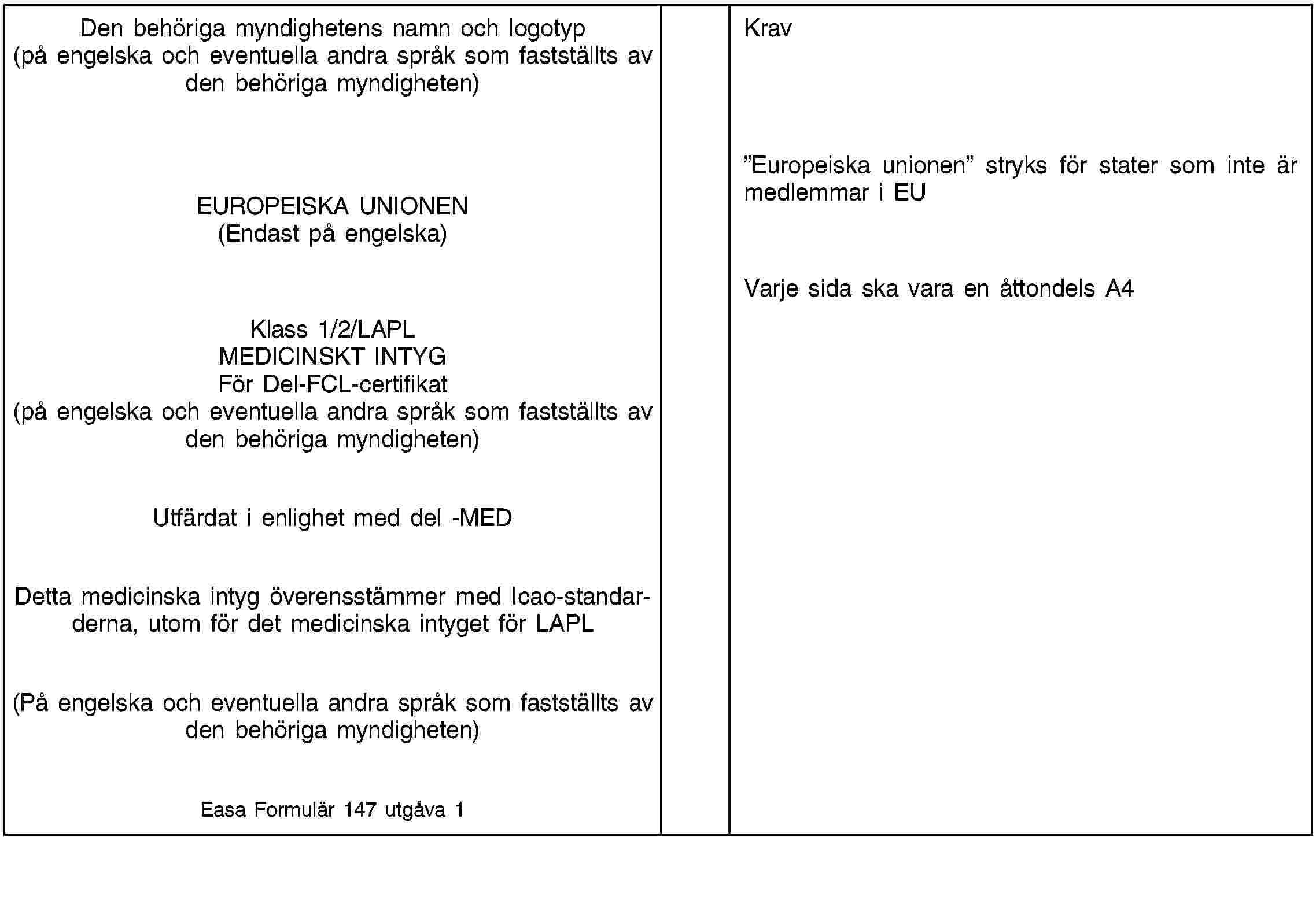 Den behöriga myndighetens namn och logotyp(på engelska och eventuella andra språk som fastställts av den behöriga myndigheten)KravEUROPEISKA UNIONEN(Endast på engelska)Klass 1/2/LAPLMEDICINSKT INTYGFör Del-FCL-certifikat(på engelska och eventuella andra språk som fastställts av den behöriga myndigheten)Utfärdat i enlighet med del -MEDDetta medicinska intyg överensstämmer med Icao-standarderna, utom för det medicinska intyget för LAPL(På engelska och eventuella andra språk som fastställts av den behöriga myndigheten)Easa Formulär 147 utgåva 1”Europeiska unionen” stryks för stater som inte är medlemmar i EUVarje sida ska vara en åttondels A4