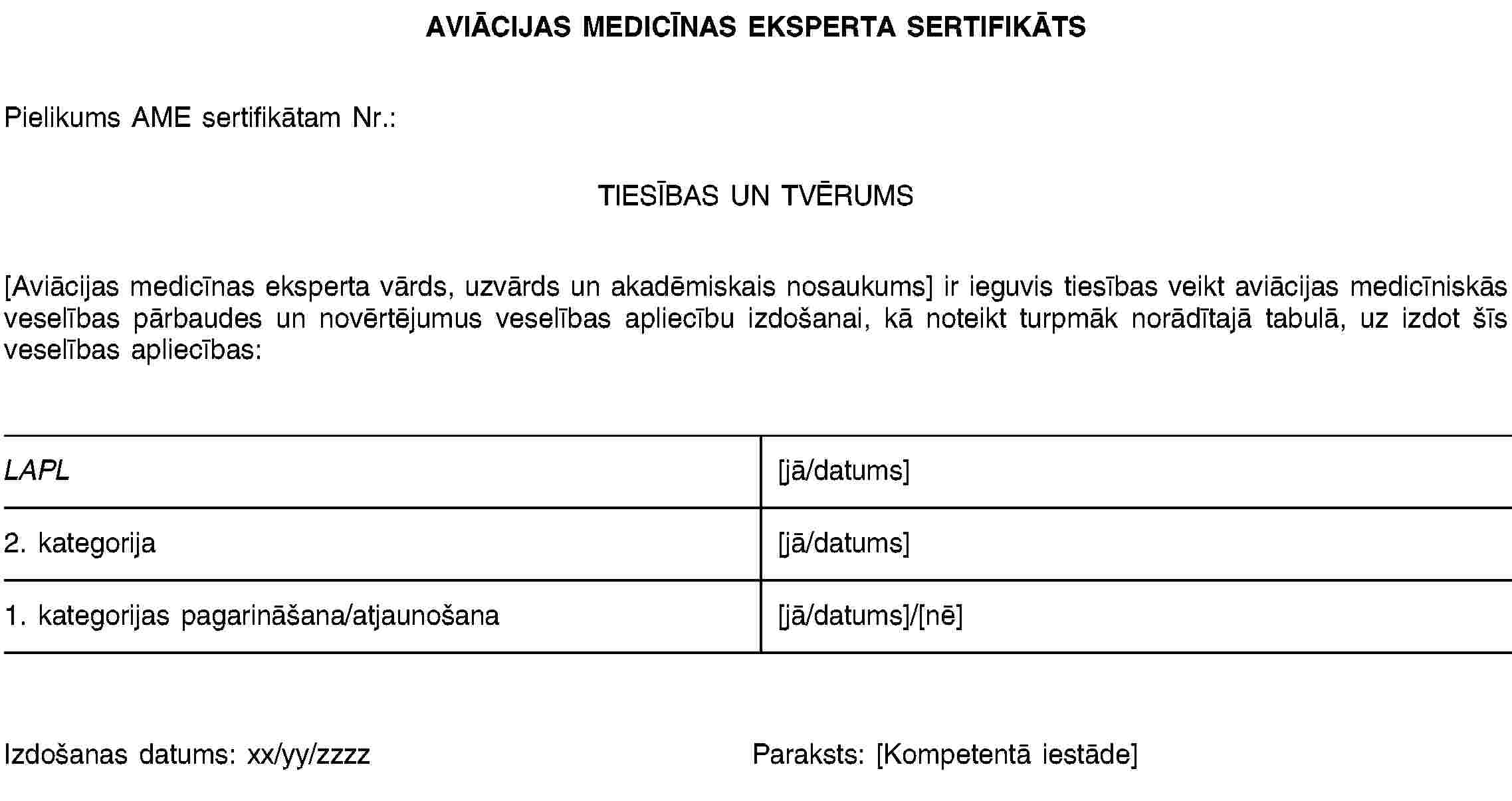 AVIĀCIJAS MEDICĪNAS EKSPERTA SERTIFIKĀTSPielikums AME sertifikātam Nr.:TIESĪBAS UN TVĒRUMS[Aviācijas medicīnas eksperta vārds, uzvārds un akadēmiskais nosaukums] ir ieguvis tiesības veikt aviācijas medicīniskās veselības pārbaudes un novērtējumus veselības apliecību izdošanai, kā noteikt turpmāk norādītajā tabulā, uz izdot šīs veselības apliecības:LAPL[jā/datums]2. kategorija[jā/datums]1. kategorijas pagarināšana/atjaunošana[jā/datums]/[nē]Izdošanas datums: xx/yy/zzzzParaksts: [Kompetentā iestāde]