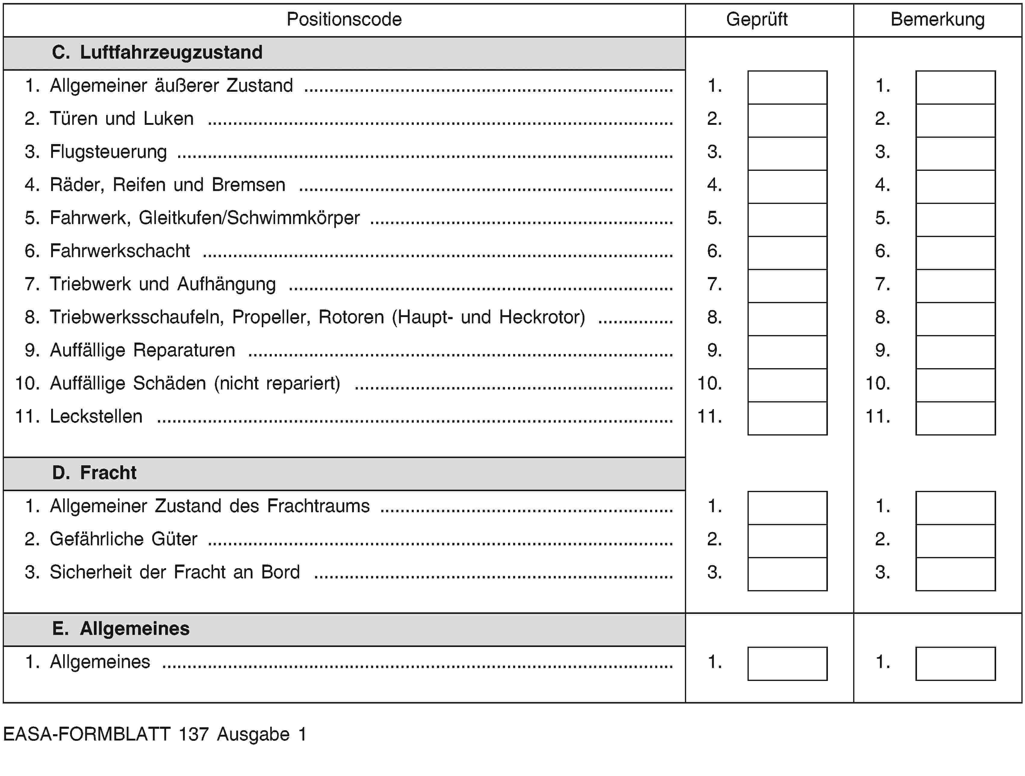 PositionscodeGeprüftBemerkungC. Luftfahrzeugzustand1. Allgemeiner äußerer Zustand …1.1.2. Türen und Luken …2.2.3. Flugsteuerung …3.3.4. Räder, Reifen und Bremsen …4.4.5. Fahrwerk, Gleitkufen/Schwimmkörper …5.5.6. Fahrwerkschacht …6.6.7. Triebwerk und Aufhängung …7.7.8. Triebwerksschaufeln, Propeller, Rotoren (Haupt- und Heckrotor) …8.8.9. Auffällige Reparaturen …9.9.10. Auffällige Schäden (nicht repariert) …10.10.11. Leckstellen …11.11.D. Fracht1. Allgemeiner Zustand des Frachtraums …1.1.2. Gefährliche Güter …2.2.3. Sicherheit der Fracht an Bord …3.3.E. Allgemeines1. Allgemeines …1.1.EASA-FORMBLATT 137 Ausgabe 1